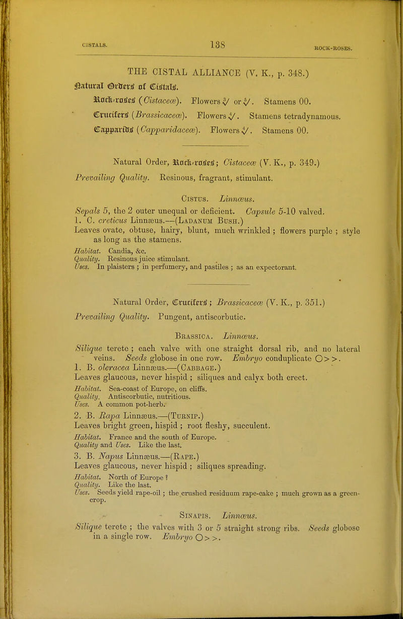 BOCU-nOSES. THE CISTAL ALLIANCE (V. K., p. 348.) jgatutral <BrXiev^ at CtStafe. ^^aeiK'Xa^t^ (Cistacece). Flowers^ or^. Stamens 00. €v\iciltr^ {Brassicacece). Flowers ;y. Stamens tetradynamous. (Stippmi'ai {Capparidacece). Flowers,y. Stamens 00. Natural Order, !a0c6--r0;Sc^; Cistacece (V. K., p. 349.) Prevailing Quality. Resinous, fragrant, stimulant. CisTus. Linnaeus. Sepals 5, the 2 outer unequal or deficient. Capsule 5-10 valved. 1. 0. creticus Linnaeus.—(Ladanum Bush.) Leaves ovate, obtuse, hairy, blunt, much wrinkled ; flowers purple ; style as long as the stamens. Habitat. Candia, &c. Quality. Resinous juice stimulant. Uses. In plaisters ; in perfumery, and pastiles ; as an expectorant. Natural Order, CniciferjS; Brassicaceas (V. K,, p. 351.) Prevailing Quality. Pungent, antiscorbutic. Brassica. Linnceus. Silique terete ; each valve with one straight dorsal rib, and no lateral veins. /S'eedJs globose in one row. ^mtr^/o conduplicate 0> >• 1. B. oleracea Linnaeus.—(Cabbage.) Leaves glaucous, never hispid ; siliques and calyx both erect. Habitat. Sea-coast of Europe, on cliffs. Quality. Antiscorbutic, nutritious. Uses. A common pot-herb. 2. B. Bapa Linnaeus.—(Turnip.) Leaves bright green, hispid ; root fleshy, succulent. Habitat. France and the south of Europe. Quality and Uses. Like the last. 3. B. Napus Linnaeus.—(Rape.) Leaves glaucous, never hispid ; siliques spreading. Habitat. North of Europe ? Quality. Like the last. Uses. Seeds yield rape-oil; the crushed residuum rape-cake ; much grown as a green- crop. SiNAPis. Linnaeus. Silique terete ; the valves with 3 or 5 straight strong ribs. Seeds globose in a single row. EinhryoO>>.