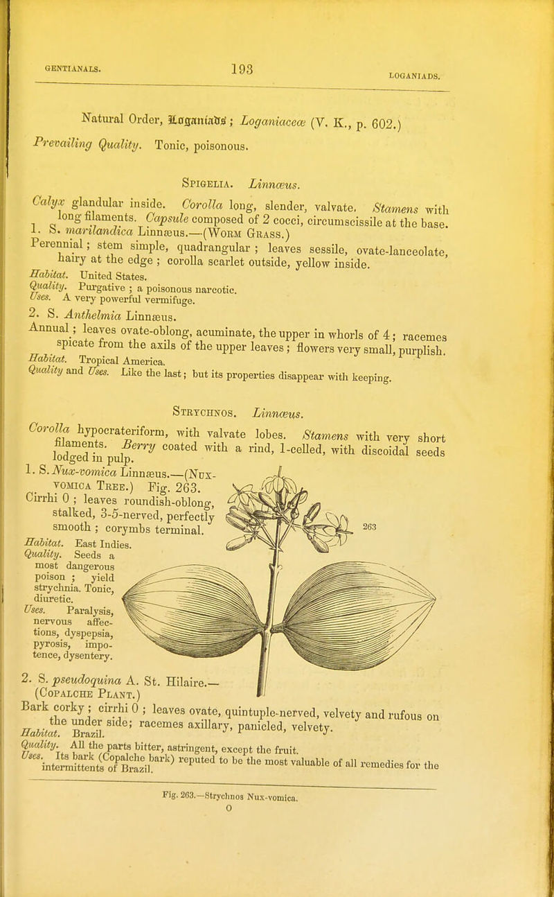 LOGANIADS. Natiu-al Order, itoflauiatfsf; Loganiacew (V. K., p. 602.) Prevailing Quality. Tonic, poisonous. Spigelia. Linnceus. Calyx glandular inside. Corolla long, slender, valvate, Stamens with Jong Uamonts. Capsule composed of 2 cocci, circumscissile at the base. 1. b. manlanchca Linnajus.—(Worm Grass.) Perennial; stem simple, quadrangular ; leaves sessile, ovate-lanceolate. Hairy at the edge ; corolla scarlet outside, yellow inside. HaUtat. United States. Quality. Purgative ; a poisonous narcotic. Uses. A very powerful vermifuge. 2. S. Anthelmia Linnteus. Annual ; leaves ovate-oblong, acuminate, the upper in whorls of 4; racemes spicate from the axils of the upper leaves; flowers very small, purplish. Habitat. Tropical America. Quality and Uses. Like the last; but its properties disappear with keeping. Strychnos, Linnceus. Corolla hypocrateriform, with valvate lobes. Stamens with very short lod7edtn pulf ''^^'^ ''^ ^ '^^ ^'''''^^^ 1. S.JVux-vomica Linnaeus.—(Nvx- voMiCA Tree.) Fig. 263. Ch-rhi 0 ; leaves roundish-oblong, stalked, 3-5-nerved, perfectly smooth ; corymbs terminal. Habitat. East Indies. Quality. Seeds a most dangerous poison ; yield strychnia. Tonic, diiu-etic. Uses. Paralysis, nervous affec- tions, dyspepsia, pyrosis, impo- tence, dysentery. 2. S. pseudoquina A. St. Hilaire.- (Copalche Plant.) Bark corky ; cirrhi 0 ; leaves ovate, quintuple-nerved, velvety and rufous on HaUt^ B^^'^''' '''''''' ^^^^y- ^^1^%- Quality. AU the parts bitter, astringent, except the fruit. ''''^ni^^S'Tit:^'''''^ P*^' *° ^^-^1^ °f ^ remedies for the Fig. 203.—Stryclinos Nu.x-vomica.