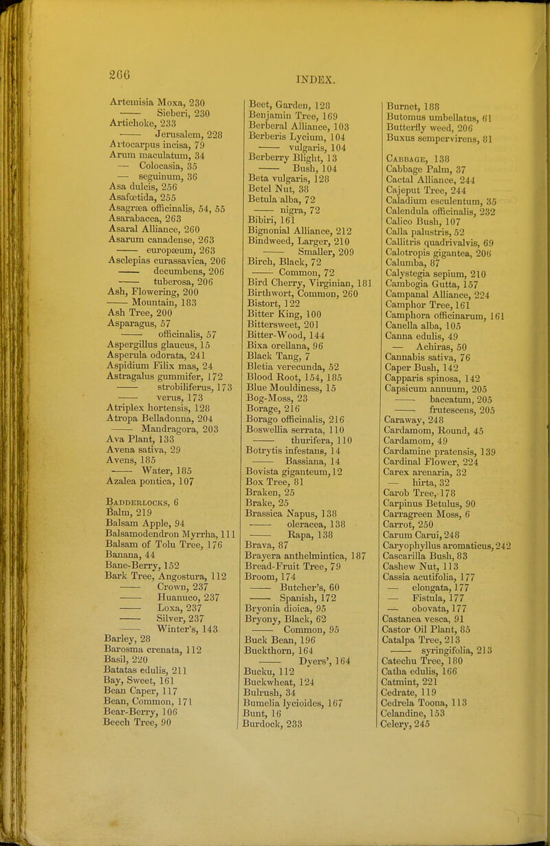 INDEX. Artemisia Moxa, 230 Sieberi, 230 Artichoke, 233 Jerusalem, 228 Artocarpus incisa, 79 A rum maculatum, 34 — Colocasia, 35 — seguinum, 36 Asa dulcis, 256 Asafoetida, 255 Asagrtea officinalis, 54, 55 Asarabacca, 263 Asaral Alliance, 260 Asarum canadense, 263 europajum, 263 Asclepias cm-assavica, 206 decumbens, 206 tuberosa, 206 Ash, Flowering, 200 Mountain, 183 Ash Tree, 200 Asparagus, 57 officinalis, 57 Aspergillus glaucus, 15 Asperula odorata, 241 Aspidium FiUx mas, 24 Astragalus gummifer, 172 strobiliferus, 173 verus, 173 Atriplex hortensis, 128 Atropa Belladonna, 204 Maudragora, 203 Ava Plant, 133 A vena sativa, 29 Avens, 185 ■ Water, 185 Azalea pontica, 107 Badderlocks, 6 Balm, 219 Balsam Apple, 94 Balsamodendron Myr'rha, 111 Balsam of Tolu Tree, 176 Banana, 44 Bane-Berry, 152 Bark Tree, Angostura, 112 Crown, 237 Huamico, 237 Loxa, 237 Silver, 237 Winter's, 143 Barley, 28 Barosma crenata, 112 Basil, 220 Batatas edulis, 211 Bay, Sweet, 161 Bean Caper, 117 Bean, Common, 171 Bear-Berry, 106 Beech Tree, 90 Beet, Garden, 128 Benjamin Tree, 169 Berberal Alliance, 103 Berberis Lycium, 104 ■ vulgaris, 104 Berberry Blight, 13 Bush, 104 Beta vulgaris, 128 Betel Nut, 38 Betula alba, 72 nigra, 72 Bibiri, 161 Bignonial Alliance, 212 Bindweed, Larger, 210 Smaller, 209 Bu-ch, Black, 72 Common, 72 Bird Cherry, Virginian, 181 Bii-thwort, Common, 260 Bistort, 122 Bitter Kmg, 100 Bittersweet, 201 Bitter-Wood, 144 Bixa orellana, 96 Black Tang, 7 Bletia verecunda, 52 Blood Root, 154, 185 Blue Mouldiness, 15 Bog-Moss, 23 Borage, 216 Borago officinalis, 216 Boswellia serrata, 110 thurifera, 110 Botrytis infestans, 14 Bassiana, 14 Bovista giganteum, 12 Box Tree, 81 Braken, 25 Brake, 25 Brassica Napus, 138 ■ oleracea, 138 Rapa, 138 Brava, 87 Brayera anthelmmtica, 187 Bread-Fruit Tree, 79 Broom, 174 Butcher's, 60 Spanish, 172 Bryonia dioica, 95 Bryony, Black, 62 Common, 95 Buck Bean, 196 Buckthorn, 164 Dyers', 164 Bucku, 112 Buckwheat, 124 Buh'ush, 34 Bumelia lycioides, 167 Bunt, 16 Burdock, 233 Burnet, 188 Butomus umbellatus, 61 Buttei-fly weed, 206 Buxus sempervirens, 81 Cabbage, 138 Cabbage Palm, 37 Cactal Alliance, 244 Cajeput Tree, 244 Caladium eseulentum, 35 Calendula officinalis, 232 Calico Bush, 107 Calla palustris, 52 CaUitris quadrivalvis, 69 Calotropis gigantea, 206 Calumba, 87 Calystegia sepium, 210 Cambogia Gutta, 157 Campaual Alliance, 224 Camphor Tree, 161 Camphora officinarum, 161 Canella alba, 105 Canna eduhs, 49 — Achiras, SO Cannabis sativa, 76 Caper Bush, 142 Capparis spinosa, 142 Capsicum annuum, 205 • baccatum, 205 frutesceus, 205 Caraway, 248 Cardamom, Round, 45 Cardamom, 49 Cardamine pratensis, 139 Cardinal Flower, 224 Carex arenaria, 32 — hirta, 32 Carob Tree, 178 Carpinus Betulus, 90 Carragreen Moss, 6 Carrot, 250 Carum Carui, 248 Caryophyllus aromaticus, 242 Cascarilla Bush, 83 Cashew Nut, 113 Cassia acutifolia, 177 — elongata, 177 — Fistula, 177 — obovata, 177 Castanea vesca, 91 Castor Oil Plant, 85 Catalpa Tree, 213 syringifolia, 213 Catechu Tree, 180 Catha eduhs, 166 Catmint, 221 Cedrate, 119 Cedrela Toona, 113 Celandine, 153 Celery, 245