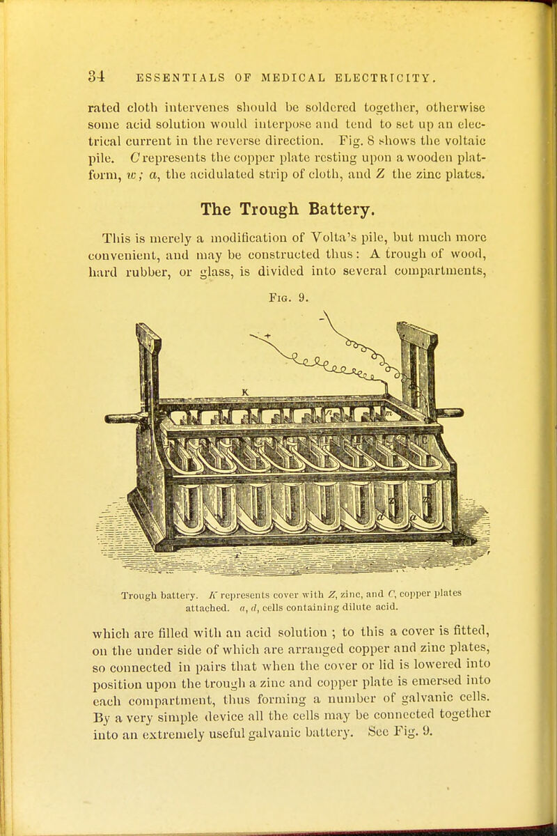 rated cloth intervenes should be soldered together, otherwise some acid solution would interpose and tend to set up an elec- trical current in the reverse direction. Fig. 8 shows the voltaic pile. Crepresents the copper plate resting upon a wooden plat- form, tc.; a, the acidulated strip of cloth, and Z the zinc plates. The Trough Battery. This is merely a modification of Volta's pile, but much more convenient, and may be constructed thus: A trough of wood, hard rubber, or glass, is divided into several compartments, Fig. 9. Trough battery. K represents cover with Z, zinc, and C, copper plates attached, a, d, cells containing dilute acid. which are filled with an acid solution ; to this a cover is fitted, on the under side of which are arranged copper and zinc plates, so connected in pairs that when the cover or lid is lowered into position upon the trough a zinc and copper plate is emersed into each compartment, thus forming a number of galvanic cells. By a very simple device all the cells may be connected together