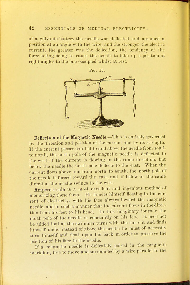 of a galvanic battery the needle was deflected and assumed a position at an angle with the wire, and the stronger the electric current, the greater was the deflection, the tendency of the force acting being to cause the needle to take up a position at right angles to the one occupied whilst at rest. Fig. 15. Deflection of the Magnetic Needle—This is entirely governed by the direction and position of the current and by its strength. If the current passes parallel to and above the needle from south to north, the north pole of the magnetic needle is deflected to the west, if the current is flowing in the same direction, but below the needle the north pole deflects to the east. When the current flows above and from north to south, the north pole of the needle is forced toward the east, and if below in the same direction the needle swings to the west. Ampere's rule is a most excellent and ingenious method of memorizing these facts. He fancies himself floating in the cur- rent of electricity, with his face always toward the magnetic needle, and in such a manner that the current flows in the direc- tion from his feet to his head. In this imaginary journey the north pole of the needle is constantly on his left. It need not be added that as the swimmer turns with the current and finds himself under instead of above the needle he must of necessity turn himself and float upon his back in order to preserve the position of his face to the needle. If a magnetic needle is delicately poised in the magnetic meridian, free to move and surrounded by a wire parallel to the