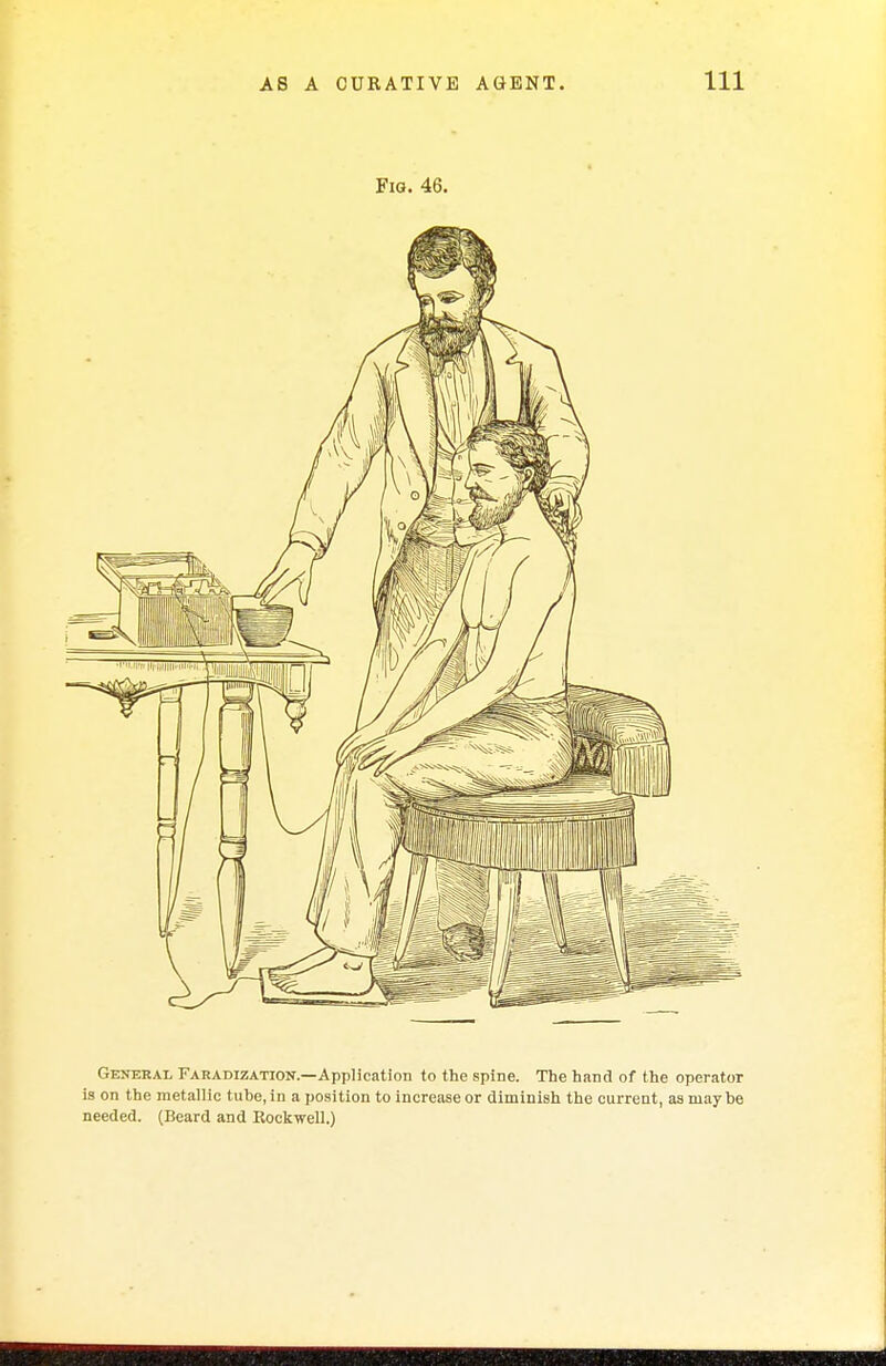 General Faradization.—Application to the spine. The hand of the operator is on the metallic tube, in a position to increase or diminish the current, as may be needed. (Beard and Eockwell.)