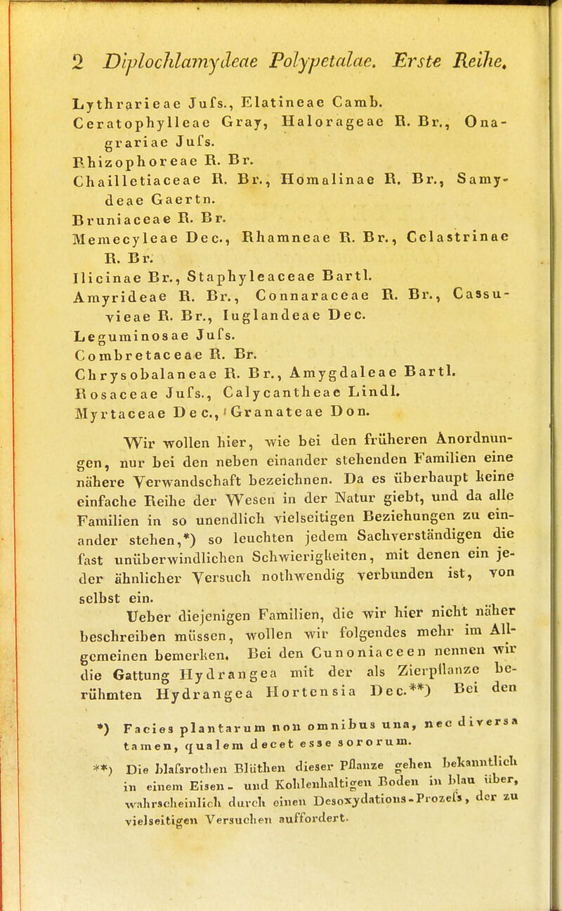 Lythrarieae Jufs., Elatineae Carab. Ceratophylleae Gray, Halorageae R. Br., Ona- grariae Jufs. Phizophoreae R. Br. Chailletiaceae R. Br., Homalinae R. Br., Samy- deae Gaertn. Rruniaceae R. Br. Memecyleae Dec, Rhamneae R. Br., Cclastrinae R. Br. Ilicinae Br., Staphyleaceae Bartl. Amyrideae R. Br., Connaraceae R. Br., Cassu- vieae R. Br., Iuglandeae Dec. Leguminosae Jufs. Combretaceae R. Br. Clirysobalaneae B. Br., Amygdaleae Bartl. Rosaceae Jufs., Calycantheae Lindl. Myrtaceae D e c,' Granate ae Don. Wir wollen hier, wie bei den früheren Anordnun- gen, nur bei den neben einander siebenden Familien eine nähere Verwandschaft bezeichnen. Da es überhaupt heine einfache Reihe der Wesen in der Natur giebt, und da alle Familien in so unendlich vielseitigen Beziehungen zu ein- ander stehen,*) so leuchten jedem Sachverständigen die fast unüberwindlichen Schwierigkeiten, mit denen ein je- der ähnlicher Versuch nothwendig verbunden ist, von selbst ein. TJeber diejenigen Familien, die wir hier nicht näher beschreiben müssen, wollen wir folgendes mehr im All- gemeinen bemerken. Bei den Cunoniaceen nennen wir die Gattung Hydrangea mit der als Zierpüanzc be- rühmten Hydrangea Hortensia Dec**) Bei den *) Facies plantarum non omnibus una, nec diversa tarnen, qualera decet esse sororuin. **) Die blafsrotl.en Blüthen dieser Pflanze gehen bekanntlich in einem Eisen- und Kohlenhalden Boden in blau über, wahrscheinlich durch einen Desoxydation*-Prozefs, der zu vielseitigen Versuchen auffordert.