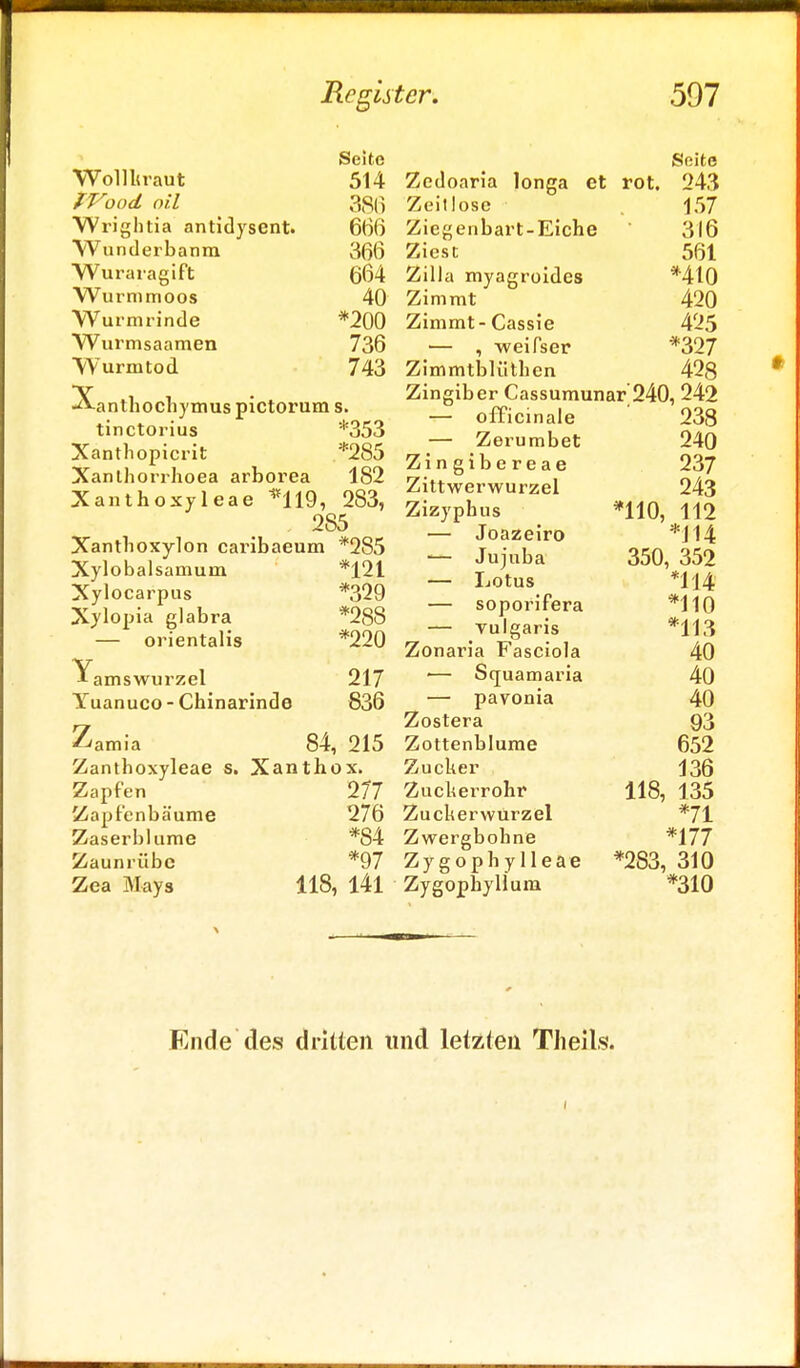 Wollkraut fVood oil Wrightia antidysent. Wunderbanm Wuraragift Wurmmoos Wurmrinde Wurmsaamen VYurmtod X Seite 514 386 666 366 664 40 *200 736 743 anthoehymus pictorum s. tinetorius *353 Xantliopicrit *285 Xanlhorrhoea arborea 182 Xanthoxyleae *H9, 283, 285 Xanthoxylon caribaeum *285 Xylobalsamum *121 Xylocarpus *329 Xylopia glabra *288 — orientalis *220 Yamswurzel Yuanuco - Chinarinde 217 836 Zamia 84, 215 Zanthoxyleae s. Xanthox. Zapfen 277 Zapfenbäume 276 Zaserblume *84 Zaunrübe *97 Zea Mays 118, 141 Seite Zcdoaria longa et rot. 243 Zeitlose 157 Ziegenbart-Eiche 3I6 Ziest 561 Zilla myagroides *410 Zimmt 420 Zimmt-Cassie 425 — , weifser *327 Zimmtblüthen 428 Zingiber Cassumunar 240, 242 — officinale 238 — Zerumbet 240 Zingibereae 237 Zittwerwurzel 243 Zizyphus *H0, 112 — Joazeiro *H4 — Jujuba 350, 352 — Lotus *M4 — soporifera *110 — vulgaris *113 Zonaria Fasciola 40 •— Scfuamaria 40 — pavonia 40 Zostera 93 Zottenblume 652 Zucker 136 Zuckerrohr Zuckerwurzel Zwergbohne Zygophylleae Zygophyllum 118, 135 *71 *177 *2S3, 310 *310 Ende des dritten und letzten Theils.