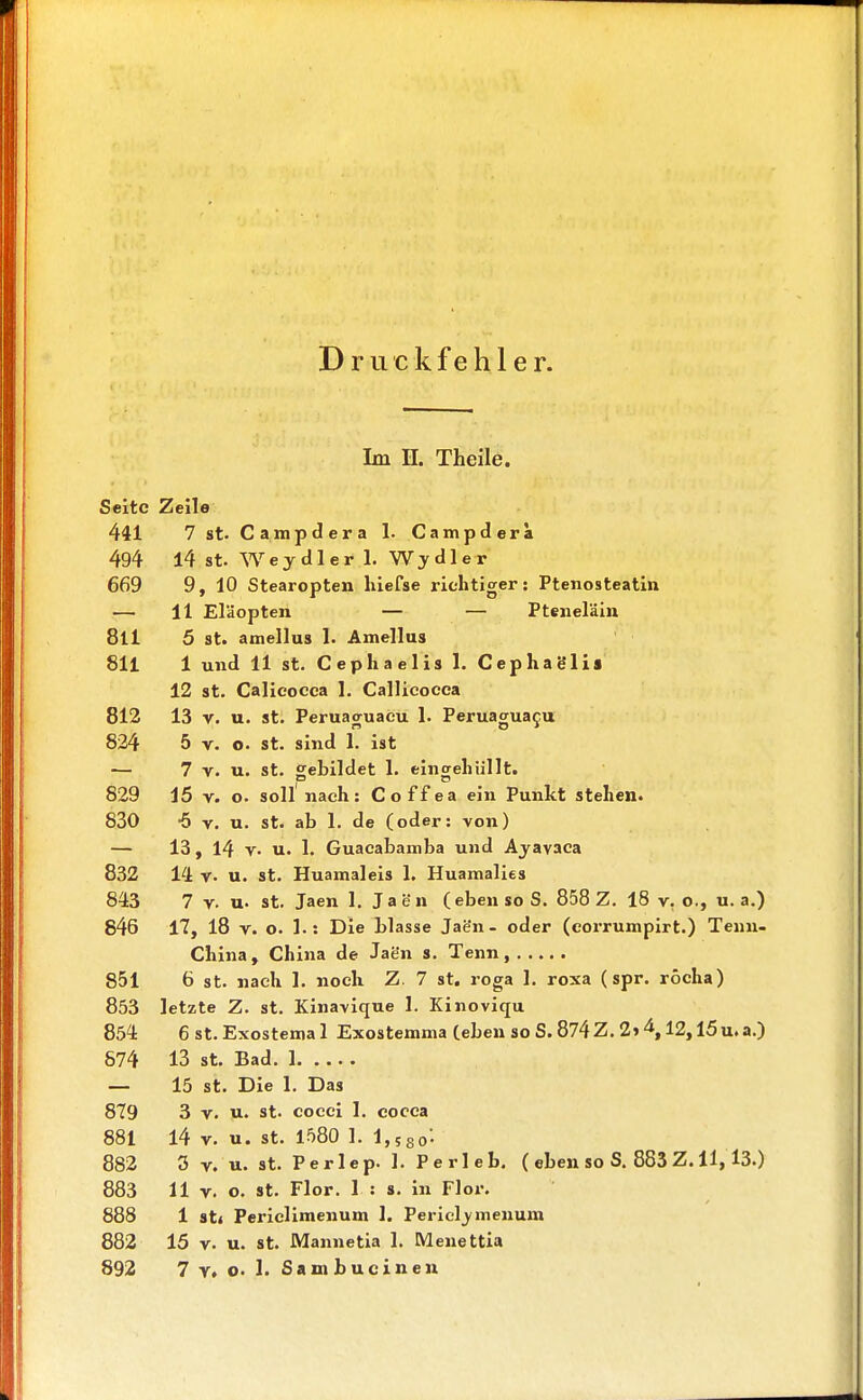 Druckfehler. Im II. Theile. Seite Zeile 441 7 st. Campdera 1. Campdera 494 14 st. Wey dl er 1. Wy die r 669 9, 10 Stearopten hiefse richtiger: Ptenosteatin — 11 Eläopten — — Pteneläin 8ll 5 st. amellus 1. Amellus 811 1 und 11 st. Cephaelisl. Cephaelis 12 st. Calieocca 1. Callicoeea 812 13 v. u. st. Peruaguacu 1. Peruaguacu 824 5 v. o. st. sind 1. ist — 7 v. u. st. gebildet 1. eingehüllt. 829 15 v. o. soll nach: Coffea ein Punkt stehen. 830 -5 v. u. st. ab 1. de (oder: von) — 13, 14 v- u. 1. Guacabamba und Ayavaca 832 14 v. u. st. Huamaleis 1. Huamalies 843 7 v. u. st. Jaen 1. Jaen (eben so S. 858 Z. 18 v.o., u.a.) 846 17, 18 v. o. 1.: Die blasse Jae'n- oder (eorrumpirt.) Tenn- China, China de Jaen s. Tenn, 851 6 st. nach 1. noch Z. 7 st. roga 1. roxa (spr. röcha) 853 letzte Z. st. Kinavique 1. Kinoviqu 854 6 st.Exostemal Exostemma (eben so S. 874Z. 2»4,12,15u.a.) 874 13 st. Bad. 1 — 15 st. Die 1. Das 879 3 v. u. st. cocci 1. cocca 881 14 v. u. st. 1580 1. l,5So'- 882 3 v. u. st. Perlep. 1. Perleb. ( eben so S. 883 Z. 11,13.) 883 11 v. o. st. Flor. 1 : s. in Flor. 888 1 st« Periclimenum 1. Pericljmenum 882 15 v. u. st. Mannetia 1. Meuettia 892 7 v. o. 1. Sani bucin en