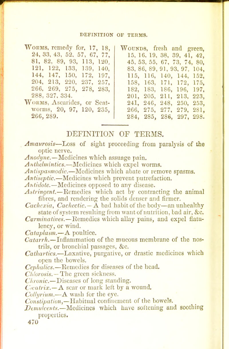 Wokms, remedy for, 17, 18, 24, 33, 43, 52, 57, 67, 77, 81, 82, 89, 93, 113, 120, 121, 122, 133, 139, 140, 144, 147, 150, 172, 197, 204, 213, 220, 237, 257, 266, 269, 275, 278, 283, 288, 327, 334. Worms, Ascarides, or Seat- worms, 20, 97, 120, 235, 266, 289. Wounds, fresh and green, 15, 16. 19, 38, 39, 41, 42, 45, 53, 55, 67, 73, 74, 80, 83, 86, 89, 91, 93, 97, 104, 115, 116, 140, 144, 152, 158, 163, 171, 172, 175, 182, 183, 186, 196, 197, 201, 205, 211, 213, 223, 241, 246, 248, 250, 253, 266, 275, 277, 279, 281, 284, 285, 286, 297, 298. DEFINITION OF TERMS. Amaurosis—Loss of sight proceeding from paralysis of the optic nerve. Anodyne.—Medicines which assuage pain. Anthelmintics.—Medicines which expel worms. Antispasmodic.—Medicines which abate or remove spasms. Antiseptic.—Medicines which prevent putrefaction. Antidote.—Medicines opposed to any disease. Astringent.—Remedies which act by contracting the animal fibres, and rendering the solids denser and firmer. Cachexia, Cachectic — A. bad habit of the body—an unhealthy state of system resulting from want of nutrition, bad air, &c. Carminatives.—Remedies which allay pains, and expel flatu- lency, or wind. Cataplasm.—A poultice. Catarrh.—Inflammation of the mucous membrane of the nos- trils, or bronchial passages, &c. Cathartics.—Laxative, purgative, or drastic medicines which open the bowels. Ccphatics.—Remedies for diseases of the head. Chlorosis. — The green sickness. Chronic.—Diseases of long standing. Cicatrix.—A scar or mark left by a wound. Collyrium.-—A wash for the eye. Constipation,—Habitual confinement of the bowels. Demulcents.—Medicines which have softening and soothing properties.