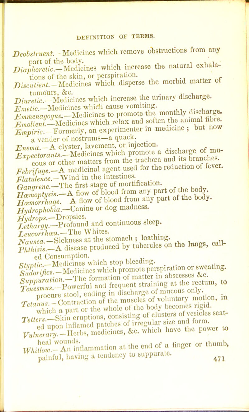 Deobstruent. - Medicines which remove obstructions from any part of the body. , , , ,, Diaphoretic.-m&icineB which increase the natural exhala- tions of the skin, or perspiration. Discutient.-Medicines which disperse the morbid matter of tumours, &c. . , „„Q Diuretic—Medicines which increase the urinary dischaige. vmetic.—Medicines which cause vomiting. £ , ,/BWe.-Medicines to promote the monthly discharge. Emolieni>-Medicines which relax and soften the*b.e. ^mpmc.-l'ormerly, an experimenter m medicine; but now a vender of nostrums—a quack. Enema. — A clyster, lavement, or injection. F«eCtorante-Medicines which promote a discharge of mu- Pcous or other matters from the traehcea and its branches Febr?fuge -A medicinal agent used for the reduction of fever. Flatulence.-WmA in the intestines Ganarene —The first stage of mortification. ffSSks.-A flow of blood from any part of the body. H^lTage. A flow of blood from any part of the body. m/Jrophobia.-Czm™ or dog madness. Hydrops.—Dropsies. ^/^y.—Profound and continuous sleep. Leucorrhaza.—The Whites. 7V«Ms«i.-Sickncss at the stomach ; loathing. PaE.-A disease produced by tubercles on the rangs, call- ed Consumption. c/„n/,> —Medicines which stop bleeding. S-Medicines which promote perspiration or sweating. Sduration -The formation of matter in abscesses &c. S,m« -Powerful and frequent straining at the rectum, to Trociu-e stool, ending in discharge ot mucous only Tetany*-Contraction of the muscles of voluntary motion, in which a part or the whole of the body becomes rigid. -Skin eruptions, consisting of dusters of vesicles scat- cd upon inflamed patches of irregular size and foim. Vulnerary™ Herbs, medicines, &c. which have the powei to TV^D::;!! WA';;t,hunm:llion at the end Of o finger or thumb, painful, having a tendency to suppurate. ^