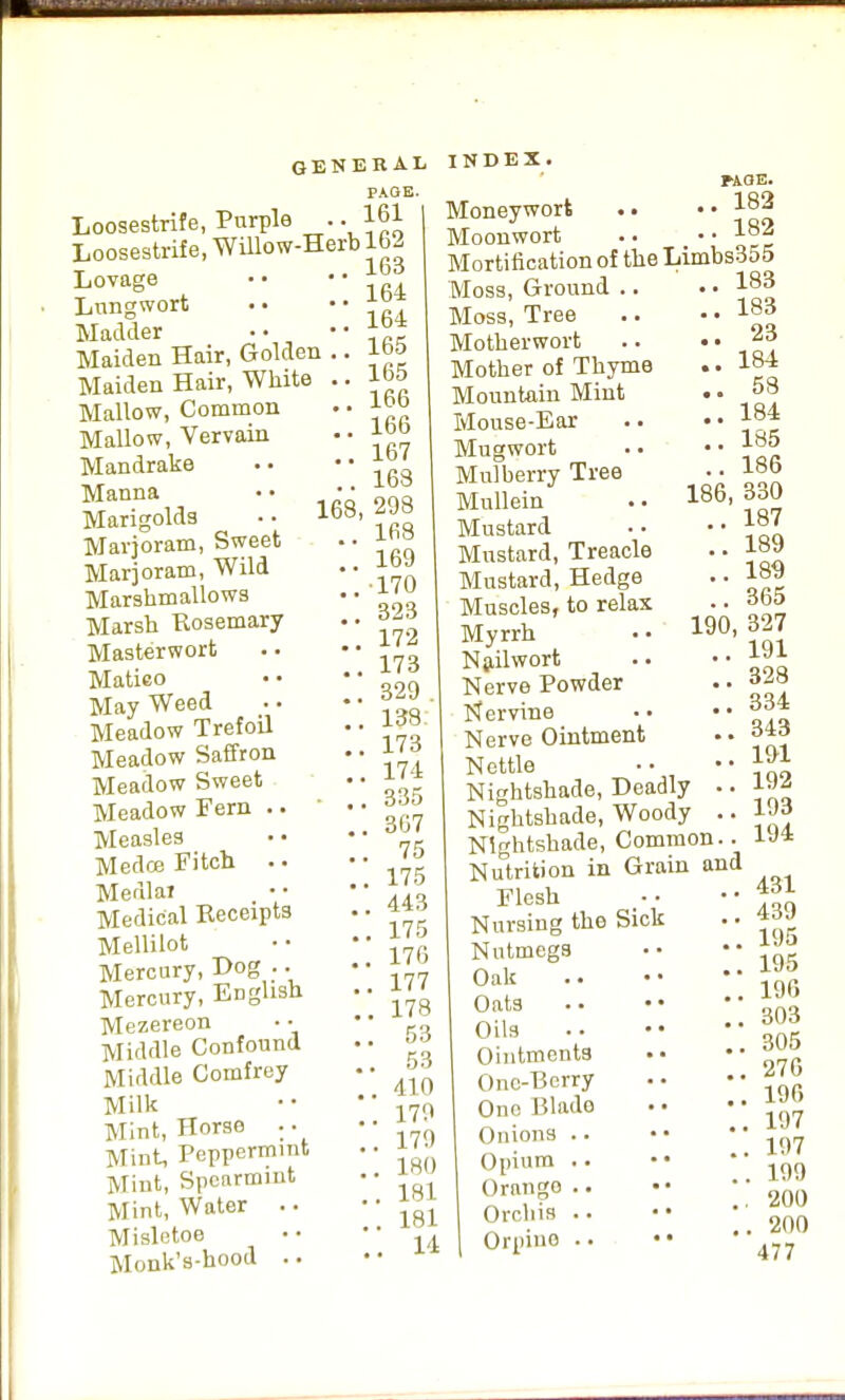 PAGE Loosestrife, Purple .. 161 Loosestrife, Willow-Herb 162 Lovage \f Lungwort ••  Madder •• Maiden Hair, Golden .. Ib5 Maiden Hair, White .. Ib5 Mallow, Common • ■ Mallow, Vervain •• Mandrake ..  igg Manna • • •• „q Marigolds .. 168, 298 Marjoram, Sweet •. «|° Marjoram, Wild • • i°j Marshmallows -J Marsh Rosemary • • ^J> Masterwort .. 173 Matieo • • • • 00 May Weed . . •• Meadow Trefoil • • ^» Meadow Saffron • • 1 <J> Meadow Sweet • • 1' Meadow Fern .. ■ • • Measles • • • ■ °' Medce Fitch • • 175 Medlat •• •' ..'„ Medical Receipts *™ Mellilot •• •• Mercury, Dog .. •• Mercury, English •• i» Mezereon • • • • ,„ Middle Confound • • °° Middle Comfrey •• °° Milk •• 170 Mint, Horse .. • • Mint, Peppermint . • lf» Mint, Spearmint • • 1 Mint, Water ..  \Ql Misletoe ■ • ' Monk's-hood .. PAOE. Moneywort . • • • 182 Moonwort .. • • 182 Mortification of the Limbs355 Moss, Ground .. . • 183 Moss, Tree .. ■• ^ Motherwort ..  , , Mother of Thyme .. 184 Mountain Mint .• 58 Mouse-Ear .. •• 184 Mugwort .. .-185 Mulberry Tree . . 186 Mullein .. 186, 3o0 Mustard • • 1°? Mustard, Treacle .. 18 J Mustard, Hedge .. Muscles, to relax .. 3b5 Myrrh • • 190. ™ Nailwort .. -.191 Nerve Powder .. o-» Nervine • • nit Nerve Ointment • • Nettle •• •• Nightshade, Deadly .. 192 Nightshade, Woody .. iai Nightshade, Common.. Nutrition in Grain and Flesh •• .-431 Nursing the Sick .. 439 Nutmegs •• n L   • 196 °,a.t9 -  303 Oils •• •• ■HOK Ointments •• ■• One-Berry .. •• One Blade .. • • *™> Onions . . •• •■ ^rj Opium .. •• 199 Orango .. •• ' 2oi) °/c,.,is ^ i . 200 Orpino .. •• 4?7