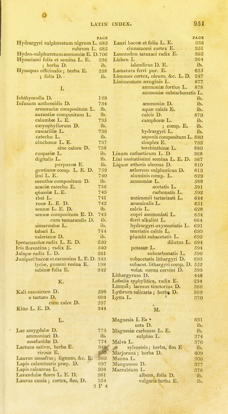 0 LATIN INDEX. 951 PAGE Hydrargyri sulphuretum nigrum L. 685 rubrum L. 685 Hydro-sulphuretum ammonias E. D. 706 Hyosciami folia et semina L. E. 336 ; herba D. ib. Hyssopus officinalis ; herba E. 338 ; folia D. ib. I. Ichthyocolla D. 1'29 Infusum anthemidis D. 734 armoracias compositum L. ib. aurantias compositum L. ib. calumbae L. E. 735 caryophyllorum D. ib. cascarillae L. 736 catechu L. ib. cinchona; L. E. 737 sine calore D. 738 cusparise L. , ib. digitalis L. ib. purpureas E. ib. gentianas comp. L. E. D. 739 lini L. E. 740 menthae compositum D. ib. acaciae catechu E. 736 quassias L. E. 740 rhei L. 741 rosae L. E. D. 742 sennas L. E. D. ib. sennae compositum E. D. 743 cum tamarandis D. ib. simaroubae L. ib. tabaci L. 744 Valeriana; D. ib. Ipecacuanhae radix L. E. D. 220 Iris florentina ; radix E. 340 Jalapae radix L. D. 261 Juniperi baccae et cacumina L. E. D. 343 lyciae, gummi resina E. 198 sabina? foha E. 342 K. Kali causticum D. 598 e tartaro D. 604 cum calce D. 597 Kino L. E. D. 344 PAGE Lauri baccae et folia L. E. 359 cinnamomi cortex E. 351 Leontodon taraxaci radix E. 362 Lichen L 364 islandicus D. E. ib. Lamatura ferri pur. E. . 655 Limones cortex, oleum, &c. L. D. 247 Linimentum aeruginis L. 877 ammonias fortius L. 878 ammoniae subcarbonatis L. ib. ammonias D. ib. aquae calcis E. ib. calcis D. 879 camphorae L. ib. ; comp. E. ib. hydrargyri L. ib. saponis compositum L. 880 simplex E. 732 terebinthinae L. 880 Linum catharticum L. D- 368 Lini ussitatissimi semina L. E. D. 367 Liquor astheris oleosus D. 810 aethereus sulphuricus D. 813 aluminis comp. L. 629 ammonias L. 588 acetatis L. 591 carbonatis L. 592 antimonii tartarizati L. 644 arsenicalis L. 651 calcis L. 628 cupri ammoniati L. 654 ferri alkalini L. 664 hydrargyri oxymuriatis L. 691 muriatis calcis L. 630 plumbi subacetatis L. 692 dilutus L. 694 potassae L. 594 subcarbonatis L. 596 subacetatis lithargyri D. 693 subacet. lithargyri comp. D. 552 volat. cornu cervini D. 593 Lithargyrum D. 448 Lobelia syphylitica, radix E. 234 Litmus; lacmus tinctorius D. 366 Lythrum salicaria ; herba D. 369 Lytta L. * 370 M. 631 ib. ib. 374 376 ib. 409 306 377 378 ib. ib. L. Lac amygdalae D. ammoniaci D. assafoetidas D. Lactuca sativos, herba E. vi rosae E. Laurus sassafras; lignum, &c, E. Lapis calaminaris praep. D. Lapis calcareus L. Lavandulae flores L. E. D. Laurus cassia ; cortex, flos. D. Magnesia L E* > usta D. 773 Magnesias carbonas L. E. ib. sulphas L. 774 Malva L. & sylvestris; berba, flos E 350 Maijorana ; herba D. 360 Manna L. 697 Manganese D. 204 Marrubium L. 361 album, folia D. 354 vulgaris herba E. 3 P -I