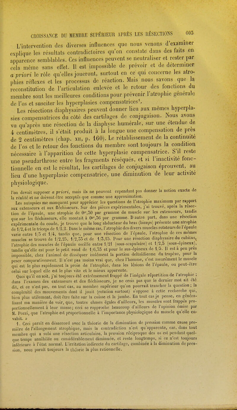 L'intervention des diverses influences que nous venons d'examiner explique les résultats contradictoires qu'on constate dans des faits en apparence semblables. Ces influences peuvent se neutraliser et rester par cela môme sans effet. 11 est impossible de prévoir et de déterminer a priori le rôle qu'elles joueront, surtout en ce qui concerne les atro- phies réflexes et les processus de réaction. Mais nous savons que la reconstitution de l'articulation enlevée et le retour des fonctions du membre sont les meilleures conditions pour prévenir l'atrophie générale de l'os et susciter les hyperplasies compensatrices1. Les résections diaphysaires peuvent donner lieu aux mêmes hyperpla- sies compensatrices du côté des cartilages de conjugaison. Nous avons vu qu'après une résection de la diaphyse humérale, sur une étendue de 4 centimètres, il s'était produit à la longue une compensation de près de 2 centimètres (chap. xn, p. 160). Le rétablissement de la continuité de l'os et le retour des fonctions du membre sont toujours la condition nécessaire à l'apparition de cette hyperplasie compensatrice. S'il reste une pseudarthrosc entre les fragments réséqués, et si l'inactivité fonc- tionnelle en est le résultat, les cartilages de conjugaison éprouvent, au lieu d'une hyperplasie compensatrice, une diminution de leur activité physiologique. l'on devait supposer a priori, mais ils ne peuvent cependant pas donner la notion exacte de la réalité et ne doivent être acceptés que comme une approximation. Les autopsies me manquent pour apprécier les questions de l'atrophie maximum par rapport aux extenseurs et aux fléchisseurs. Sur des pièces expérimentales, j'ai trouvé, après la résec- tion de l'épaule, une atrophie de 0*r,50 par gramme de muscle sur les extenseurs,^ tandis que sur les fléchisseurs, elle montait à (K5u par gramme. D autre part, dans une résection expérimentale du coude, je trouve que le long abducteur du bras (biceps) présente une atrophie de 1/2,4 et le triceps de 1 /2,2. Dans le même cas, l'atrophie des divers muscles rotateurs de l'épaule varie entre 1/3 et 1/4, tandis que, pour une résection de l'épaule, l'atrophie de ces mêmes muscles se trouve de 1/2,25, 1/2,53 et de 1/3,15. Pour une résection diaphysaire du cubitus, l'atrophie des muscles de l'épaule oscille entre 1/21 (sous-scapulaire) et 1/2,5 (sous-épineux), tandis qu'elle est pour le petit rond de 1/0,33 et pour le sus-épineux de 1/5. l\ est à peu près impossible, chez l'animal de disséquer isolément la portion deltoïdienne du trapèze, pour la peser comparativement. Il n'est pas moins vrai que, chez l'homme, c'est assurément le muscle qui est le plus rapidement la proie de l'atrophie, dans les lésions de l'épaule, ou peut-être celui sur lequel elle est le plus vite et le mieux apparente. Quoi qu'il en soit, j'ai toujours été extrêmement frappé de l'inégale répartition de l'atrophie ; dans l'examen des extenseurs et des fléchisseurs, je ne crois pas que le dernier mot ait été dit, et ce n'est pas, en tout cas, au membre supérieur qu'on pourrait trancher la question ; la complexité des mouvements dont il jouit (rotation surtout) s'oppose à cette recherche qui, bien plus utilement, doit être laite sur la cuisse et la jambe. En tout cas je pense, en généra- lisant ma manière de voir, que, toutes choses égales d'ailleurs, les muscles sont frappés pro- portionnellement à leur masse; ceci se rapproche beaucoup d'ailleurs de l'opinion émise par M. Pozzi, que l'atrophie est proportionnelle à l'imporlance physiologique du muscle qu'elle en- vahit. » 1. Ceci paraît en désaccord avec la théorie de la diminution de pression comme cause pre- mière de rallongement atrophique, mais la contradiction n'est qu'apparente, car, dans tout membre qui a subi une résection articulaire, la pression réciproque des os est pendant quel- que temps annihilée ou considérablement diminuée, et reste longtemps, si ce n'est toujours inférieure à l'état normal. L'irritation indirecte du cartilage, combinée à la diminution de pres- sion, nous parait toujours la théorie la plus rationnelle.