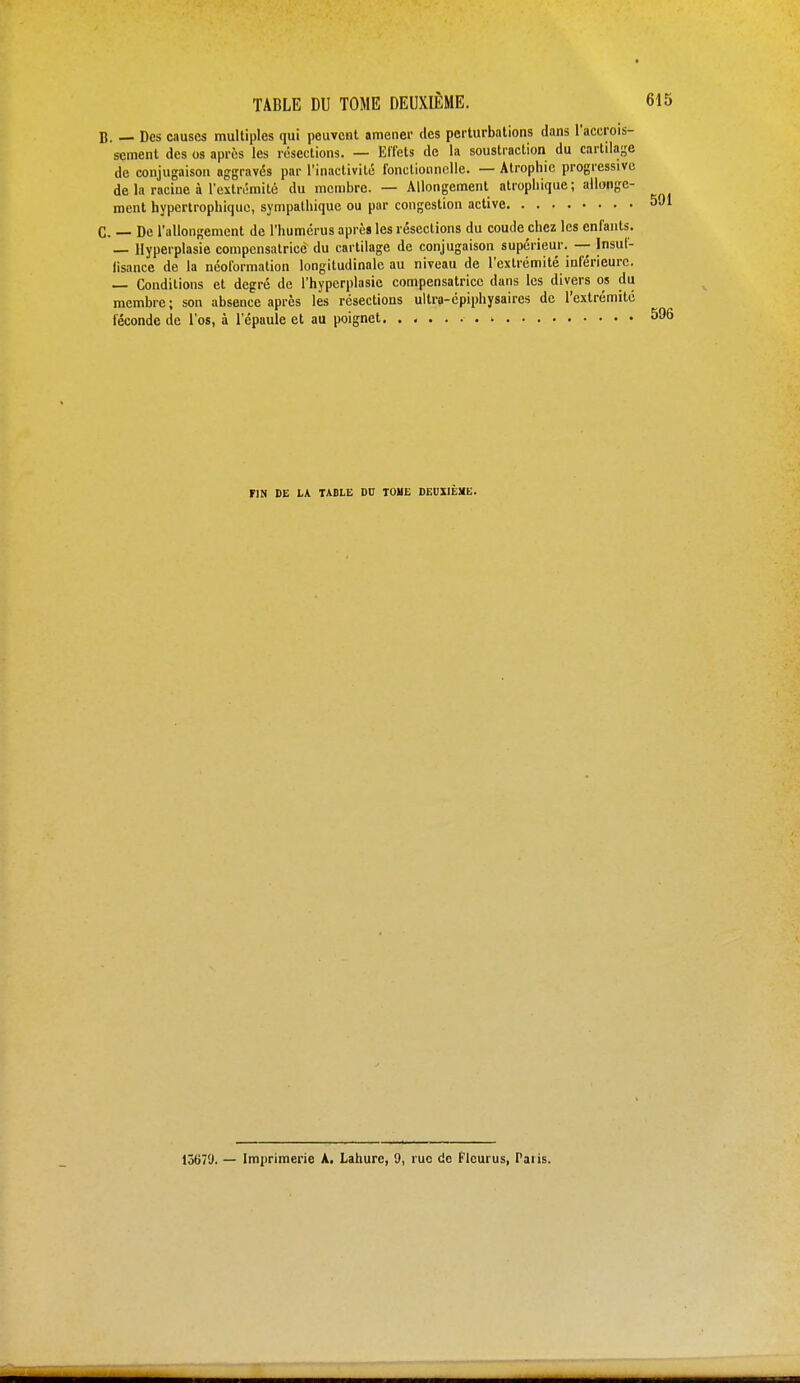 B. — Des causes multiples qui peuvent amener des perturbations dans l'accrois- sement des os après les résections. — Effets de la soustraction du cartilage de conjugaison aggravés par l'inactivité fonctionnelle. — Atrophie progressive de la racine à l'extrémité du membre. — Allongement atrophique; allonge- ment hypertrophique, sympathique ou par congestion active C. — De l'allongement de l'humérus après les résections du coude chez les enfants. — Hyperplasie compensatrice* du cartilage de conjugaison supérieur. — Insul- lisance de la néoformation longitudinale au niveau de l'extrémité inférieure. — Conditions et degré de l'hyperplasie compensatrice dans les divers os du membre; son absence après les résections ultra-épiphysaires de l'extrémité féconde de l'os, à l'épaule et au poignet > FIN DE LA TABLE DU TOME DEUXIÈME. 1567'J. — Imprimerie A. Lahurc, 9, rue de Flcurus, Palis.