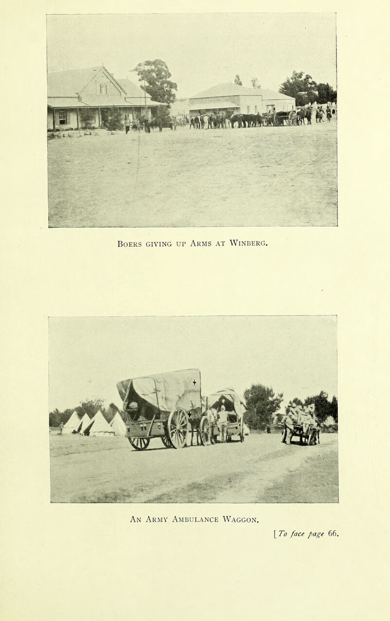 Boers giving up Arms at Winberg. j An Army Ambulance Waggon. ]_To face page 66.