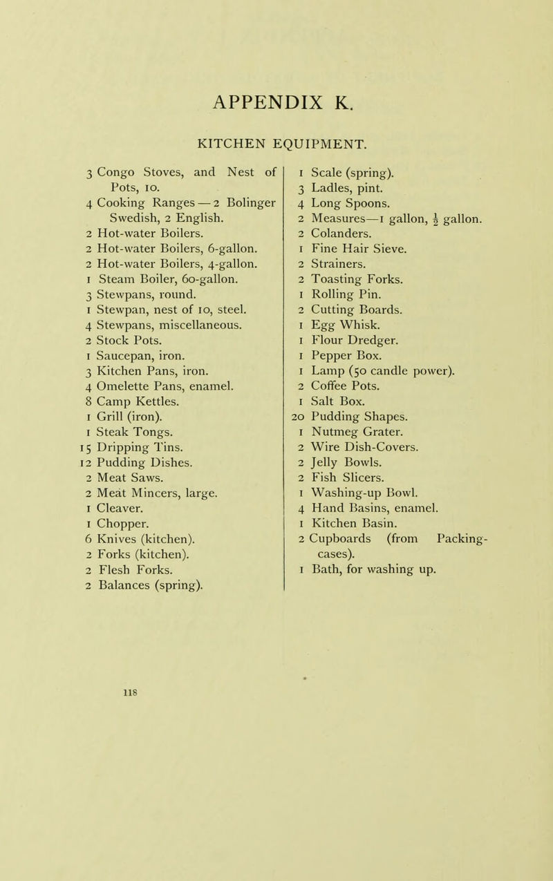 KITCHEN EQUIPMENT. 3 Congo Stoves, and Nest of 1 Scale (spring). Pots, IO. 3 Ladles, pint. 4 Cooking Ranges — 2 Bolinger 4 Long Spoons. Swedish, 2 English. 2 Measures—1 gallon, 5 gallon. 2 Hot-water Boilers. 2 Colanders. 2 Hot-water Boilers, 6-gallon. 1 Fine Hair Sieve. 2 Hot-water Boilers, 4-gallon. 2 Strainers. 1 Steam Boiler, 60-gallon. 2 Toasting Forks. 3 Stewpans, round. 1 Rolling Pin. 1 Stewpan, nest of 10, steel. 2 Cutting Boards. 4 Stewpans, miscellaneous. 1 Egg Whisk. 2 Stock Pots. 1 Flour Dredger. 1 Saucepan, iron. 1 Pepper Box. 3 Kitchen Pans, iron. 1 Lamp (50 candle power). 4 Omelette Pans, enamel. 2 Coffee Pots. 8 Camp Kettles. 1 Salt Box. 1 Grill (iron). 20 Pudding Shapes. 1 Steak Tongs. 1 Nutmeg Grater. 15 Dripping Tins. 2 Wire Dish-Covers. 12 Pudding Dishes. 2 Jelly Bowls. 2 Meat Saws. 2 Fish Slicers. 2 Meat Mincers, large. 1 Washing-up Bowl. 1 Cleaver. 4 Hand Basins, enamel. 1 Chopper. 1 Kitchen Basin. 6 Knives (kitchen). 2 Cupboards (from Packing- 2 Forks (kitchen). cases). 2 Flesh Forks. I Bath, for washing up. 2 Balances (spring).