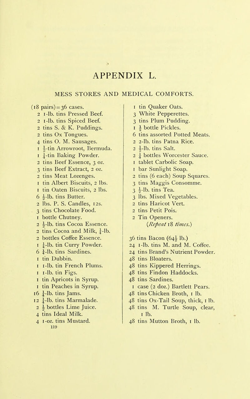 MESS STORES AND MEDICAL COMFORTS. (18 pairs) = 36 cases. 2 1 -lb. tins Pressed Beef. 2 1-lb. tins Spiced Beef. 2 tins S. & K. Puddings. 2 tins Ox Tongues. 4 tins O. M. Sausages. 1 i-tin Arrowroot, Bermuda. 1 j-tin Baking Powder. 2 tins Beef Essence, 3 oz. 3 tins Beef Extract, 2 oz. 2 tins Meat Lozenges. 1 tin Albert Biscuits, 2 lbs. 1 tin Oaten Biscuits, 2 lbs. 6 £-lb. tins Butter. 2 lbs. P. S. Candles, 12s. 3 tins Chocolate Food. 1 bottle Chutney. 2 g-lb. tins Cocoa Essence. 2 tins Cocoa and Milk, J-lb. 2 bottles Coffee Essence. 1 j-lb. tin Curry Powder. 6 i-lb. tins Sardines. 1 tin Dubbin. 1 1-lb. tin French Plums. 1 1-lb. tin Figs. 1 tin Apricots in Syrup. 1 tin Peaches in Syrup. 16 j-lb. tins Jams. 12 j-lb. tins Marmalade. 2 5 bottles Lime Juice. 4 tins Ideal Milk. 119 1 tin Quaker Oats. 3 White Pepperettes. 3 tins Plum Pudding. 1 i bottle Pickles. 6 tins assorted Potted Meats. 2 2-lb. tins Patna Rice. 2 h-\b. tins Salt. 2 j bottles Worcester Sauce. 1 tablet Carbolic Soap. 1 bar Sunlight Soap. 2 tins (6 each) Soup Squares. 3 tins Maggis Consomme. 3 |-lb. tins Tea. 3 lbs. Mixed Vegetables. 2 tins Haricot Vert. 2 tins Petit Pois. 2 Tin Openers. {Repeat 18 times.) 36 tins Bacon (645 lb.) 24 1-lb. tins M. and M. Coffee. 24 tins Brand's Nutrient Powder. 48 tins Bloaters. 48 tins Kippered Herrings. 48 tins Findon Haddocks. 48 tins Sardines. 1 case (2 doz.) Bartlett Pears. 48 tins Chicken Broth, 1 lb. 48 tins Ox-Tail Soup, thick, 1 lb. 48 tins M. Turtle Soup, clear, 1 lb.