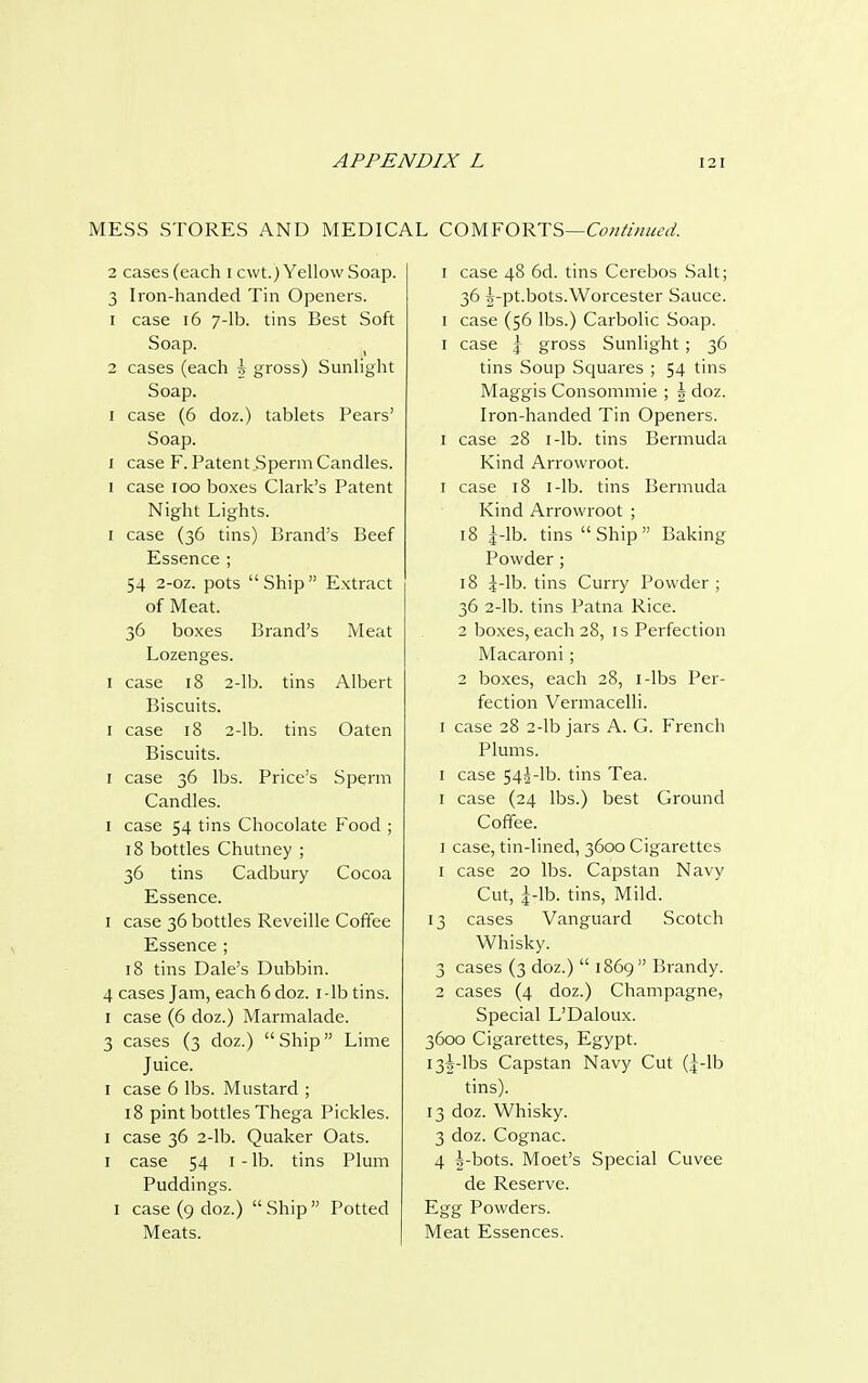 MESS STORES AND MEDICAL COM FORTS—Continued. 2 cases (each I cwt.) Yellow Soap. 3 Iron-handed Tin Openers. 1 case 16 7-lb. tins Best Soft Soap. 2 cases (each \ gross) Sunlight Soap. 1 case (6 doz.) tablets Pears' Soap. 1 case F. Patent Sperm Candles. 1 case 100 boxes Clark's Patent Night Lights. 1 case (36 tins) Brand's Beef Essence ; 54 2-oz. pots  Ship  Extract of Meat. 36 boxes Brand's Meat Lozenges. 1 case 18 2-lb. tins Albert Biscuits. 1 case 18 2-lb. tins Oaten Biscuits. 1 case 36 lbs. Price's Sperm Candles. 1 case 54 tins Chocolate Food ; 18 bottles Chutney ; 36 tins Cadbury Cocoa Essence. 1 case 36 bottles Reveille Coffee Essence ; 18 tins Dale's Dubbin. 4 cases Jam, each 6 doz. 1 - lb tins. 1 case (6 doz.) Marmalade. 3 cases (3 doz.) Ship Lime Juice. 1 case 6 lbs. Mustard ; 18 pint bottles Thega Pickles. 1 case 36 2-lb. Quaker Oats. 1 case 54 1 - lb. tins Plum Puddings. 1 case (9 doz.) Ship Potted Meats. 1 case 48 6d. tins Cerebos Salt; 36 5-pt.bots.Worcester Sauce. 1 case (56 lbs.) Carbolic Soap. 1 case \ gross Sunlight ; 36 tins Soup Squares ; 54 tins Maggis Consommie ; \ doz. Iron-handed Tin Openers. 1 case 28 1-lb. tins Bermuda Kind Arrowroot. 1 case 18 1-lb. tins Bermuda Kind Arrowroot ; 18 i-lb. tins Ship Baking Powder; 18 \-Va. tins Curry Powder ; 36 2-lb. tins Patna Rice. 2 boxes, each 28, is Perfection Macaroni ; 2 boxes, each 28, i-lbs Per- fection Vermacelli. 1 case 28 2-lb jars A. G. French Plums. 1 case 54 J -lb. tins Tea. 1 case (24 lbs.) best Ground Coffee. 1 case, tin-lined, 3600 Cigarettes 1 case 20 lbs. Capstan Navy Cut, |-lb. tins, Mild. 13 cases Vanguard Scotch Whisky. 3 cases (3 doz.)  1869 Brandy. 2 cases (4 doz.) Champagne, Special L'Daloux. 3600 Cigarettes, Egypt. 135-lbs Capstan Navy Cut (J-lb tins). 13 doz. Whisky. 3 doz. Cognac. 4 |-bots. Moet's Special Cuvee de Reserve. Egg Powders. Meat Essences.