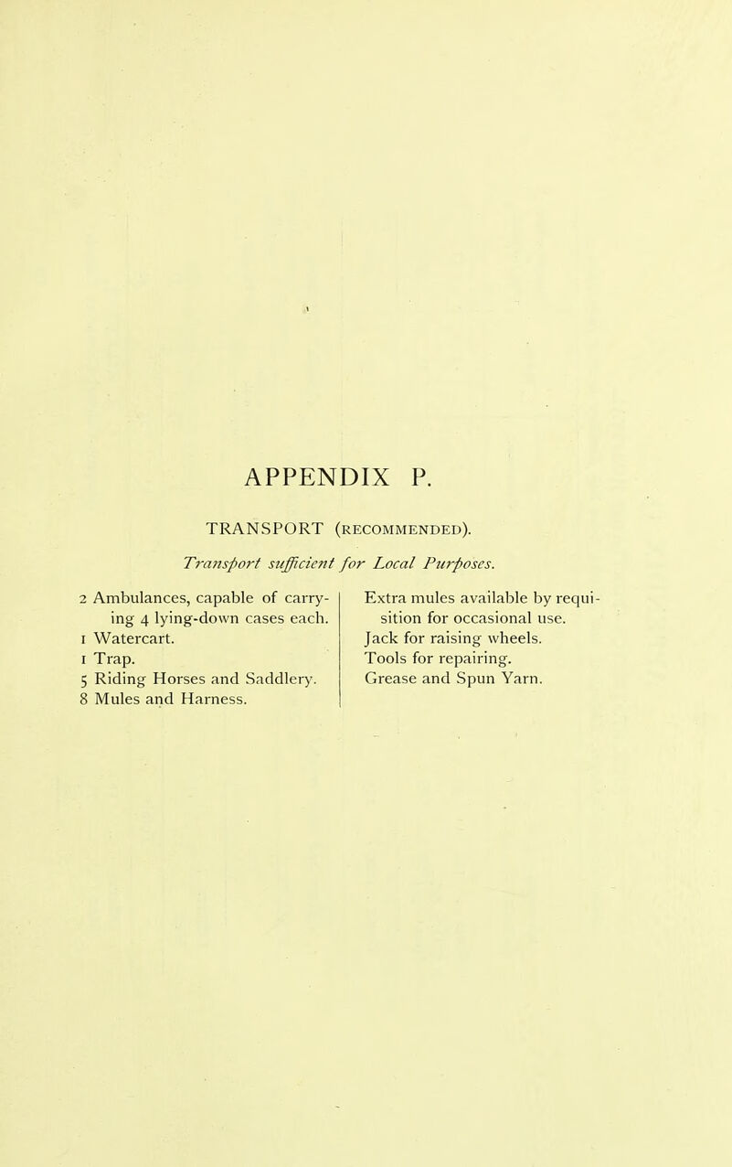TRANSPORT (recommended). Tra?isport sufficient for Local Purposes. 2 Ambulances, capable of carry- ing 4 lying-down cases each, i Watercart. i Trap. 5 Riding Horses and Saddlery. 8 Mules and Harness. Extra mules available by requi sition for occasional use. Jack for raising wheels. Tools for repairing. Grease and Spun Yarn.