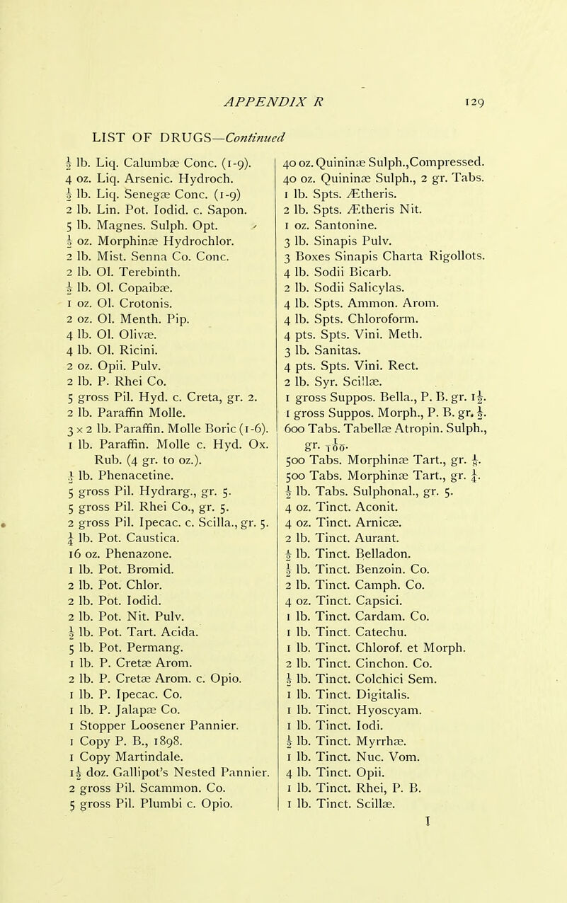 LIST OF DRUGS—Continued h lb. Liq. Calumbae Cone. (1-9). 4 oz. Liq. Arsenic. Hydroch. h lb. Liq. Senegas Cone. (1-9) 2 lb. Lin. Pot. Iodid. c. Sapon. 5 lb. Magnes. Sulph. Opt. 1 oz. Morphinas Hydrochlor. 2 lb. Mist. Senna Co. Cone. 2 lb. 01. Terebinth. i- lb. Ol. Copaibae. 1 oz. Ol. Crotonis. 2 oz. 01. Menth. Pip. 4 lb. Ol. Olivae. 4 lb. Ol. Ricini. 2 oz. Opii. Pulv. 2 lb. P. Rhei Co. 5 gross Pil. Hyd. c. Creta, gr. 2. 2 lb. Paraffin Molle. 3 x 2 lb. Paraffin. Molle Boric (1-6). 1 lb. Paraffin. Molle c. Hyd. Ox. Rub. (4 gr. to oz.). .} lb. Phenacetine. 5 gross Pil. Hydrarg., gr. 5. 5 gross Pil. Rhei Co., gr. 5. 2 gross Pil. Ipecac, c. Scilla., gr. 5. |- lb. Pot. Caustica. 16 oz. Phenazone. 1 lb. Pot. Bromid. 2 lb. Pot. Chlor. 2 lb. Pot. Iodid. 2 lb. Pot. Nit. Pulv. £ lb. Pot. Tart. Acida. 5 lb. Pot. Permang. 1 lb. P. Cretae Arom. 2 lb. P. Cretae Arom. c. Opio. 1 lb. P. Ipecac. Co. 1 lb. P. Jalapae Co. 1 Stopper Loosener Pannier. 1 Copy P. B., 1898. 1 Copy Martindale. i| doz. Gallipot's Nested Pannier. 2 gross Pil. Scammon. Co. 5 gross Pil. Plumbi c. Opio. 40 oz. Quininas Sulph.,Compressed. 40 oz. Quininas Sulph., 2 gr. Tabs. 1 lb. Spts. /Etheris. 2 lb. Spts. Athens Nit. 1 oz. Santonine. 3 lb. Sinapis Pulv. 3 Boxes Sinapis Charta Rigollots. 4 lb. Sodii Bicarb. 2 lb. Sodii Salicylas. 4 lb. Spts. Ammon. Arom. 4 lb. Spts. Chloroform. 4 pts. Spts. Vini. Meth. 3 lb. Sanitas. 4 pts. Spts. Vini. Rect. 2 lb. Syr. Scillse. 1 gross Suppos. Bella., P. B. gr. 1 J. 1 gross Suppos. Morph., P. B. gr. §. 600 Tabs. Tabellae Atropin. Sulph., gr. T5(j. 500 Tabs. Morphinas Tart., gr. 500 Tabs. Morphinae Tart., gr. 2 lb. Tabs. Sulphonal., gr. 5. 4 oz. Tinct. Aconit. 4 oz. Tinct. Arnicas. 2 lb. Tinct. Aurant. 2 lb. Tinct. Belladon. 2 lb. Tinct. Benzoin. Co. 2 lb. Tinct. Camph. Co. 4 oz. Tinct. Capsici. 1 lb. Tinct. Cardam. Co. 1 lb. Tinct. Catechu. 1 lb. Tinct. Chlorof. et Morph. 2 lb. Tinct. Cinchon. Co. .3 lb. Tinct. Colchici Sem. 1 lb. Tinct. Digitalis. 1 lb. Tinct. Hyoscyam. 1 lb. Tinct. Iodi. h lb. Tinct. Myrrhas. 1 lb. Tinct. Nuc. Vom. 4 lb. Tinct. Opii. 1 lb. Tinct. Rhei, P. B. 1 lb. Tinct. Scillae. 1
