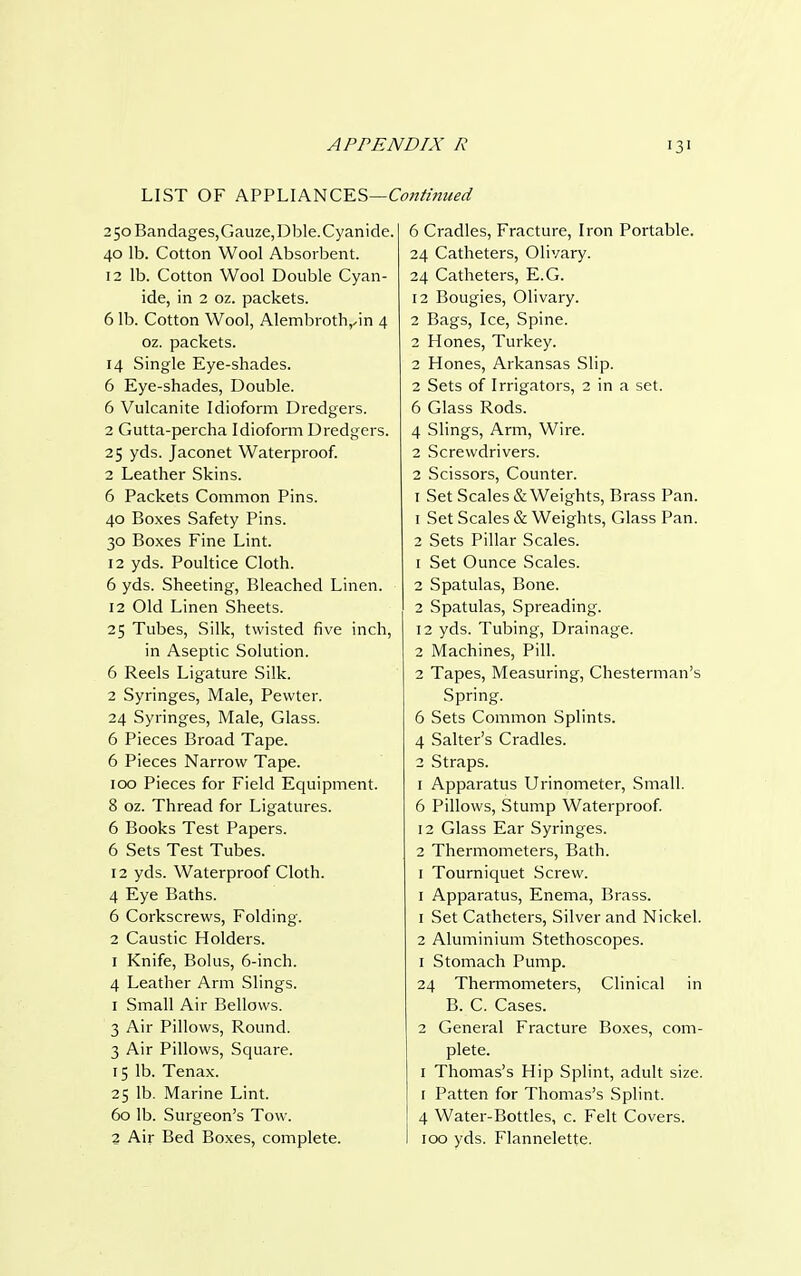 LIST OF APPLIANCES—Continued 250 Bandages,Gauze,Dble. Cyanide. 40 lb. Cotton Wool Absorbent. 12 lb. Cotton Wool Double Cyan- ide, in 2 oz. packets. 6 lb. Cotton Wool, Alembrotryin 4 oz. packets. 14 Single Eye-shades. 6 Eye-shades, Double. 6 Vulcanite Idioform Dredgers. 2 Gutta-percha Idioform Dredgers. 25 yds. Jaconet Waterproof. 2 Leather Skins. 6 Packets Common Pins. 40 Boxes Safety Pins. 30 Boxes Fine Lint. 12 yds. Poultice Cloth. 6 yds. Sheeting, Bleached Linen. 12 Old Linen Sheets. 25 Tubes, Silk, twisted five inch, in Aseptic Solution. 6 Reels Ligature Silk. 2 Syringes, Male, Pewter. 24 Syringes, Male, Glass. 6 Pieces Broad Tape. 6 Pieces Narrow Tape. 100 Pieces for Field Equipment. 8 oz. Thread for Ligatures. 6 Books Test Papers. 6 Sets Test Tubes. 12 yds. Waterproof Cloth. 4 Eye Baths. 6 Corkscrews, Folding. 2 Caustic Holders. 1 Knife, Bolus, 6-inch. 4 Leather Arm Slings. 1 Small Air Bellows. 3 Air Pillows, Round. 3 Air Pillows, Square. 15 lb. Tenax. 25 lb. Marine Lint. 60 lb. Surgeon's Tow. 2 Air Bed Boxes, complete. 6 Cradles, Fracture, Iron Portable. 24 Catheters, Olivary. 24 Catheters, E.G. 12 Bougies, Olivary. 2 Bags, Ice, Spine. 2 Hones, Turkey. 2 Hones, Arkansas Slip. 2 Sets of Irrigators, 2 in a set. 6 Glass Rods. 4 Slings, Arm, Wire. 2 Screwdrivers. 2 Scissors, Counter. 1 Set Scales & Weights, Brass Pan. 1 Set Scales & Weights, Glass Pan. 2 Sets Pillar Scales. 1 Set Ounce Scales. 2 Spatulas, Bone. 2 Spatulas, Spreading. 12 yds. Tubing, Drainage. 2 Machines, Pill. 2 Tapes, Measuring, Chesterman's Spring. 6 Sets Common Splints. 4 Salter's Cradles. 2 Straps. 1 Apparatus Urinometer, Small. 6 Pillows, Stump Waterproof. 12 Glass Ear Syringes. 2 Thermometers, Bath. 1 Tourniquet Screw. 1 Apparatus, Enema, Brass. 1 Set Catheters, Silver and Nickel. 2 Aluminium Stethoscopes. 1 Stomach Pump. 24 Thermometers, Clinical in B. C. Cases. 2 General Fracture Boxes, com- plete. 1 Thomas's Hip Splint, adult size. 1 Patten for Thomas's Splint. 4 Water-Bottles, c. Felt Covers. 100 yds. Flannelette.