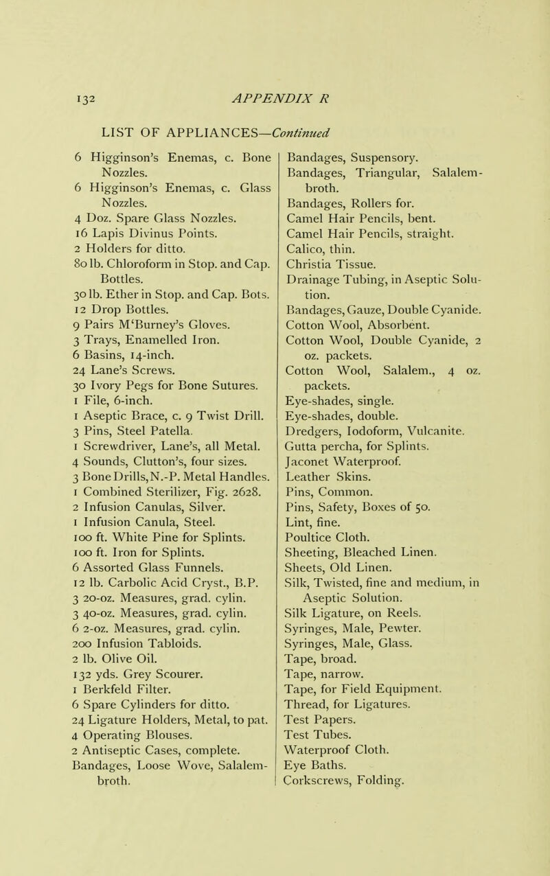 LIST OF APPLIANCES—Continued 6 Higginson's Enemas, c. Bone Nozzles. 6 Higginson's Enemas, c. Glass Nozzles. 4 Doz. Spare Glass Nozzles. 16 Lapis Divinus Points. 2 Holders for ditto. 8o lb. Chloroform in Stop, and Cap. Bottles. 30 lb. Ether in Stop, and Cap. Bots. 12 Drop Bottles. 9 Pairs M'Burney's Gloves. 3 Trays, Enamelled Iron. 6 Basins, 14-inch. 24 Lane's Screws. 30 Ivory Pegs for Bone Sutures. 1 File, 6-inch. 1 Aseptic Brace, c. 9 Twist Drill. 3 Pins, Steel Patella. 1 Screwdriver, Lane's, all Metal. 4 Sounds, Clutton's, four sizes. 3 Bone Drills, N.-P. Metal Handles. 1 Combined Sterilizer, Fig. 2628. 2 Infusion Canulas, Silver. 1 Infusion Canula, Steel. 100 ft. White Pine for Splints. 100 ft. Iron for Splints. 6 Assorted Glass Funnels. 12 lb. Carbolic Acid Cryst., B.P. 3 20-oz. Measures, grad. cylin. 3 40-oz. Measures, grad. cylin. 6 2-oz. Measures, grad. cylin. 200 Infusion Tabloids. 2 lb. Olive Oil. 132 yds. Grey Scourer. 1 Berkfeld Filter. 6 Spare Cylinders for ditto. 24 Ligature Holders, Metal, to pat. 4 Operating Blouses. 2 Antiseptic Cases, complete. Bandages, Loose Wove, Salalem- broth. Bandages, Suspensory. Bandages, Triangular, Salalem- broth. Bandages, Rollers for. Camel Hair Pencils, bent. Camel Hair Pencils, straight. Calico, thin. Christia Tissue. Drainage Tubing, in Aseptic Solu- tion. Bandages, Gauze, Double Cyanide. Cotton Wool, Absorbent. Cotton Wool, Double Cyanide, 2 oz. packets. Cotton Wool, Salalem., 4 oz. packets. Eye-shades, single. Eye-shades, double. Dredgers, Iodoform, Vulcanite. Gutta percha, for Splints. Jaconet Waterproof. Leather Skins. Pins, Common. Pins, Safety, Boxes of 50. Lint, fine. Poultice Cloth. Sheeting, Bleached Linen. Sheets, Old Linen. Silk, Twisted, fine and medium, in Aseptic Solution. Silk Ligature, on Reels. Syringes, Male, Pewter. Syringes, Male, Glass. Tape, broad. Tape, narrow. Tape, for Field Equipment. Thread, for Ligatures. Test Papers. Test Tubes. Waterproof Cloth. Eye Baths. Corkscrews, Folding.