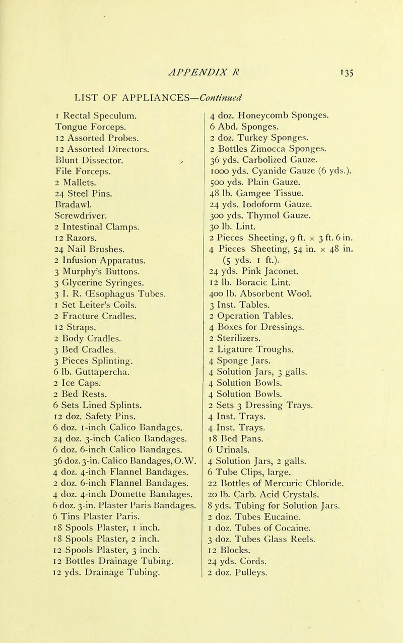 LIST OF APPLIANCES—Continued 1 Rectal Speculum. Tongue Forceps. 12 Assorted Probes. 12 Assorted Directors. Blunt Dissector. File Forceps. 2 Mallets. 24 Steel Pins. Bradawl. Screwdriver. 2 Intestinal Clamps. 12 Razors. 24 Nail Brushes. 2 Infusion Apparatus. 3 Murphy's Buttons. 3 Glycerine Syringes. 3 I. R. (Esophagus Tubes. 1 Set Leiter's Coils. 2 Fracture Cradles. 12 Straps. 2 Body Cradles. 3 Bed Cradles. 3 Pieces Splinting. 6 lb. Guttapercha. 2 Ice Caps. 2 Bed Rests. 6 Sets Lined Splints. 12 doz. Safety Pins. 6 doz. 1-inch Calico Bandages. 24 doz. 3-inch Calico Bandages. 6 doz. 6-inch Calico Bandages. 36 doz. 3-in. Calico Bandages, O.W. 4 doz. 4-inch Flannel Bandages. 2 doz. 6-inch Flannel Bandages. 4 doz. 4-inch Domette Bandages. 6 doz. 3-in. Plaster Paris Bandages. 6 Tins Plaster Paris. 18 Spools Plaster, 1 inch. 18 Spools Plaster, 2 inch. 12 Spools Plaster, 3 inch. 12 Bottles Drainage Tubing. 12 yds. Drainage Tubing. 4 doz. Honeycomb Sponges. 6 Abd. Sponges. 2 doz. Turkey Sponges. 2 Bottles Zimocca Sponges. 36 yds. Carbolized Gauze. 1000 yds. Cyanide Gauze (6 yds.). 500 yds. Plain Gauze. 48 lb. Gamgee Tissue. 24 yds. Iodoform Gauze. 300 yds. Thymol Gauze. 30 lb. Lint. 2 Pieces Sheeting, 9 ft. x 3 ft. 6 in. 4 Pieces Sheeting, 54 in. x 48 in. (5 yds. 1 ft). 24 yds. Pink Jaconet. 12 lb. Boracic Lint. 400 lb. Absorbent Wool. 3 Inst. Tables. 2 Operation Tables. 4 Boxes for Dressings. 2 Sterilizers. 2 Ligature Troughs. 4 Sponge Jars. 4 Solution Jars, 3 galls. 4 Solution Bowls. 4 Solution Bowls. 2 Sets 3 Dressing Trays. 4 Inst. Trays. 4 Inst. Trays. 18 Bed Pans. 6 Urinals. 4 Solution Jars, 2 galls. 6 Tube Clips, large. 22 Bottles of Mercuric Chloride. 20 lb. Carb. Acid Crystals. 8 yds. Tubing for Solution Jars. 2 doz. Tubes Eucaine. 1 doz. Tubes of Cocaine. 3 doz. Tubes Glass Reels. 12 Blocks. 24 yds. Cords. 2 doz. Pulleys.