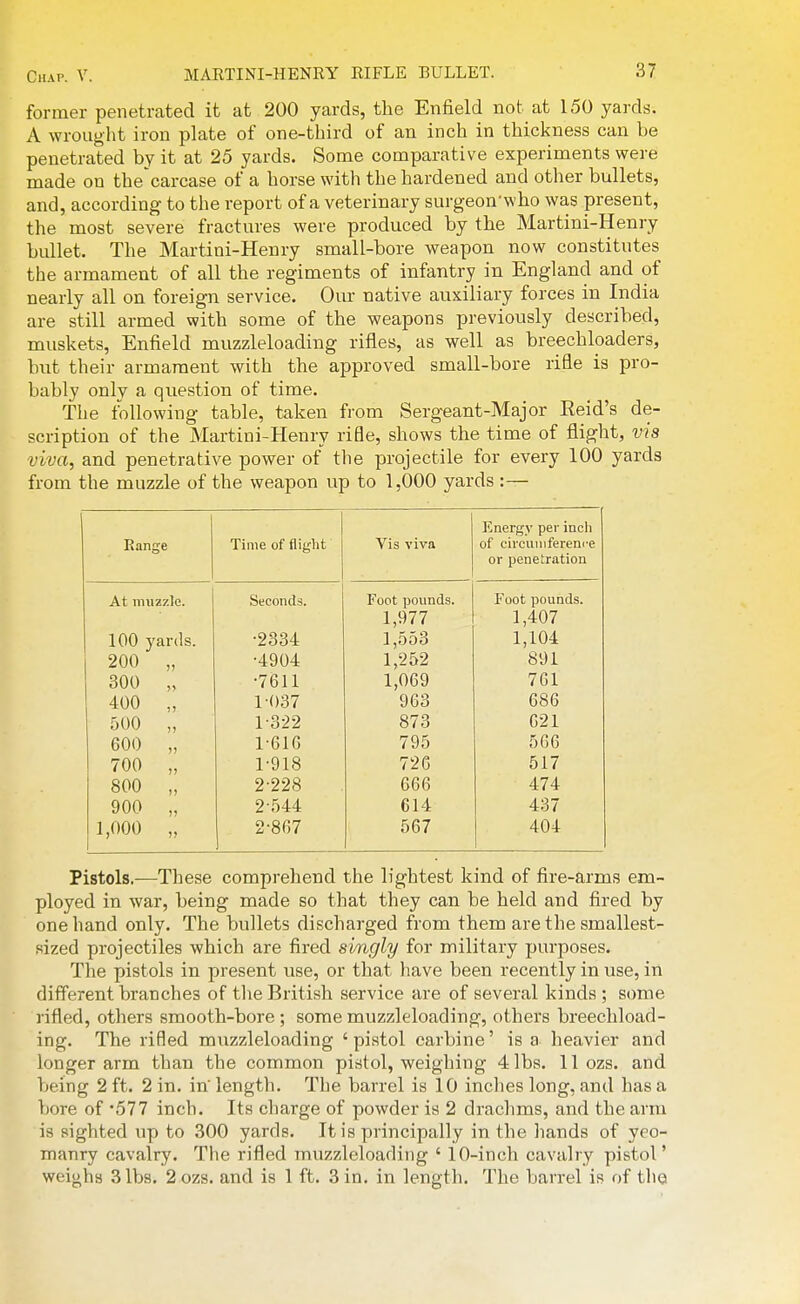 former penetrated it at 200 yards, the Enfield not at 150 yards. A wrought iron plate of one-third of an inch in thickness can be penetrated by it at 25 yards. Some comparative experiments were made on the'carcase of a horse with the hardened and other bullets, and, according to the report of a veterinary surgeon-who was present, the most severe fractures were produced by the Martini-Henry bullet. The Martini-Henry small-bore weapon now constitutes the armament of all the regiments of infantry in England and of nearly all on foreign service. Our native auxiliary forces in India are still armed with some of the weapons previously described, muskets, Enfield muzzleloading rifles, as well as breechloaders, but their armament with the approved small-bore rifle is pro- bably onlv a question of time. The following table, taken from Sergeant-Major Reid's de- scription of the Martini-Henry rifle, shows the time of flight, vis viva, and penetrative power of tlie projectile for every 100 yards from the muzzle of the weapon up to 1,000 yards :— Ean ge Time of flight Vis viva Energy per inch of circuiiiference or penetration At muzzle. Seconds. Foot pounds. Foot pounds. 1,977 1,407 100 ) 'ards. •2834 1,553 1,104 200 •4904 1,252 891 300 » •7611 1,069 761 400 )) 1-037 963 686 500 )) 1-322 873 621 600 )) 1-616 795 566 700 )) 1-918 726 517 800 1) 2-228 666 474 900 )) 2-544 614 437 1,000 2-867 567 404 Pistols.—These comprehend the lightest kind of fire-arms em- ployed in war, being made so that they can be held and fired by one hand only. The bullets discharged from them are the smallest- sized projectiles which are fired singly for military purposes. The pistols in present use, or that have been recently in use, in diff'erent branches of the British service are of several kinds ; some rifled, others smooth-bore ; some muzzleloading, others breechload- ing. The rifled muzzleloading ' pistol carbine' is a heavier and longer arm than the common pistol, weighing 4lbs. II ozs. and being 2 ft. 2 in. in' length. The barrel is 10 inches long, and has a bore of '577 inch. Its charge of powder is 2 drachms, and the arm is sighted up to 300 yards. It is principally in the hands of yeo- manry cavalry. The rifled muzzleloading ' 10-inch cavalry pistol' weigha 3 lbs, 2 ozs. and is 1 ft. 3 in. in length. The barrel is of the