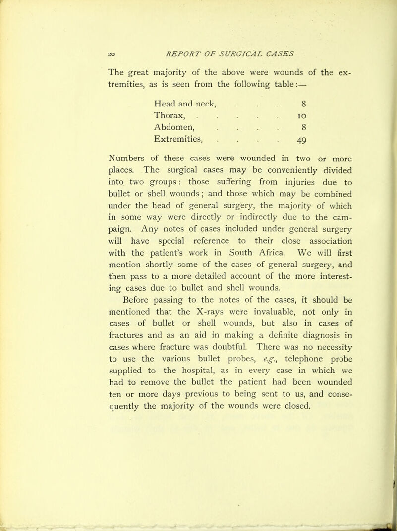 The great majority of the above were wounds of the ex- tremities, as is seen from the following table:— Head and neck, ... 8 Thorax, ..... lo Abdomen, .... 8 Extremities, .... 49 Numbers of these cases were wounded in two or more places. The surgical cases may be conveniently divided into two groups: those suffering from injuries due to bullet or shell wounds ; and those which may be combined under the head of general surgery, the majority of which in some way were directly or indirectly due to the cam- paign. Any notes of cases included under general surgery will have special reference to their close association with the patient's work in South Africa. We will first mention shortly some of the cases of general surgery, and then pass to a more detailed account of the more interest- ing cases due to bullet and shell wounds. Before passing to the notes of the cases, it should be mentioned that the X-rays were invaluable, not only in cases of bullet or shell wounds, but also in cases of fractures and as an aid in making a definite diagnosis in cases where fracture was doubtful. There was no necessity to use the various bullet probes, e.g., telephone probe supplied to the hospital, as in every case in which we had to remove the bullet the patient had been wounded ten or more days previous to being sent to us, and conse- quently the majority of the wounds were closed.
