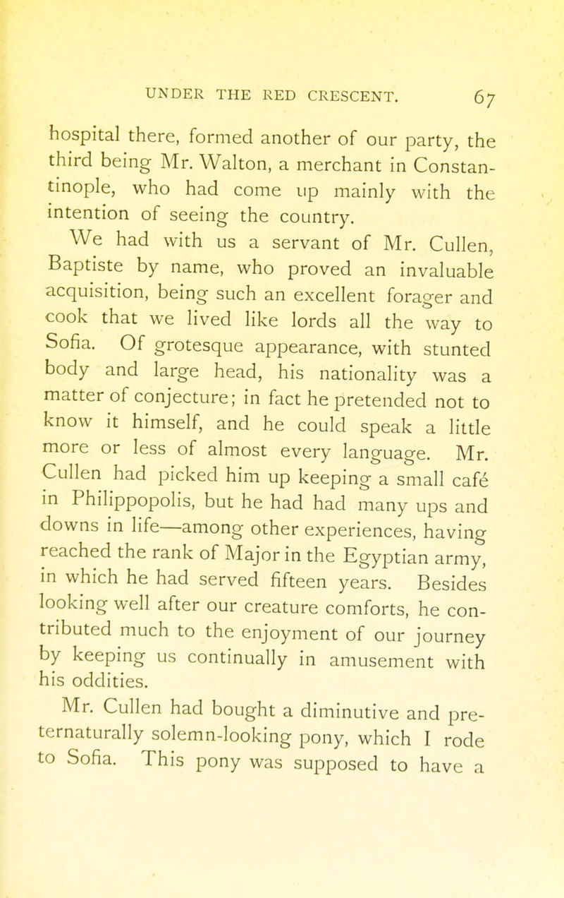 hospital there, formed another of our party, the third being Mr. Walton, a merchant in Constan- tinople, who had come up mainly with the intention of seeing the country. We had with us a servant of Mr. Cullen, Baptiste by name, who proved an invaluable acquisition, being such an excellent forager and cook that we lived like lords all the way to Sofia. Of grotesque appearance, with stunted body and large head, his nationality was a matter of conjecture; in fact he pretended not to know it himself, and he could speak a little more or less of almost every language. Mr. Cullen had picked him up keeping a small cafe in Philippopolis, but he had had many ups and downs in life—among other experiences, having reached the rank of Major in the Egyptian army, in which he had served fifteen years. Besides looking well after our creature comforts, he con- tributed much to the enjoyment of our journey by keeping us continually in amusement with his oddities. Mr. Cullen had bought a diminutive and pre- ternaturally solemn-looking pony, which I rode to Sofia. This pony was supposed to have a