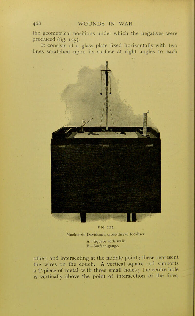 the geometrical positions under which the negatives were produced (fig. 125). It consists of a glass plate fixed horizontally with two lines scratched upon its surface at right angles to each \ ■ * ! 1 \ Pi- Fig. 125. Mackenzie Davidson's cross-thread localiser. A = Square with scale. B = Surface gauge. other, and intersecting at the middle point; these represent the wires on the couch. A vertical square rod supports a T-piece of metal with three small holes ; the centre hole is vertically above the point of intersection of the lines,