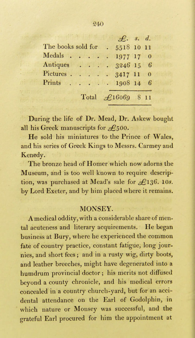 The books sold for . 5518 10 11 Medals 1977 17 0 Antiques .... 3246 15 6 Pictures ..... 3417 11 0 Prints 1908 14 6 Total ,=£16069 8 11 During the life of Dr. Mead, Dr. Askew bought all his Greek manuscripts for ^500. He sold his miniatures to the Prince of Wales, and his series of Greek Kings to Messrs. Carmey and Kenedy. The bronze head of Homer which now adorns the Museum, and is too well known to require descrip- tion, was purchased at Mead's sale for ^136. 10*. by Lord Exeter, and by him placed where it remains. MONSEY. A medical oddity, with a considerable share of men- tal acuteness and literary acquirements. He began business at Bury, where he experienced the common fate of country practice, constant fatigue, long jour- nies, and short fees ; and in a rusty wig, dirty boots, and leather breeches, might have degenerated into a humdrum provincial doctor; his merits not diffused beyond a county chronicle, and his medical errors concealed in a country church-yard, but for an acci- dental attendance on the Earl of Godolphin, in which nature or Monsey was successful, and the grateful Earl procured for him the appointment at