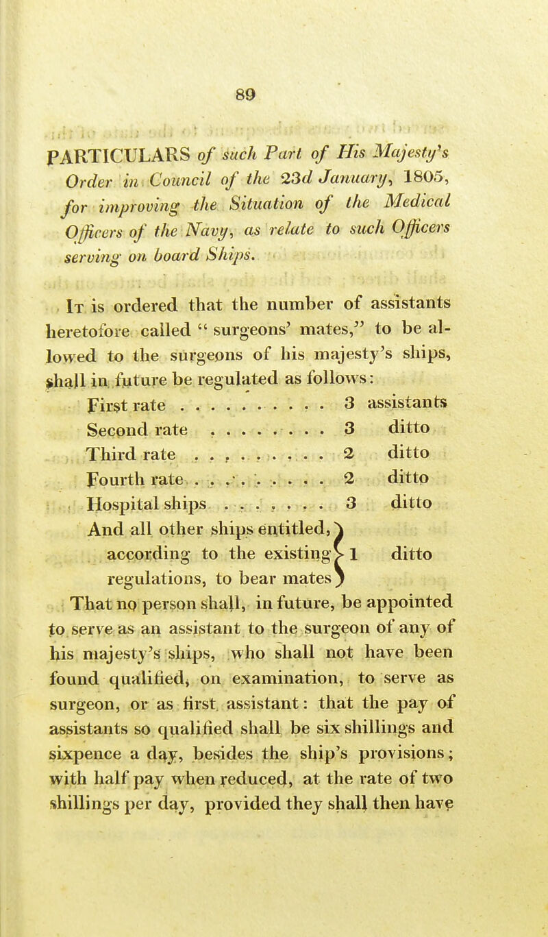 tjj <>l hV>?t\Y*-«*m &fi;3t'tiff I r>;> PARTICULARS 0/ ««c/i Part of His Majesty's Order in Council of the 23d January> 1805, for improving the Situation of the Medical Officers of the Navy, as relate to such Officers serving on board Ships. It is ordered that the number of assistants heretofore called surgeons' mates, to be al- lowed to the surgeons of his majesty's ships, shall in future be regulated as follows: First rate 3 assistants Second rate ........ 3 ditto Third rate . 2 ditto Fourth rate . ........ 2 ditto Hospital ships ....... 3 ditto And all other ships entitled, \ according to the existing > 1 ditto regulations, to bear mates j That no person shall, in future, be appointed to serve as an assistant to the surgeon of any of his majesty's ships, who shall not have been found qualified, on examination, to serve as surgeon, or as first assistant: that the pay of assistants so qualified shall be six shillings and sixpence a day, besides the ship's provisions; with half pay when reduced, at the rate of two shillings per day, provided they shall then have