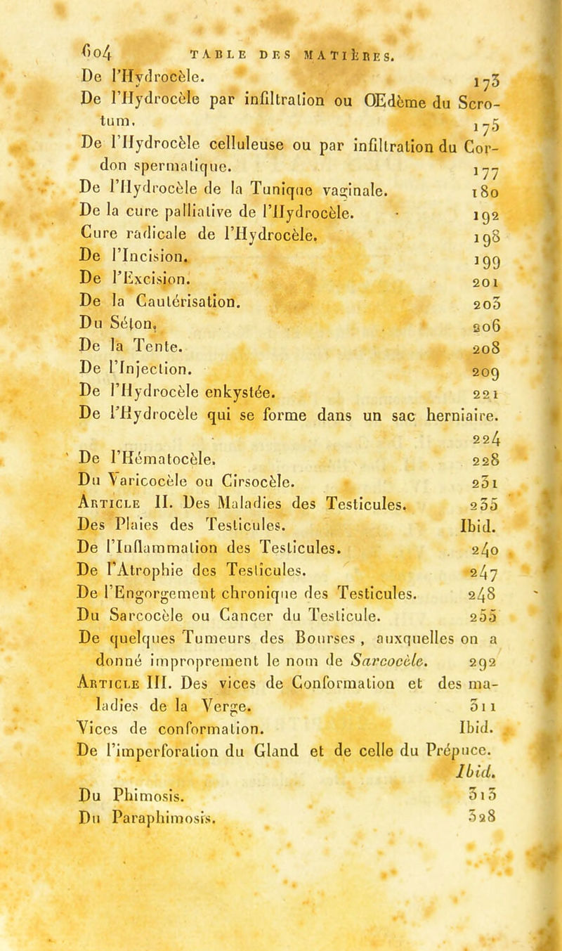 i ^'04 TABLE DF, S MATlliKES. De l'Hydrocèle. 1^3 De l'Hydrocèle par infiltra lion ou OEdcme du Scro- tum. De riJydrocMe celluleuse ou par infiltration du Cor- don spernialique. lyy De l'Hydrocèle de la Tunique va2;inale. 180 De la cure palliative de l'Hydrocèle. • 192 Cure radicale de l'Hydrocèle. 198 De l'Incision. 199 De l'Excision. 201 De la Cautérisation. 2o5 Du Séton, S06 De la Tente. 208 De l'Injection. 209 De l'Hydrocèle enkystée. 221 De l'Hydrocèle qui se forme dans un sac herniaire. 224  De FRématocèle. 228 Du \aricocèle ou Cirsocèle. 201 Article II. Des Maladies des Testicules. 2 35 Des Plaies des Testicules. Ibid. De l'Inflammation des Testicules. 240 De l'Atrophie des Testicules. 247 De l'Engorgemeul; chronique des Testicules. 248 Du Sarcoccle ou Cancer du Testicule. 255 De quelques Tumeurs des Bourses , auxquelles on a donné improprement le nom de Sarcoccle. 292 Article III. Des vices de Conformation et des ma- ladies de la Verge. 011 Yices de conformation. Ibid. . De l'imperforation du Gland et de celle du Prépuce. Ibid. Du Phimosis. 5i5 Du Paraphimosis. 528