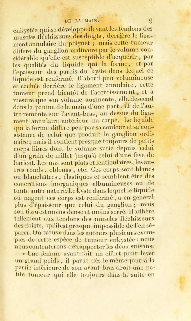 enkystée qui se développe devant les tendons des muscles fléchisseurs des doigts , derrière le liga- ment annulaire du poignet ; mais cette tumeur diffère du ganglion ordinaire par le volume con- sidérable qu'elle est susceptible d'acquérir , par les qualités du liquide qui la forme, et par l'épaisseur des parois du kyste dans lequel ce liquide est renfermé. D'abord peu volumineuse et cachée derrière le ligament annulaire, cette tumeur prend bientôt de l'accroissement ^ et à mesure que son volume augmente, elle;descend dans la paume de la main d'une part, et de l'au- tre remonte sur l'avant-bras, au-dessus du liga- ment annulaire antérieur du carpe. Le liquide qui la forme diffère peu par sa couleur et sa con- sistance de celui que produit le ganglion ordi- naire; mais il contient presque toujours de petits corps libres dont le volume varie depuis celui d'un grain de millet jusqu'à celui d'une fève de haricot. Les uns sont plats et lenticulaires, les au- tres ronds , oblongs , etc. Ces corps sont blancs ou blanchâtres , élastiques et semblent être des concrétions inorganiques albumineuses ou de toute autre nature. Le kyste dans lequel le liquide où nagent ces corps est renfermé, a en général plus d'épaisseur que celui du ganglion ; mais son tissu est moins dense et moins serré. Il adhère tellement aux tendons des muscles fléchisseurs des doigts, qu'il est presque impossible de l'en sé- parer. On trouve dans les auteurs plusieurs exem- ples de cette espèce de tumeur enkystée : nous nous con tenterons de^rapporter les deux suivans. « Une femme ayant fait un effort pour lever un grand poids , il parut dès le même jour à la partie inférieure de son avant-bras droit une pe- tite tumeur qui alla toujours dans la suite en