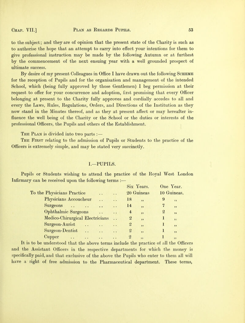 to the subject; and they are of opinion that the present state of the Charity is such as to authorise the hope that an attempt to carry into effect your intentions for them to give professional instruction may be made by the following Autumn or at furthest by the commencement of the next ensuing year with a well grounded prospect of ultimate success. By desire of my present Colleagues in Office I have drawn out the following Scheme for the reception of Pupils and for the organisation and management of the intended School, which (being fully approved by those Gentlemen) I beg permission at their request to offer for your concurrence and adoption, first promising that every Officer belonging at present to the Charity fully approves and cordially accedes to all and every the Laws, Rules, Regulations, Orders, and Directions of the Institution as they now stand in the Minutes thereof, and as they at present affect or may hereafter in- fluence the well being of the Charity or the School or the duties or interests of the professional Officers, the Pupils and others of the Establishment. The Plan is divided into two parts :— The First relating to the admission of Pupils or Students to the practice of the Officers is extremely simple, and may be stated very succinctly. I.—PUPILS. Pupils or Students wishing to attend the practice of the Royal West London Infirmary can be received upon the following terms :— Six Years. One Year. To the Physicians Practice .. . . 20 Guineas 10 Guineas. Physicians Accoucheur . . .. 18 ,, 9 ,, Surgeons . . .. .. .. 14 ,, 7 ,, Ophthalmic Surgeons .. .. 4 „ 2 ,, Medico-Chirurgical Electricians .. 2 ,, 1 „ Surgeon-Aurist .. . . . . 2 ,, 1 ,, Surgeon-Dentist .. . . .. 2 ,, 1 ,, Cupper .. .. .. .. 2 ,, 1 ,, It is to be understood that the above terms include the practice of all the Officers and the Assistant Officers in the respective departments for which the money is specifically paid, and that exclusive of the above the Pupils who enter to them all will have a right of free admission to the Pharmaceutical department. These terms,