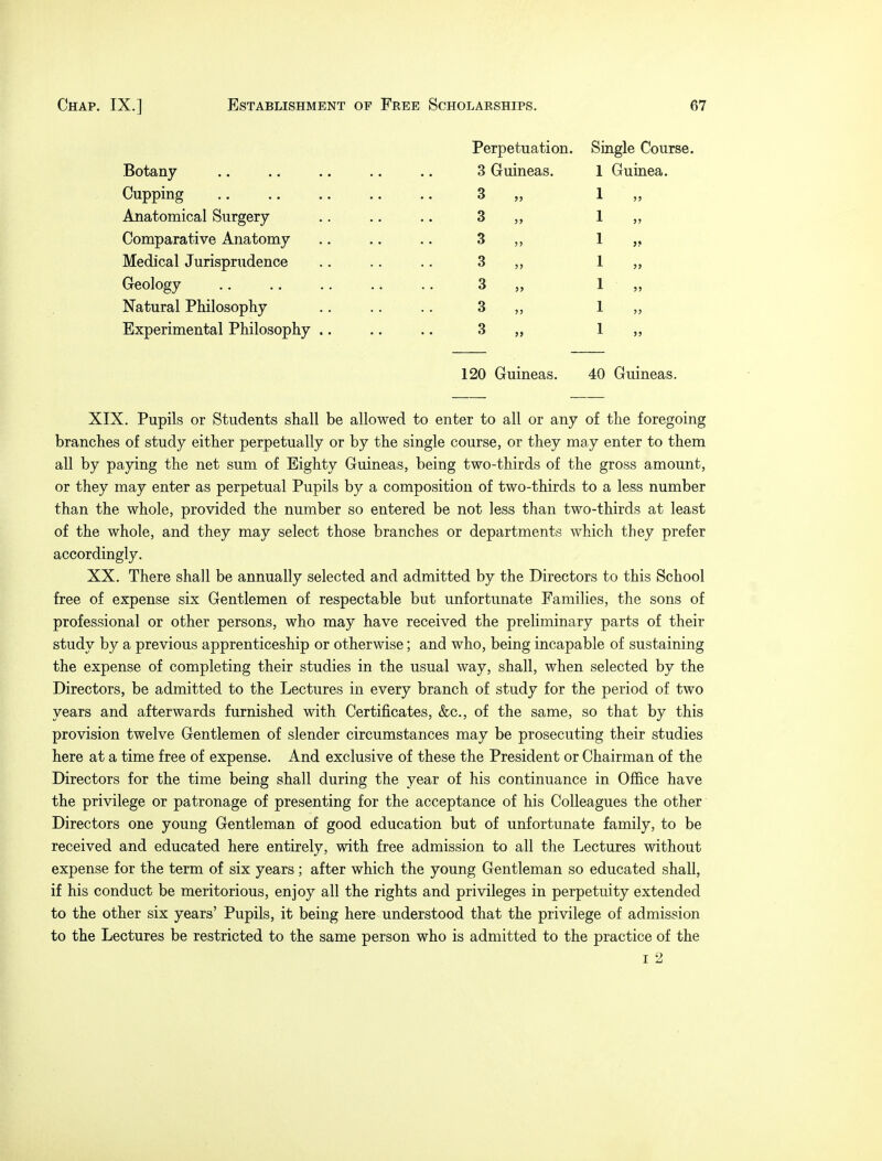 Botany Cupping Anatomical Surgery Comparative Anatomy Medical Jurisprudence Geology Natural Philosophy Experimental Philosophy Perpetuation. Single Course. 3 Guineas. 1 Guinea. 120 Guineas. 40 Guineas. XIX. Pupils or Students shall be allowed to enter to all or any of the foregoing branches of study either perpetually or by the single course, or they may enter to them all by paying the net sum of Eighty Guineas, being two-thirds of the gross amount, or they may enter as perpetual Pupils by a composition of two-thirds to a less number than the whole, provided the number so entered be not less than two-thirds at least of the whole, and they may select those branches or departments which they prefer accordingly. XX. There shall be annually selected and admitted by the Directors to this School free of expense six Gentlemen of respectable but unfortunate Families, the sons of professional or other persons, who may have received the preliminary parts of their study by a previous apprenticeship or otherwise; and who, being incapable of sustaining the expense of completing their studies in the usual way, shall, when selected by the Directors, be admitted to the Lectures in every branch of study for the period of two years and afterwards furnished with Certificates, &c, of the same, so that by this provision twelve Gentlemen of slender circumstances may be prosecuting their studies here at a time free of expense. And exclusive of these the President or Chairman of the Directors for the time being shall during the year of his continuance in Office have the privilege or patronage of presenting for the acceptance of his Colleagues the other Directors one young Gentleman of good education but of unfortunate family, to be received and educated here entirely, with free admission to all the Lectures without expense for the term of six years; after which the young Gentleman so educated shall, if his conduct be meritorious, enjoy all the rights and privileges in perpetuity extended to the other six years' Pupils, it being here understood that the privilege of admission to the Lectures be restricted to the same person who is admitted to the practice of the I 2
