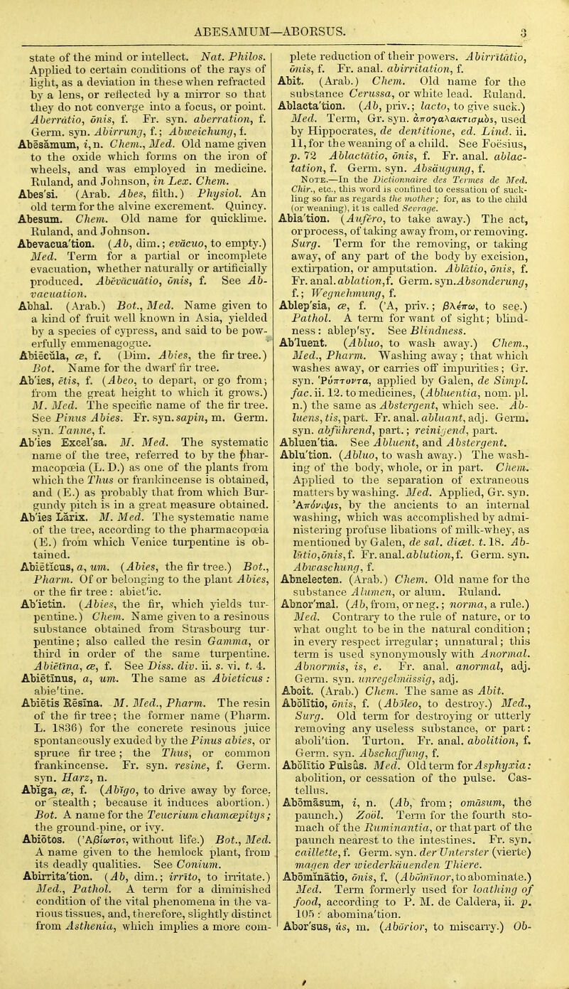 ABESAMUM—ABOESUS. state of the mind or intellect. Nat. Philos. Applied to certain conditions of the rays of light, as a deviation in these when refracted hy a lens, or relleoted hy a mirror so that they do not converge into a focus, or point. Aberrdtio, dnis, f. Fr. syn. aberration, f. Germ. syn. Abirrunj, f.; Abweichunrj,i. Abesamum, i,n. Chevi.,Med. Old name given to the oxide which forms on the iron of wheels, and was employed in medicine. Ruland, and Johnson, in Lex. Chem. Abes'si. (Arab. Abes, filth.) Physiol. An old term for the alvine excrement. Quincy. Abesum. Chem. Old name for quicklime. Ruland, and Johnson. Abevacua'tion. {Ab, chm.; evacuo, to empty.) Med. Term for a partial or incomplete evacuation, whether naturally or artificially produced. Abeviicuatio, vnis, f. See Ab- vacuation. Abhal. (Arab.) Bot., Med. Name given to a kind of fruit well known in Asia, yielded by a species of cypress, and said to be pow- erfully emmenagogue. Abiecula, a, f. (Dim. Abies, the fir tree.) Bot. Name for the dwarf fir tree. Ab'ies, etis, f. {Abeo, to depart, or go from; from the great height to which it grows.) M. Med. The specific name of the fir tree. Hee Piiius Abies. Ft. syu.sapin, m. Germ, syn. Tanne, f. Ab'ies Excel'sa. M. Med. The systematic name of the tree, referred to by the filmr- macopoeia (L. D.) as one of the plants from which the Thus or frankincense is obtained, and (E.) as probably that from which Bur- gundy pitch is in a great measure obtained. Ab'ies Larix. M. Med. The systematic name of the tree, according to the pharmacopcpia (E.) from which Venice tui'pentine is ob- tained. Abietlcus, a, im. {Abies, the fir tree.) Bot., Pharm. Of or belonging to the plant Abies, or the fir tree : abiet'ic. Ab'ietin, {Abies, the fir, which yields tur- pentine.) Chem. Name given to a resinous substance obtained from Strasbourg tur- pentine ; also called the resin Gamma, or third in order of the same turpentine. Abietma, ce, f. See Diss. div. ii. s. vi. t. 4. Abietmus, a, urn. The same as Abieticus : aljie'tine. Abietis Eesina. M. Bled., Pharm. The resin of the fir tree; the former name (Pharm. L. 1836) for the concrete resinous juice spontaneously exuded by the Pinus abies, or spruce fir tree; the Thus, or common frankincense. Fr. syn. resine, f. Germ, syn. Harz, n. Abiga, ce, f. {Ablgo, to drive away by force, or'stealth ; because it induces abortion.) Bot. A name for the Teucrimnchamcepitys; the ground-pine, or ivy. Abiotos. {'A^iwTO'!, without life.) Bat., Bled. A name given to the hemlock pilant, from its deadly qualities. See Conium. Abirrita'tion. (^6, dim.; irrito, to irritate.) Med., Pathol. A term for a diminished condition of the vital phenomena in tlie va- rious tissues, and, therefore, slightly distinct plete reduction of their powers. Abirritdtio, uiiis, f. Fr. anal, abirritation, f. Abit. (Arab.) Chem. Old name for the substance Cerussa, or white lead. Ruland. Ablacta'tion. {Ab, pm.; Zacto, to give suck.) Bled. Term, Gr. syn. avoyaAaKTiafihs, used by Hippocrates, de dentitione, ed. Lind. ii. 11, for the weaning of a child. See Foesius, p. 72 Ablactdtio, onis, f. Fr. anal, ablac- tation, f. Germ. syn. Absaugung, f. Note.—In the Dictionnalre des Termcs de Med. Chir., etc., this wiirJ is conliiied to cessiitiou of suclc- liug so far as regards tlie mother; for, as to the child (or weaniug), it is called Sevrage. Abla'tion. {Aujero, to take away.) The act, or process, of taking away from, or removing. Surg. Term for the removing, or taking away, of any part of the body by excision, extii-pation, or amputation. Ablutio, vnis, f. Fr. ana,].ablation,i'. Germ. syn.Absonderung, f.; Wegnehmung, f. Ablep'sia, ce, f. (A, priv.; $\4na, to see.) Pathol. A teiTn for want of sight; blind- ness : ablep'sy. See Blindness. Ab'luent. {Abluo, to wash away.) Chem., Bled., Pharm. Washing away ; that which washes away, or canies off impurities ; Gr. syn. 'FviTTovTa, applied by Galen, de Simpl. fac. ii. 12. to medicines, {Abluentia, nom. pi. n.) the same as Abstergent, which see. Ab- luens, tis, part. Fr. anal, abluant, adj. Germ, syn. abfuhrend, part.; reinijend, part. Abluea'tia. See Abluent, and Abstergent. Ablu'tion. (^bhw, to wash away.) The wash- ing of the body, whole, or in jjart. Chem. Applied to the separation of extraneous matters by washing. Bled. Applied, Gr. syn. 'Airrfi/iifiis, by tlie ancients to an internal washing, which was accomplished by admi- nistering profuse libations of milk-whey, as mentioned by Galen, de sal. dicet. 1.18. Ab- li(tio,6nis,i. Fr.a,na,l.ablution,f. Germ. syn. Abivaschung, f. Abneleoten. (Arab.) Chem. Old name for the substance Alumcn, or alum. Ruland. Abnor'mal. (y!l),from, orneg.; mornia, a rule.) Bled. Contrary to the rule of nature, or to what ought to be in the natural condition; in every respect irregular; unnatural; this term is used synonymously with Anormal. Abnormis, is, e. Fr. anal, anormal, adj. Germ. syn. unregehniissig, adj. Aboit. (i^ab.) Chem. The same as Ahit. Abolitio, onis, f. {Ahjleo, to destroy.) Bled., Surg. Old term for destroying or utterly removing any useless substance, or part: aboli'tion. Turton. Fr. anal, abolition, f. Germ. syn. AbschaJJung, f. Abolitio Pulsus. Med. Ol^iermiorAsphyxia: abolition, or cessation of tho pulse. Cas- tellus. Abomasum, i, n. {Ah, from; omasum, the paunch.) Zool. Term for the foiu'th sto- mach of the Uumina ntia, or that part of the paunch nearest to the intestines. Fr. syn. caillette, f. Germ. syn. der Unterster (vierte) niagen der loiederkduenden Thiere. Abommatio, onis, f. (^&wm?;ior, to abominate.) Bled. Term formerly used for loathing of food, according to P. M. de Galdera, ii. p. lOli : abomina'tion.