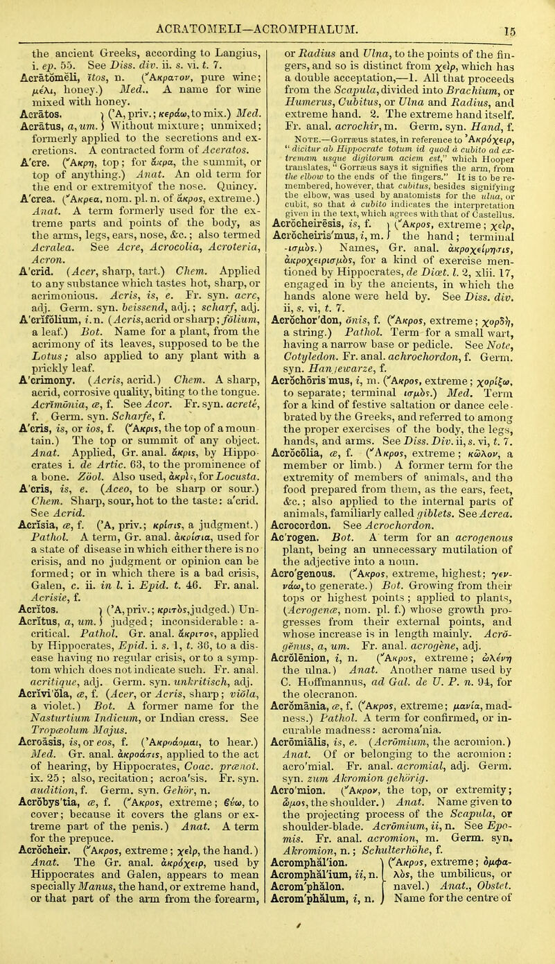 ACEATOTiIELI—ACROMPHALUM. the ancient Greeks, according to Langius, i. ep. 55. See Diss. div. ii. s. vi. t. 7. Acratomeli, itos, n. ^AKpaTou, pure wine; ix€\t, lioney.) Med.. A name for wine mixed with lioney. Acratos. i ('A, priv.; Kfpotu,tomix.) Med. Acratus, a,MTO.) Without mixture; unmixed; ibmierly applied to the secretions and ex- cretions. A contracted form o{ Aceratos. A'cre. (AKpT), top; for oucpa, the summit, or top of anything.) Anat. An old term for tlie end or extremityof the nose. Quincy. A'crea. [''AKpea, nom. pi. n. of iiKpos, extreme.) Anat. A term formerly used for the ex- treme parts and points of the hody, as the arms, legs, ears, nose, &c.; also termed Acralea. See Acre, AcrocoUa, Acroteria, Acron. A'crid. (Acer, sharp, tart.) Chem. Applied to any substance which tastes hot, sharp, or aciimonious. Acris, is, e. Fr. syn. acre, adj. Germ. syn. 6c?'ss«n(i, adj.; scharf, adj. A'crifolium, i. n. [Acris, acrid or sharp; folium, a leaf.) Bot. Name for a plant, from the acrimony of its leaves, supposed to be the Lotus; also applied to any plant with a pi-ickly leaf. A'crimony. {Acris, acrid.) Chem. A sharp, acrid, corrosive quahty, biting to the tongue. Acrimunia, cb, f. See Acor. Fr. syn. acrete, f. Germ. syn. Scharfe, f. A'cris, is, or ios, f. (AKpu, the top of a raoun tain.) The top or summit of any object. Anat. Applied, Gr. anal. aKpts, by Hippo crates i. de Artie. 63, to the prominence of a bone. Zool. Also used, aKph, tor Locusta. A'cris, is, e. {Aceo, to be sharp or sour.) Chem. Sharp, sour,hot to the taste: a'crid. See Acrid. Acrisia, a, f. ('A, priv.; Kpl(ns, a judgment.) Pathol. A term, Gr. anal. aKPiVia, used for a state of disease in which either there is no crisis, and no judgment or opinion can be formed; or in which there is a bad crisis, Galeu, c. ii. in I. i. Epid. t. 46. Fr. anal. Acrisie, f. Acritos. 1 ('A,priv.; KpiTbs,judged.) Un- Acritus, a, um. ] judged; inconsiderable : a- critical. Pathol. Gr. anal. axpiTos, applied by Hippocrates, Epid. i. s. 1, t. 30, to a dis- ease having no regiilar crisis, or to a symp- tom which does not indicate such. Fr. anal. acritique, adj. Germ. syn. unkritisch, adj. Acrivi'ola, cb, f. {Acer, or Acris, shai-p; viola, a violet.) Bot. A former name for the Nasturtium Indicum, or Indian cress. See Trapcenlum Majus. Acroasis, is, or COS, f. {'AKpodofiai, to hear.) Med. Gr. anal. aKpodms, applied to the act of hearing, by Hippocrates, Coac. prcenot. ix. 25 ; also, recitation; acroa'sis. Fr. syn. audition, f. Germ. syn. Gehiir, n. Acrobys'tia, ce, f. (AKpos, extreme; Sia, to cover; because it covers the glans or ex- treme part of the penis.) Anat. A term for the prepuce. Acroclieir. (^AKpos, extreme; y(elp, the hand.) Anat. The Gr. anal. aKp6xf'P, used by Hippocrates and Galen, appears to mean specially Manus, the hand, or extreme hand, or that part of the arm from the forearm, or Radius and Ulna, to the points of the fin- gers, and so is distinct from x^'P) which has a double acceptation,—1. All that proceeds from the /Scn^;iiia,divided into Brachium, or Humerus, Cubitus, or Ulna and Radius, and extreme hand. 3. The extreme hand itself. Fr. anal, acrochir, m. Germ. syn. Hand, f. Note.—Gorrseus states, in reference to 'AKpSx^'p,  dicitur ah Hipijocrate totum id quod d cuhito ad ex- treituim usque di/jitorum aciem est which Hooper translates,  CJorrteus says it signifies the arm, from the elbow to the ends of the fingers. It is to be re- membered, however, that cubitus, besides signifying the elbow, was used by anatomists for the ulna, or cubit, so that d cubito indicates the interpretation given ill the text, which agrees with that of Castellus. Acrocheiresis, is, f. i CAxpos, extreme; x^Vi Acrocheiris'inus, i, m. S the hand ; terminal -iiTfxhs.) Names, Gr. anal. aKpox^ipV'rts, a/cpoxeipKT/abj, for a kind of exercise men- tioned by Hippocrates, de Dicet. I. 2, xlii. 17, engaged in by the ancients, in wliich the hands alone were held by. See Diss. div. ii, .5. vi, f. 7. Acrochor'don, onis, f. (AKpos, extreme; x^P^h, a string.) Pathol. Term for a small wart, having a narrow base or pedicle. See Note, Cotyledon. Fr. anal, achrochordon, f. Germ, syn. Hanjewarze, f. Acrochoris'mus, i, m. (A/cpoj, extreme; x<'P'f'»'' to separate; terminal i(rnh%.) Med. Term for a kind of festive saltation or dance cele • brated by the Greeks, and referred to among the proper exercises of the body, the legs, hands, and arms. See Diss. Div. ii, s. vi, t. 7. Acrocolia, ce, f. {AKpos, extreme; kwKov, a member or limb.) A former term for the extremity of members of animals, and the food prepared from them, as the ears, feet, &c.; also applied to the internal parts of animals, familiarly called (jiblets. SeeAcrea. Acrocordon. See Acrochordon. Ac'rogen. Bot. A term for an acrogenous plant, being an unnecessary mutilation of the adjective into a noun. Acro'genous. (Afcpos, extreme, highest; 751*- yao),to generate.) Bot. Growing from their tops or highest points ; applied to plants, {AcroqencB, nom. pi. f.) whose growth jiro- gresses from their external points, and whose increase is in length mainly. Acrd- (jenus, a, um. Fr. anal, acrogene, adj. Acrolenion, i, n. {Anpos, extreme; £i\4vi) the ulna.) Anat. Another name used by C. Hoffmannus, ad Gal. de U. P. n. 94, for the olecranon. Acromania, «, f. ('Aicpoj, extreme; ^lavia, mad- ness.) Pathol. A term for confirmed, or in- curable madness: acroma'nia. Acromialis, is, e. {AcrOmium, the acromion.) Anat. Of or belonging to the acromion : acro'mial. Fr. anal, acromial, adj. Germ, syn. zum Akromion gehiirig. Acro'mioii. {Akpov, the top, or extremity; 5/.tos, the shoulder.) Anat. Name given to the projecting process of the Scapula, or shoulder-blade. AcrOmium, ii, n. See Epo- mis. Fr. anal, acromion, m. Germ. syn. Akromion, n.; SchulterhUhe, f. Acromphal'ion. \ (AKpos, extreme; dn<pa- Acromphal'ium, ii, n. I \hs, the umbilicus, or Acrom'phalon. [ navel.) Anat., Obstct. Acrom'phalum, i, n. j Name for the centre of