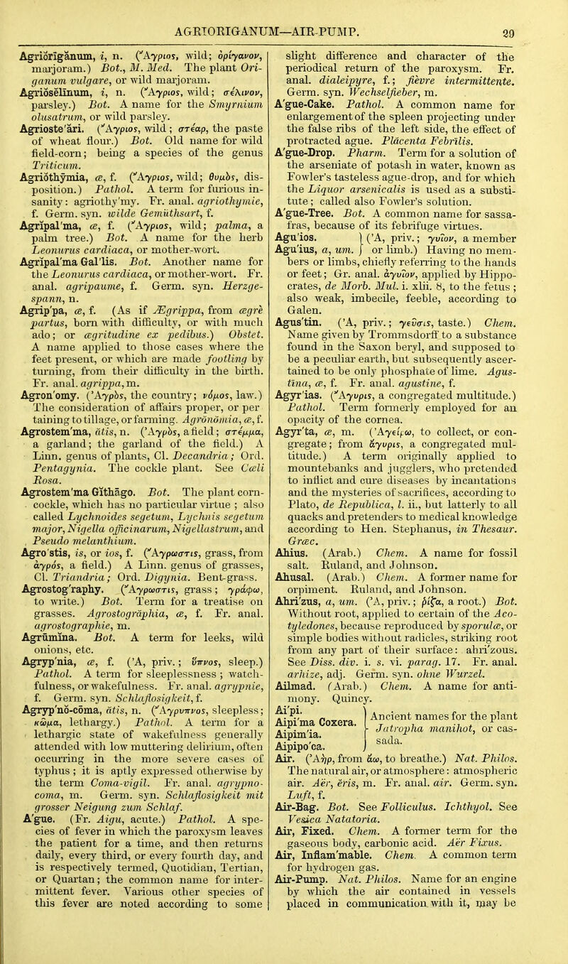 AGRTORIGANUM—AIK-PUJIP. 99 Agriorlganum, i, n. (^Aypios, wild; opiyavov, maijoram.) Bot., M.Med. The plant Ori- ganum vidgare, or wild maxjoram. Agriosellnum, i, n. {Aypios, wild; aihtvov, pai'slej'.) Bot. A name for the Smyriiium olusatrum, or wild parsley. Agrioste'ari. (Aypios, wild ; (rriap, the paste of wheat flour.) Bot. Old name for wild field-corn; being a species of the genus Triticum. Agriothymia, <e, f. ^Aypios, ^nld; Bunhi, dis- position.) Pathol. A term for furious in- sanity: agriothy'my. Yr. anal, agriothymie, f. Germ. syn. ivilde Gemiithsart, f. Agripal'ma, a, f. I^Aypios, wild; palma, a palm tree.) Bot. A name for the herb Leonurus cardiaca, or mother-wort. Agripal'ma Gal'lis. Bot. Another name for the Leonurus cardiaca, or mother-wort. Fr. anal, agripaume, f. Germ. syn. Herzge- spann, n. Agrip'pa, a, f. (As if JEgrippa, from eegre partus, bom with difficulty, or with much ado; or ccgritudine ex pedibus.) Obstet. A name applied to those cases where the feet present, or which are made footling by turning, from their difficulty in the biith. Fr. anal, agrippa, m. Agron'omy. (■A7p!)s, the country; i/J/ios, law.) The consideration of affairs proper, or per taining to tillage, or farming. Agrondmia, ee., f. Agrostem'ma, fKts, n. ('Aypbs, atield; o-Te'/u^ua, a garland; the garland of the field.) A Linn, genus of plants, CI. Decandria; Ord. Pentagynia. The coclde plant. See Cceli Rosa. AgTostem'ma Githago. Bot. The plant corn- cockle, which has no particular virtue ; also called Lychnoides segetum, Lychnis seyetum major, Nigella officinarwn, Nigellastrum, and Pseudo melanthium. Agro'stis, is, or ios, f. {Aypaans, grass, from aypos, a field.) A Linn, genus of grasses, CI. Triandria; Ord. Digynia. Bent-grass. Agrostog'raphy. (^Aypaians, grass ; ypdipa, to write.) Bot. Terai for a treatise on grasses. Arjrostographia, cb, f. Fr. anal. agrostographie, m. Agrumina. Bot. A term for leeks, wild onions, etc. Agrjrp'nia, a, f. ('A, priv.; virvos, sleep.) Pathol. A term for sleeplessness ; watch- fulness, or wakefulness. Fr. anal, agrypnie, f. Germ. syn. SchlaJiosigkeit,f. Agryp'no-coma, atis, n. (^Aypviri/os, sleepless; Kwna, lethargy.) Pathol. A term for a lethargic state of wakefulness generally attended with low muttering delirium, often occurring in the more severe cases of typhus ; it is aptly expressed otherwise by the term Coma-vigil. Fr. anal, agrypno- coma, m. Germ. syn. Schlaflosigkeit mit grosser Neigung zum Schlaf. A'gae. (Fr. Aigu, acute.) Pathol. A spe- cies of fever in which the paroxysm leaves the patient for a time, and then returns daily, every third, or every fourth day, and is respectively termed, Quotidian, Tertian, or Quai'tan; the common name for inter- mittent fever. Various other species of this fever are noted according to some slight difference and character of the periodical return of the paroxysm. Fr. anal, dialeipyre, f.; fievre intermittente. Germ. sj'n. Wechselfieber, m. A'gue-Cake. Pathol. A common name for enlargement of the spleen projecting under the false ribs of the left side, the effect of protracted ague. Placenta Febrilis. A'gue-Drop. Pharm. Term for a solution of the arseniate of potash in water, known as Fowler's tasteless ague-drop, and for which the Liquor arsenicalis is used as a substi- tute ; called also Fowler's solution. A'gue-Tree. Bot. A common name for sassa- fras, because of its febrifuge virtues. Agii'ios. 1 ('A, priv.; yviov, a member Agu'ius, a, um. | or limb.) Having no mem- bers or limbs, chiefly referring to the hands or feet; Gr. anal, ayviov, applied by Hippo- crates, de Morb. Mul. i. xlii. b, to the fetus ; also weak, imbecile, feeble, according to Galen. Agus'tin. ('A, priv.; 765(riy, taste.) Chem. Name given by Trommsdorft' to a substance found in the Saxon beryl, and supposed to be a peculiar earth, but subsequently ascer- tained to be only phosphate of lime. Agus- tina, <p, f. Fr. anal, agustine, f. Agyr'ias. [Ayupis, a congregated multitude.) Pathol. Term fonnerly employed for an opacity of the cornea. Agjrr'ta, ce, m. ('Ayeifcij, to collect, or con- gregate ; from dyvpis, a congregated mul- titude.) A term originally applied to mountebanks and jugglers, who protended to inflict and cure diseases by incantations and the mysteries of sacrifices, according to Plato, de Republica, I. ii., but latterly to all quacks and pretenders to medical knowledge according to Hen. Stephanus, in Thesaur. Grcec. AMus. (Arab.) Chcm. A name for fossil salt. Ruland, and Johnson. Ahusal. (Arab.) Cliem. A fonner name for orpiment. Ruland, and Johnson. Ahri'zus, a, um. ('A, priv.; ^I'fa, a root.) Bot. Without root, applied to certain of the Aco- tyledones, because reproduced by sporulm, or simple bodies without radicles, striking root from any part of their surface: ahri'zous. See Diss. div. i. s. vi. parag. 17. Fr. anal. arhize, adj. Germ. syn. ohne Wurzel. Ailiuad. (Arab.) Chem. A name for anti- mony. Quincy. ^\ P.V „ ) Ancient names for the plant Aipi ma Coxera. t . , ... ^ a- i-mSo r Jatropha manihot, or cas- Aipipo'ca. j ^^'^^^ Air. ('Atjp, from So), to breathe.) Nat. Philos. The natural air, or atmosphere: atmospheric air. Aer,eris,m. Fr. anal. air. Germ. syn. Luft, f. Air-Bag. Bot. See FoUiculus. Ichthyol. See Vesica Natatoria. Air, Fixed. Chem. A former term for the gaseous body, carbonic acid. Aer Fixus. Air, Inflam'mable. Chem. A common tenn for hydrogen gas. Air-Pump. Nat. Philos. Name for an engine by which the air contained in vessels placed in communication, with it, ijiay be