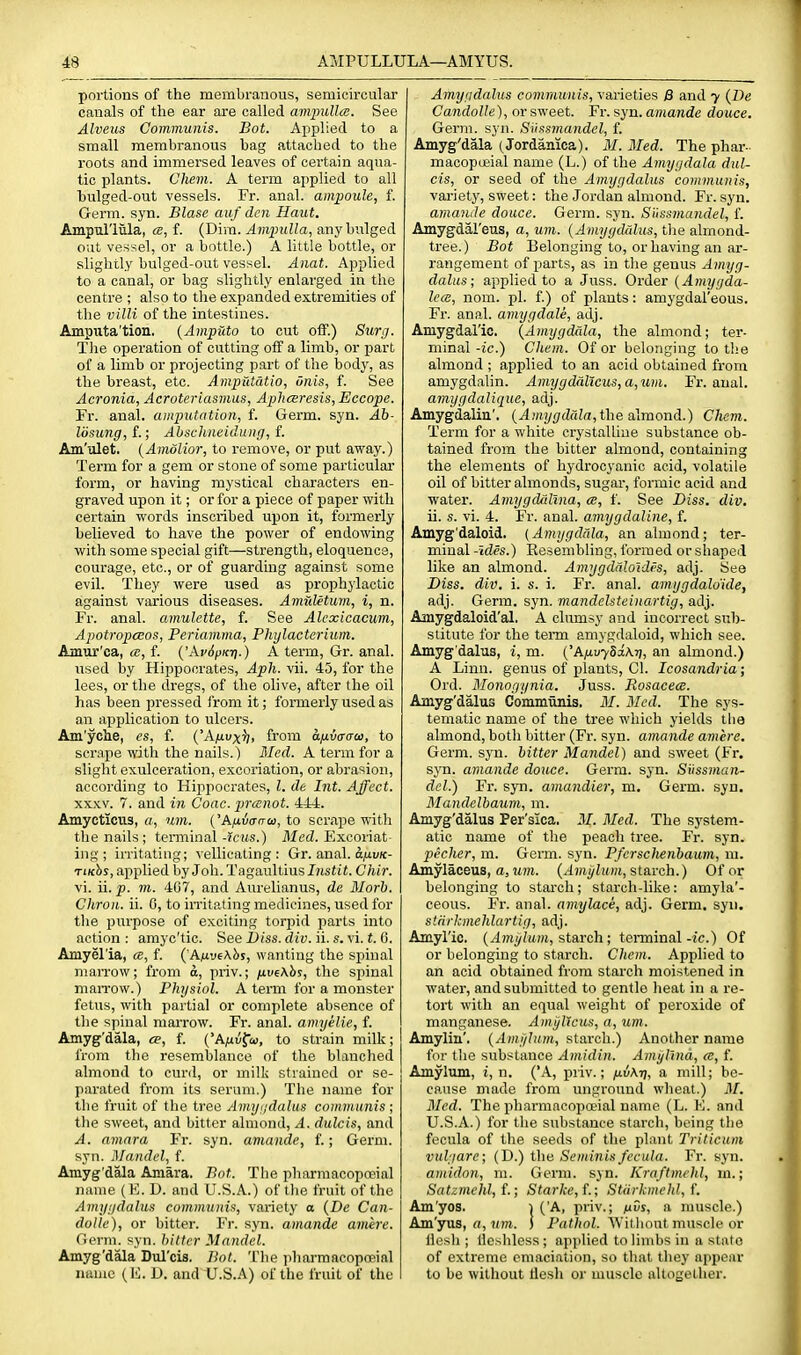 portions of the membranous, semicircular canals of the ear are called ampullm. See Alveus Communis. Bot. Applied to a small membranous bag attached to the roots and immersed leaves of cei'tain aqua- tic plants. Chem. A term applied to all hulged-out vessels. Fr. anal, ampoule, f. Gerin. syn. Blase auf den Haut. Amptil'Hila, cb,{. (Dim. ^mjJwHa, any bulged out vesisel, or a bottle.) A little bottle, or slightly bulged-out vessel. Anat. Applied to a canal, or bag slightly enlarged in the centre ; also to the expanded extremities of the villi of the intestines. Ampiita'tion. {AmpHto to cut off.) Surrr. The operation of cutting off a limb, or part of a limb or projecting part of the body, as the breast, etc. Ampiitatio, Onis, f. See Acronia, Acroteriasmus, Apliceresis^Eccope. Fr. anal, amputation, f. Germ. syn. Ah- losung, f.; AbscUneidung, f. Am'iilet. {Amdlior, to remove, or put away.) Term for a gem or stone of some particular form, or having mystical characters en- graved upon it; or for a piece of paper with certain words inscribed upon it, formerly believed to have the power of endowing with some special gift—strength, eloquence, courage, etc., or of guarding against some evil. They were used as prophylactic against various diseases. Amfdetum, i, n. Fr. anal, amulette, f. See Alcxicacum, ApotropcBos, Periamma, Phijlacterium. Ajniir'ca, f. {'kv6j)Kri.) A term, Gr. anal, used by Hippocrates, Apli. \ii. 45, for the lees, or the dregs, of the olive, after the oil has been pressed from it; formerly used as an application to ulcers. Am'yche, es, f. {'kfivxhi from afiia-acc, to scrape with the nails.) Med. A term for a slight exuleeration, excoriation, or abrasion, according to Hippocrates, I. de Int. Affect. XXXV. 7. and in Coac. pranot. 444. Amyoticus, a, um. ('Afiiffrroi, to scrai^e with the nails; tenninal-feus.) MecZ. Excoriat- ing ; irritating; vellicating : Gr. anal. d|Uu(c- TiKhs, applied by Job. Tagaultius Iiistit. Chir. vi. ii. p. m. 407, and Aurelianus, de Blorh. Chroii. ii. 0, to imtating medicines, used for the purpose of exciting torpid parts into action : amyc'tic. See I)iss. div. ii. s. vi. t. G. Amyel'ia, a, f. (^htiviKh^, wanting the spinal marrow; from d, priv.; /xveKhs, the spinal maiTow.) Physiol. A term for a monster fetus, with partial or complete absence of the spinal marrow. Fr. anal, amyelie, f. Amyg'dala, ee, f. {'Afiv^w, to strain milk; from the resemblance of the blanched almond to curd, or milk strained or se- parated from its serum.) The name for the fruit of the tree Amijiidalus communis; the sweet, and bitter almond, A. dulcis, and A. amara Fr. syn. amande, f.; Germ, syn. Mandel, f. Amyg'dala Amara. Bot. The pharmacopreial name ( K. D. and U.S.A.) of llie fruit of the Amijijdalus communis, variety o (De Can- dolle), or bitter. Fr. syn. amande amere. Germ. syn. hitter Mandel. Amyg'dala Dul'cis. Bot. The pharmacopa'ial nume (K. D. and U.S.A) of the fruit of the Amyfidalus communis, varieties B and y {De Candolle), or sweet. Fr. syn. amande douce. Germ. syn. Siissmandel, f. Amyg'dala (Jordanica). M. Med. The phar- macopoeial name (L.) of the Amygdala dul- cis, or seed of the Amygdalus communis, variety, sweet: the Jordan almond. Fr. syn. amande douce. Germ. syn. Siissmandel, f. Amygdal'eus, a, um. {Amygdalus, the almond- tree.) Bot Belonging to, or having an ar- rangement of parts, as in the genus Amyg- dalus; applied to a Juss. Order {Amygda- lece, nom. pi. f.) of plants: amygdal'eous. Fr. anal, amygdale, adj. Amygdal'io. {Amygdala, the almond; ter- minal -ic.) Chem. Of or belonging to the almond ; applied to an acid obtained from amygdalin. Amygddlicus,a,um. Fr. anal. amygdalique, adj. Amygdalin'. {Amygdala,the almond.) Chem. Term for a white crystalline substance ob- tained from the bitter almond, containing the elements of hydrocyanic acid, volatile oil of bitter almonds, sugar, formic acid and water. Amygdiillna, <b, f. See Diss. div. ii. s. vi. 4. Fr. anal, amygdaline, f. Amyg'daloid. (Amygdala, an almond; ter- minal -Ides.) Eesembling, formed or shaped like an almond. Amygdaloidfs, adj. See Diss. div. i. s. i. Fr. anal, amygdaloide, adj. Germ. syn. mandehteinartig, adj. Amygdaloid'al. A clumsy and incorrect sub- stitute for the term amygdaloid, which see. Amyg'dalus, i, m. {'hfj-vyhihrt, an almond.) A Linn, genus of plants, CI. Icosandria; Old. Monogynia. Juss. Rosacece. Amyg'dalus Communis. M. Med. The sys- tematic name of the tree which yields the almond, both bitter (Fr. syn. amande amere. Germ. syn. hitter Mandel) and sweet (Fr, syn. amande douce. Germ. syn. Siissman- del.) Fr. syn. amandier, m. Germ. syn. Mandelbaum, m. Amyg'dalus Per'sica. M. Med. The system- atic name of the peach tree. Fr. syn. pecher, m. Germ. syn. Pfcrschenhaum, in. Amylaceus, a, M?«. {Amylum, sisxch.) Of or belonging to starch; starch-like: amyla'- ceous. Fr. anal, amylace, adj. Germ. syn. stnrkmehlartig, adj. Amyl'ic. {Amijlum, starch ; tenninal -ic.) Of or belonging to starch. Chem. Applied to an acid obtained from starch moistened in water, and submitted to gentle heat in a re- tort with an equal weight of peroxide of manganese. Amjjllcus, a, um. Amyliu'. (/Iwiy^itm, starch.) Another name for the substance Amidin. Amyllnd, (c, f. Amylum, i, n. ('A, priv.; ixvKri, a mill; be- cause made from ungi'ound wheat.) M. 3Icd. The pharmacopoeial name (L. K. and U.S.A.) for the substance starch, being the fecula of the seeds of the plant Triticum vulgare; (D.) the Seminis fccula. Fr. syn. amidon, m. Genn. syn. Kraftmehl, m.; Satzmehl,i.; Starke, f.; Stiirkmeld, L Am'yos. | ('A, priv.; nvs, a muscle.) Am'yus, n, ?(wi. j Paf/foZ. WiMinut muscle or ilesli ; licsbless ; applied to limbs in a state of extreme emaciation, so that they appear to be without llesh or muscle altogether.