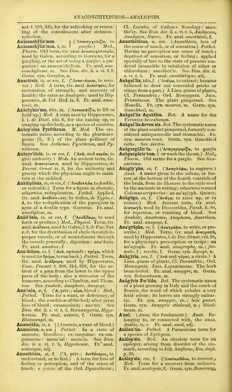 ANACONCHYLTS:\IOS—ANALEPSTS. not. t. 320, 335, for the refreshing or recrea- ting of the convalescent after sickness: refection. Anaconchylis'nios. ) {'AvaKoyxuAi^co, to Anaconchylis'mus, i, m. ) gargle.) Med., Pharm. Old term, Gr. anal. avoMoyx^^!^^^-, used by Galen, according to Gorrams, for a gargling, or the act of using a gargle; a gar- garism : an anacon'chylism. Yv. anal, ana- conchylimiie, m. See Diss. div. ii. s. vi. t. 7. Germ. syn. Gimjlen, n. Anactesis, is, or eos, f. ('Ai'afcraojuai, to reco- ver.) Med. A term, Gr. anal. a.va,nrr)cni, for restoration of strength, and recovery of health; the same as Analepsis; used by Hip- pocrates, de Vet. Med. ix. 6. Fr. anal, anac- tesie, m. AnaciipMs'ma, dtis, m. ('Aj'a/coucfu'f oo, to lift or hold up.) Med. A term used by Hippocrates, I. i. de Diat. xlii. G, for the raising up, or swaying up the body, as a species of exercise. Anacy'clus Pyrethrum. M. Med. The sys- tematic name, according to the pharmaco pceias (L. E.) of the plant pellitory of Spain. See Anthemis Pyrethrum, and Py- rethrum. Anacyr'iSsis, is, or eos, f. {'Ava, and Kvp6a>, to give authority.) Med. An ancient term, Gr. anal. avaKvpluxri^, used by Hippocrates, de Decent. Ornat. ix. 9, for the authority and gravity which the pliysician ought to main- tain at the sickbed. Anadiplosis, fs, or cos, f. ('AvaSiTrAjiu, to double, or redouble.) Tenn for a figure in rhetoric, otherwise, reduislication. Pathol. Applied, Gi'. anal. avaSiirKu tris, by Galen, de Typis, c. 4, to the reduplication of the paroxysm in ague of a double type. Gorraeus. Fr. anal. anadijjlose, m. Anad'osis, is, or eos, f. ('AvahiSuni, to send forth or produce.) Med., Physiol. Term, Gr. anal. ocaSoo-ir, used by Galen, I. '2, de Fac.Nat. c. 0, for the distribution of chyle througli its proper vessels, or of notirishment through the vessels generally; digestion: ana'dosis. Fr. anal, arwdose, f. Ana'drome, es, f. {'Ava, upwards ; Tpix<^i which isusedi'or5peV<^rtoruuback.) Pathol. Term, Gr. anal. apdSpofiri, used by Hippocrates, Coac. Prcenot. t. 308, 31-1, 316, for the re- treat of a pain from the lower to the upper parts of the body; also a recession of the humours, accorditigto Charlton, and Thom- son. See Anahnle, Anuphore, Anayoge. Anee'mia, oe, f. ('A, priv.; alixa, blood.) Med., Pathol. Term for a want, or deticieney, of blood ; the condition of the body after great loss of blood; exsauguinity : ane'my. See Diss. div. ii. s. \\. t, 5, Hiematoporia, Hyjm- hremia. Fr. anal, anemic, f. Genn. syn. Blutmangel, m. Anaemialis, is, e. 1 (^«£c?(Ma,a want of blood.) Anaemicus,«,«)«. j Pathol. In a state of anajmia; bloodless; ex-sangnine: ex-san- guineous : anem'ial: anem'ic. See Diss, div. ii. s. vi. t. 5, Hypohemic. Fr.* anal. (ineinique, adj. Anaesthesia, cb, f. ('A, priv.; aKrOdvofiat, to understand, or to feel.) A term for loss of feeling or perception, and of the sense of touch; a giiiius of the On\. Dysceslhesia; CI. Locales, of Culleus Nosology: anes- the'sy. See Diss. div. ii. s. vi. f. 5, Analgesia, Anodynia, Narce. Fr. anal, anesthesie, f. Anaestheticus, a, wn. (Anasthesia, loss of the sense of touch, or of sensation.) Pathol. HaNang no percejition nor sense of touch ; deprived of sensation, or feeling; applied specially of late to the state of persons ren- dered insensible by inhalation of ether or chloroform : anestliet'ic. See Diss. div. ii. s. vi. f. 5. Fr. anal, anesthetique, adj. Anagal'lis, ?(iis,f. ('AfaYo;, to extract; because believed to draw out concealed pricks or stings from a part.) A Linn, genus of plants, CI. Pentandria; Ord. Monogynia. Juss. PrimulacecB. The plant pimpernel. See Monelli. Fr. syn. mouron, m. Germ. syn. Gauchheil, m. Anagal'lis Aquatica. Bot. A name for the Veronica beccabunga. Anagal'lis Arven'sis. Bot. The systematic name of the plant scarlet pimpernel, formerly con- sidered antispasmodic and stomachic. Fr. syn. mauron roux. Germ. syn. Gauchheil rothe. See Aeritis. Anagargalic'ta, ] {'Avayapyapi^w, to gargle Anagargaris'tum,) or wash the throat.) Med., Pharm. Old terms for a gargle. See Gar- garisma. Anagly'phe, es, f. {'AvayXi<po>, to engrave.) Anat. A name given to the sulcus, or fur- row, at the bottom of the fourth ventricle of the brain, from its likeness to the style used by the ancients in writing; otherwise termed Calamus scriptoritis: an an'aglyph. Quincy. Anagoge, es, f. {'Avdyw, to raise up, or to reduce.) 3Ied. Ancient term, Gr. anal. anaywy^, used by Dioscorides, Parab. ii. 'M, for rejection, or vomiting of blood. See AnaboU, Anadrome, Anaphora, Anarrhcea. Fr. anal, anagoge, f. Ana'graphe, es, f. ('Ai'aypd(j>a, to write, or pre- scribe.) Med. Term, Gr. anal, avaypatpi), used by Hippocrates, I. de Dec. Ornat. viii. 18, for a physician's prescription or recipe : an an'agraph. Fr. anal, anagraphe, m.; for- mule, f.; recette, f. Germ. syn. Recept, n. Anagyris, cos, f. ('Am and ^Gpos, a circle.) A Linn, genus of plants, CI. Decandria ; Ord. Monogynia. Juss. Leguminosae. The herb bean-trefdil. Fr. anal, anagyre, m. Germ, syn. Bohnenbaum, m. Anagyris Foe'tida. Bot. The systematic name of a plant growing in Italy and the south of France, the wood of which exhales a very fetid odour; its leaves are strongly cathar- tic. Fr. syn. anagyre, m. ; bois puant. Germ. syn. Anagyris stinkend, n.; Stiiik- baum, m. A'nal. {Anus, the fundament.) Anat. Be- longing to, or connected with, the anus. Analis, is, e. Fr. anal, anal, adj. Analen'tia. Pathol. A Pai-acclsian term for a species of Epilepsia. Analep'sia. Med. An obsolete term for an epilepsy, arising from disorder of the sto- mach, according to Joh. Anglicus, Ros.Angl. p. 35. Analep'sis, eos, f. {'AvaXanedfia, to recover./ Med. Term for a recovery from sickness. Fr. anal, analepsie, f. Germ. sju. Bcsserung,