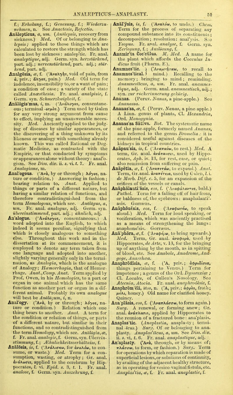 f.; Erholung, f.; Gencsung, f.; Wiederza- ■nehmcn, n. See Anactesis, Rejectio. Analepticus, a, urn. {Awdcpsis, recoveiy from sickness.) Bled. Of or belonging to Ana- Icpsis; applied to those things which are calculated to restore the strength which has heen lost by sickness : analep'tic. Fr. anal. aiialeptique, adj. Germ. syn. herzstdrkend, part, adj.; nervenstarkend, ipaxt. adj.; stdr- kend, part. adj. Analgesia, ce, f. {'Ava\y}is, void of pain, from d, priv.; &\yos, pain.) Med. Old term for indolence, insensibility to, or a want of pain; a condition of ease; a variety of the state called Ancestliesia. Fr. anal, analgesic, f. Germ. syn. Schmerzlosigkcit, f. Analogis'mus, i, m. ('Xvakoyos, consentane- ous ; terminal -laixhs.) Term used by Galen for any very strong argument from cause to effect, impljdng an unanswerable neces- sity. 3Ied. Anciently applied to the judg- ing of diseases by similar appearances, or the discovering of a thing unknown by its likeness or analogy with something ah-eady known. This was called Rational or Dog- matic Medicine, as contrasted with the Empiric, or that conducted by symiitoms or appearances alone without theoi-y: anal'o- gism. See Diss. div. ii. s. vi. t. 7. Fr. anal. Analogisme, m. Anal'ogous. ('Afd, by or through ; \6yos, na- ture or condition.) Answering in fashion ; bearing relation to. Anat. Applied to things or parts of a different nature, but having a similar relation of functions, and therefore contradistinguished from the teim Homologous, which see. Amllogus, a, urn. Fr. anal, analogue, adj. Germ. syn. iibereinstimmend, pait. adj.; dhnlich, adj. An'alogue. {'Apd\oyos, consentaneous.) A word adopted into the English, to which indeed it seems peculiar, signifj'ing that which is closely analogous to something else. Throughout this work and in the dissertation at its commencement, it is employed to denote any term taken from one language and adopted into another, slightly varying generally only in the termi- nation, as Analogia, which is the analogue of Analogy; Hccmorrliagia, that of Hemor- I'hage. Anat.,Comp. Anat. Term ajiplied by Prof. Owen, in his Homologies, to a part or organ in one animal which has the same function as another part or organ in a dif- ferent animal. Probably its own analogue ] ■mil best be AnCdoijum, i, n. Anal'ogy. ('Ava, by or through; \6yos, na- ' ture or condition.) Eelation whioi'i one i thuig bears to another. Anat. A tenn for the condition or relation of things, or pnrts of a different nature, but similar in their functions, and so contradistinguished from the term Homology ,yv\im\\ see. AmiUigia,ce, f. Fr. anal. a)iaZo(/te,f. Germ. syn. {7&e/'«i«- stimmung, f.; JEhnlichkeitsverhdltniss, f. Analosis, is, f. ('AyaAio-Kcu, for dvaAtiw, to con- sume, or waste.) Med. Term for a con- sumption, wasting, or atrophy; Gr. anal. avaKuiais, appUed to the cerebrum by Hip- pocrates, I. vi. Epid. s. 3, t. 1. Fr. anal. analose, f. Germ. syn. Auszehrung, f. Anal'ysis, is, f. {'Ava\va>, to undo.) Cheiii. Term for the process of separating any compoimd substance into its constituents; decomposition; resolution: anal'ysis. Sje Ysopus. Fr. anal, analyse, f. Germ. syn. Zerlegimg, f.; Ausliisung, f. Anamir'ta Coc'culus. M. Med. A name for the plant which affords the Cocculus In- dicus fruit (Pharm. E). Anamnes'tio. i QAvafxvfirjKw, to recall to I Anamnes'tical.) mind.) Recalling to the memory; bringing to mind; reminding. Anamnesticus, a, um. Fr. anal, anamncs- tique, adj. Germ. anal, anainnestisch, adj.; syn. zitr ruckerinncrung gckorig. Ananas. (Peruv. Asanas, a pine-apple.) See Ananassa. I Ananas'sa, ce, f. (Peruv. Nanas, a pine apple.) A Linn, genus of plants, CI. Hexandria, Ord. Monngynia. Ananas'sa Sativa. Bot. The systematic name of the pine-apple, formerly named Ananas, and referred to the genus Bromelia: it is considered useful against diseases of the kidneys in tropical countries. Aaapau'sis, is, f. {'kvatraiw, to rest.) Med. A term, Gr. anal, avdnavcri^, used by Hippo- crates, Aph. iv. 1:J, for rest, ease, or quiet; also remission from suft'ering or pain. Anapetia, ce, f. ('AvajreToai, to expaud.) Anat. Term, Gr. anal. dcaTreTeia, used by G ulen, I. i. dc Morb. Biff. c. 6, for an expansion of the orifices of the vessels or canals. Anaplialaati'asis, eos, f. a((>aAai'Tos, bald.) Pathol. Term for a falling otf of hair from, or baldness of, the eyebrows: anaphalanti'- asis. Gorrams. Anaphonesis, eos, f. ('Ava<pb)pea), to speak aloud.) Med. Term for loud speaking, or vociferation, which was anciently practised as a means of strengthening the lungs: anaphone'sis. Gorrseus. Ana'phora, ce, f. {'Ki>a<p4pa, to bring upwards.) 3Ied. Term, Gr. aual. ava<popa, used by Hippocrates, de Arte, v. 13, for the bringing up of anything by the mouth, as in spitting of blood, etc. See Anahole, Anadrome, Ana- goge, Anarrhaa. Anaphrodisia, «, f. ('A, priv.; a(ppo5l(na, things pertaining to Venus.) Term for impotence ; a genus of the Ord. Dysorexice ; CI. Locales, of Cullen's Kosology. See Atecnia, Atocia. Fr. anal, anaphrodesie, f. Anaphrom'eli, ttos, n. {'A, priv.; acpphs, froth; yue'Ai, honey.) Old name for claritied honey. Quincy. Ana'plasis, eos, i. ('AvairKaa-aw, to form again.) Surg. A renewal, or fonning anew; Gr. anal. avdwAaffis, applied by Hippocrates to the reunion of a fractured bone: ana'plasis. Anaplas'tio. {Anaplastia, anaplasty; termi- nal -tens.) Sur.i. Of or belonging to ana- plasty. Anaplas'ticus, a, um. See Diss. div. ii. s. vi. t. 6. Fr. anal, anaplastique, adj. An'aplasty. ('Ai'd, through, or by means of; irXdiracii, to form, or fashion.) Surg. Term for operations by which reparation is made of superficial lesions, or solutions of continuity, by availing of the adjacent healthy structure, as in operatingforvesico vaginal fistula, etc. Anaplastia, <e, f. Fr. anal, anaplastic, f.