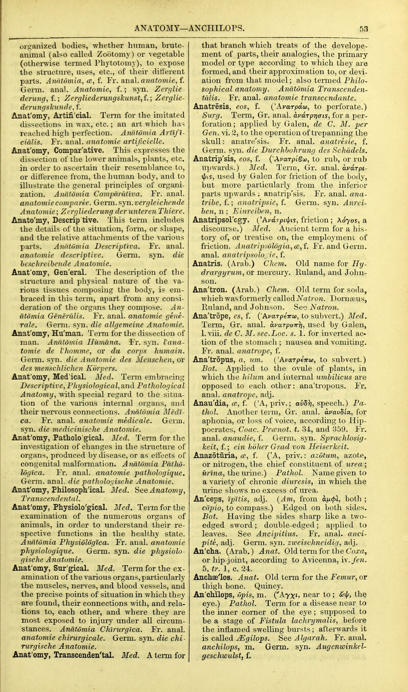 ANATOMY—. organized bodies, whether human, binite- animal (also called Zootomy) or vegetable (otherwise termed Phytotomy), to expose the structure, uses, etc., of their different parts. Aniitomia, a, {. Fr. ana]. anatomie,f. Genu. anal. Anatomie, f.; syn. Zerr/Ue derung, f.; Zergliedcrungskunst,f.; Zerglie- derungsl\itii(le, f. Anaf omy, Artifi'cial, Term for the imitated dissections in wax, etc.; an art which lias reached high perfection. Aniitumia Artlfl- cialis. Fr. anal, anatomie artificielle. Anat'omy, Compar'ative. This expresses the dissection of the lower animals, plants, etc. in order to ascertain their resemblance to, or difference from, the human body, and to illustrate the general principles of organi- zation. Anutomia CompCindiva. Fr. anal. anatomiecomparee. Germ. syn.vergleichende Anatomie; Zergliederung der unterenThiere. Anato'my, Descrip tive. This term includes the details of the situation, form, or shape, and the relative attachments of the varioiis parts. Anutomia Descripttva. Fr. anal. anatomie descriptive. Germ. syn. die hesclireibcnde Anatomie. Anat'omy, Gen'eral. The description of the structure and physical nature of the va- rious tissues composing the body, is em- braced in this term, apart from any consi- deration of the organs they compose. An- atomia Generalis. Fr. anal, anatomie gene- rale. Germ. syn. die allgemeine Anatomie. Anat'omy, Hu'man. Term for the dissection of man. Anatdmia Humana. Fr. syn. I'ana- tomie de I'homme, or du corps liumain. Germ. syn. die Anatomie des Mcnscheii, or des menschJichen Korpers. Anat omy, Med ical. Med. Tei-m embracing Descriptive,Physiological,and Pathological Anatomy, with special regard to the situa- tion of the various internal organs, and their nervous connections. AnatOmia Medi- ca. Fr. anal, anatomie medicale. Genu, syn. die medicinische Anatomie. Anat'omy, Patholo gical. Bled. Term for the investigation of changes in the structure of organs, produced by disease, or as effects of congenital malformation. Anutomia Pdtliu- Idgica. Fr. anal, anatomie pathologique. Germ. anal, die pathologische Anatomie. Anat'omy, Philosophical. Med. See Anatomy, Transcendental. Anat'omy, Physiolo'gical. Med. Term for the examination of the numerous organs of animals, in order to understand their re- spective functions in the healthy state. Anatdmia Physidlogica. Fr. anal, anatomie physiologiqiie. Germ. syn. die physiolo- gische Anatomie. Anat'omy, Sur'gical. Med. Term for the ex- amination of the various organs,particularly the muscles, nerves, and blood vessels, and the precise points of situation in which they are found, their connections with, and rela- tions to, each other, and where they are most exposed to injury under all circum- stances. Anatdmia Chlrxirglca. Fr. anal. anatomie chirurgicale. Germ. syn. die chi- rurgische Anatomie. Anat'omy, Transcenden'tal. Med. A term for ANCHILOPS. 53 that branch which treats of the develojoe- ment of parts, their analogies, the primary model or type according to wliich they are formed, and their approximation to, or devi- ation from that model; also termed P/iito- sophical anatomy. Anatdmia Transccnden- talis. Fr. anal, anatomie transccndante. Anatresis, eos, f. {'Ayarpdco, to perforate.) Sztrg. Term, Gr. anal, avdrpriais, for a per- foration; applied by Galen, de C. M. per Gen. vi. 2, to the operation of trepanning the skull: anatre'sis. Fr. anal, anatresie, f. Genn. syn. die Durchhohrung des Schiidels. Anatrip'sis, eos, f. {'XvarpiSM, to rub, or rub upwards.) Med. Term, Gr. anal, avdrpi- xf/is, used by Galen for friction of the body, but more particularly from the inferior parts upwards ; anatrip'sis. Fr. anal, ana- tribe, f.; nnatripsic, f. Germ, sj'u. Anrci- hen, n ; Einreiben, n. Anatripsol'cgy, ('AcaTpn|/ir, friction ; \6yos, a discourse.) Med. Aucient term for a his- tory of, or treatise on, the employment of friction. Anatripi6l6gia,cB,i. Fr. and Germ, anal. anatripsolo,Je,f. Anatris, (Arab.) Chem. Old name for Hy- drargyrum, or merciu'y. Ruland, and John- son. Ana'tron. (Arab.) Chem. Old term for soda, whichwasformerlycalledA^aO'oi. Dornteus, Ruland, and Johnson. Sec Natron. Ana'trope, es, f. ('AyarpeTra), to subvert.) Med. Term, Gr. anal, avarpoirii, used by Galen, 1. viii. de C. M. sec.Loc. s. 1. for inverted ac- tion of the stomach ; nausea and vomiting. Fr. anal, anatrope, f. Ana'tropus, a, uni. ('AvaTpiiru, to subvert.) Bot. Applied to the ovule of plants, in which the hilum and internal umbilicus are opposed to each other: ana'tropous. 'Fr. anal, anatrope, adj. Anau'dia, (B, f. ('A, priv.; auS^;, speech.) Pa- thol. Another term, Gr. anal. avavB'ia, for aphonia, or loss of voice, according to Hip- pocrates, Coac. Prcenot. t. 34, and 359. Fr. anal, anaudie, f. Germ. syn. Sprachlosig- keit, f.; ein hbhcr Grad von Heiserkeit. Anazoturia, a, f. ('A, priv.: azotum, azote, or nitrogen, the chief constituent of urea : iinna, the urine.) Pathol. Name given to a variety of chronic diuresis, in which the urine shows no excess of urea. An'ceps, ?p?tis, adj. {Am, from d/x^l, both ; cdpio, to compass.) Edged on both sides. Bot. Having the sides sharp like a two- edged sword; double-edged; applied to leaves. See Ancipitius. Fr. anal, anci- pite, adj. Germ. syn. zweischneidig, adj. An'cha. (Arab.) Anat. Old term for the Coxa, or hip-joint, according to Avicenna, iv./en. 5, tr. ], c. 34. Auchae'los. Anat. Old term for the Femur, or thigh bone. Quincy. Au'cMlops, dpis, m. (^kyxh near to ; the eye.) Pathol. Term for a disease near to the inner comer of the eye; supposed to be a stage of Fistula lachrymalis, before the inflamed swelling bursts; afterwards it is called JEgilops. See Algarah. Fr. anal. anchilops, m. Germ. syn. Augenwinkel- geschwulst, f.