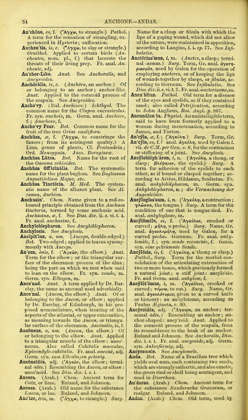 5t ANCHONE—ANDAS. An'clione, es, f. (^kyx'^-i to strangle.) Pathol. A term for the sensation of strangling, ex- perienced in Hysteria; suffocation. Anchon'tis, is, e. (^Xyx'^y to slay or strangle.) Oriiithol. Applied to certain bu'ds (.4)1- chontes, nom. pi., f.) that lacerate the throats of their living prey. Fr. anal. An- chonte, adj. An'chor-Like. Anat. See Anchoralis, and Ancyroides. Anchoralis, is, c. (^nc/iora, an anchor.) Of or belonging to an anchor; anchor-like. Anat. Applied to the coracoid process of the scapula. See Ancyroides. Ancho'vy. (Ital. Anchiove.) Ichthyol. The common name for the Cliipea encrasicolus. Fr. syn. anchois, m. Germ. anal. Anchove, f.; Anschove, f. Ancio'vy Pear. Bot. Common name for the fruit of the tree Grias caulijiora. Anchusa, ce, f. (^Pl^x^i to constringe the fauces; from its astringent quality.) A Linn, genus of plants, CI. Fentandria; Ord. Monogynia. Juss. BoraginecB. Anchiisa Lutea. Bot. Name for the root of the Onosina echioides. Anchusa Officinalis. Bot. The systematic name for the plant bugloss. See Buglossum Angustifoliiim Majus, etc. Anchiisa Tinctoria. ill. Med. The system- atic name of the alkanet plant. See Al- canna, Anehion. Anchusin'. Chern. Name given to a red-co- loured principle obtained from the Anchusa tinctoria, termed by some anchusic acid. Anchusma, ce, f. See Diss. div. ii. s. vi. t. 4. Fr. anal, anchusine, f. Anchyloblepharon. See Ancyloblepharon. Anchylosis. See Ancylosis. Ancipit'ius, a, um. {Anceps, double-edged.) Bot. Two-edged ; applied to leaves synony- mously with Anceps. An'con, dtiis, f. ('AyKwv, the elbow.) Anat. Term for the elbow ; or the triangular sur- face of the olecranon process of the ulna ; being the part on which we I'est when said to lean on the elbow. Fr. syn. coude, m. Germ. syn. Elbogen, m. Anco'uad. Anat. A term applied by Dr. Bar- clay, the same as anconal used adverbially. Anco'nal. (Encore, the elbow.) Anat. Of or belonging to the Ancon, or elbow ; applied by l)r. Barclay, of Edinburgh, in his pro- posed nomenclature, when treating of tlie aspects of the atlantal, or upper extremities, as meaning towards the Ancon, or triangu- lar surface of ihe olecranon. Ancmalis, is, f. Anconeus, a, um. {Ancon, the elbow.) Of or belonging to the elbow. Anat. Applied to a triangular muscle of the elbow : aneo'- neous. Also called Cubitalis inuicidus, Epicondylo-cuhitalis. Fr. anal, ancone, adj. Germ. syu. zum Ellenhojcn gchiirig. Anconoides, adj. {'h-yKuv, the elbow; termi- nal -id(s.) llesenililiug the Ancon, or elbow : anco'uoid. See Diss. div. i. s. i. Ancora. (Arab.) Chem. Ancient term for Calx, or lime. Ruland, and Johnson. Ancosa. (Arab.) Old name for the substance Lacca, or lac. Ilulaiul, and .Johnson. Anc'ter, t'ris, m. ('.^7x01, to slraoglc.) Surg. Name for a clasp or fibula with which the lips of a gaping wound, which did not allow of the suture, were maintained in apposition, according to Langius, I. i. ep. 77. See Inji- bulatio. Ancterias'mus, i, m. {Ancter, a clasp; termi- nal -asimis.) Surg. Term, Gr. anal. ayKTri- piacTfihs, used by Galen for the operation of employing anei(?rcs, or of keeping the lips of wounds together by clasps, or fibulce, ac- cording to Gorrteus. See Infibulatio. See Diss. div.ii.s. vi. t. 7. Fr. aual. ancteriasme,m. Ancu'bitus. Pathol. Old term for a disease of the eyes and eyelids, as if they contained sand; also called Petrification, according to John Anglicus, Ros. Angl. p. 807. Ancunulen'ta. Physiol. An unintelligible tei-m, said to have been formerly ap]ilied to a woman during menstruation, according to James, and Turton. An'cyla, <b, f. 1 ('A7KuAr).) Surg. Tei-m, Gr. An'cyle, es, f. / anal. ayKvKri, used by Galen I. vii. de CM.per Gen. c. 6, forthe contraction or stiffening of a joint. See Ancylosis. Ancylobleph'aron, i, n. ('A^kuAtj, a thong, or clasp; ^\4(papov, the eyelid.) Surg. A term for adhesion of the eyelids to each other, as if bound or clasped together; ac- cording to Aetius, Hildanus, Scultetus. Fr. anal, ankyloblepharon, m. Germ. syn. Ankyloblepliaron, n.; die Verwachsung der Augenleider. Ancyloglos'sum, i, n. ('A7Ki5\r7, a contraction ; y\£i<T(ra, the tongue.) Surg. A term for the condition of one that is tongue-tied. Fr. anal, ankyloglosse, m. Ancylomele, es, f. ('AjkvKos, crooked or cm-ved; jU^jATj, a probe.) Surg. Name, Gr. anal. ayKv\oij.-{)\i], used by Galen, for a curved probe. Goitobus. Fr. anal, anky- lom'ele, f.; syn. sonde recourbee, f. Germ, syn. eine gekrmnmte Sonde. Ancylosis, is, f. (^kyKv\fi, a thong or clasp.) Pathol., Surg. Term for the morbid con- solidation of the artic\ilating extremities of two or more bones, which previously formed a natm-al joint; a stiff joint: ancylo'sis. Fr. and Germ. anal, ankylose, f. Ancylot'omus, i, m. {'AyKv\us, crooked or curved; Ttfivw, to cut.) Surg. Name, Gr. anal. ayKvKSronus, given to a curved kuil'o or bistoury: an an'cylotome, according to Paulus yEgineta, c. 30. Ancyroides, adj. ('AyKvpa, an anchor; ter- minal -ides.) Eesembling an anchor; an- chor-shaped : ancy'roid. Anat. Applied to the coracoid process of the scapula, from its resemblance to the beak of an anchor, lluland and Johnson. See Anchoralis, Diss, div. i. s. i. Fr. anal, ancyro'ide, adj. Genn. syn. Ankcrftirmig, adj. Ancyromele. See Ancylomele. Anda. Bot. Name of a Brazilian tree which yields oval nuts, each containing two seeds, which arcstronglycnthnrtic,andalsoemetic, the green rind or shell being astringent, and used in Diarrlivea. An'darac. (Arab.) Chem. Ancient term for the substance Sandaracha Gracorum, or realgar. Kuland. and Johnson. Andas. (.Viab.) Chem. Old term, used by