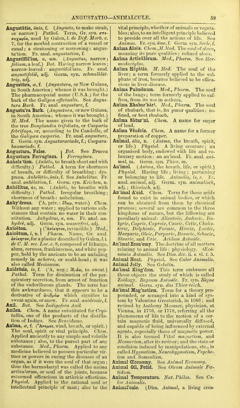 Angustatio, Onis, f. (Angusto, to make strait, or narrow.) Pathol. Term, Gr. syn. are- vox('pia, used by Galen, I. de Biff. Morh. c. 7, i'or tlie morbid contraction of a vessel or canal; a straitening or narrowing : angus- ta'tion. Fr. anal, angustation, f. Angustifol'ius, a, um. {Angustus, narrow; folium, a.\ea{.) Bot. Having narrow leaves; narrow-leaved: angnstifol'iate. Fr. anal. angustifolie, adj. Germ, syn, schmalbldt- trig, adj. Angustura, a, f. {Angustura, or New Guiana, in South America ; whence it was brought.) The pharmacopffiial name (U.S.A.J for the bark of the Galipea officinalis. See Angus- tura Bark. Fr. anal, angustwc, f. Angustu'ra Bark. {Angustitra, ornew Guiana, in South America; whence it was brought.) M. Bled. The name given to the bark of the tree Bonplandia trifoliata, or Cusparia fcbrifuga, or, according to De Candolle, of the Galipcea cusparia. Fr. anal, angustitre, f. Germ. syn. Aiigusturarinde,f.; Cuspara- haumrinde, f. Angustiira, False. i Bot. See Brucea Angustura Ferruginea. J Ferruginea. Anhela'tion. {Anitelo, to breath short and with difficulty.) Pathol. A tenn for shortness of breath, or difficulty of breathing: dys- pncea. Anhelutio,onis,f. See Anhelitus. Fr. anal, anhelation, f. Germ. syn. Keiclien, n. Anhelitus, us, m. {Anheln, to breathe with difficulty.) Pathol. Irregular breathing; shortness of breath: anhelation. Anhy'drous. ('A, priv.: v^aip, water.) Chcm. Vv'itliout any water; apphed to various sub- stances that contain no water in their con- stitution. Anhgdrus, a, um. Fr. anal, an- hi/dre, adj. Germ. syn. ivasscrfrei, adj. Amceton. W'Ayi'/cTjTos, invincible.) Med., Amcetum, i, n.) Phann. Name, Gr. anal. ctvi'/cTjToi/,for a plaster described by Galen, l.i. de C. M. sec. Loc. c. 8, composed of litharge, alum, cerussa, frankincense, and white pep- per, held by the ancients to be an unfailing remedy in achores, or scald-head; it was also called Mesianum. Anidrosis, is, f. (A, neg.; <5/io'ai, to sweat.) Pathol. Term for diminution of the per- spiratory secretion, from arrest of function of the sudoriferous glands. The term has this awkwai'dness, that it appears to be a derivative of aviSpSw which signifies to sweat again, or anew. Fr. anal, anidrosie, f. Anil. Bot. See Indigofcra Anil. Anilen. Chem. A name substituted for Crijs- tallin, one of the products of the distilla- tion of Indigo. See Benzidame. Anima, a, f. (Ai/e/xos, wind, breath, or spirit.) The soul, spirit or vital principle. Chem. Applied anciently to any simple and volatile substance ; also, to the purest part of any substance. Med., Pharm. Applied to any medicine believed to possess particular vii-- tues or powers in curing the diseases of an organ, as if it were the soul of that organ; thus the heiTDodactyl was called the anima articulorum, or soul of the joints, because esteemed efficacious in artliriiic affections. Physiol. Applied to the rational soul or intellectual principle of man; also to the vital principle, whether of animals or vegeta- bles ; also, to an intelligent principle believed to preside over all the actions of life. See Animus. Fr. syn.dwe, f. Germ. syn. Sf^?*', f. AnimaAloes. Chem.,M.Med. The soul of aloes, meaning its pure qualities ; refined aloes. Anima Articiilorum. Med., Pharm. See Her- modactglus. Anima Kipatis. M. Med. The soul of the liver; a term formerly applied to the sul- phate of iron, because believed to be effica- cious in liver-disease. Anima Pulmonum. Med., Pharm. The soul of the lungs ; term formerly applied to eaf- fi-on, from its iise in asthma. Anima Ehabar'bari. 3Icd., Pharm. The soul of rhubarb, that is, its purer qualities : re- fined, or best rhubarb, Anima Satur'ni. Chem. A name for sugar of lead. Anima Veneris. Chem. A name for a former preparation of copper. Animal, alls, n. {Anima, the breath, spirit, or life.) Physiol. A living creature; aa organised body, endowed with life and vo- luntary motion: an an'imal. Fr. anal, ani- mal, m. Germ. syn. Thier, m. An'imal. {Anima, the breath, life, or spirit.) Physiol. Having life ; living ; pertaining or belonging to life. Ammdlis, is, e. Fr. anal, animal, adj. Germ. syn. animalisch, adj.; thierisch, adj. An'imal A'cid. Chem. Term for those acids found to exist in animal bodies, or which can be obtained from them by chemical process; several are common to the three kingdoms of nature, but the following are peculiarly animal: AUantoic, Ambrcic, Bu- tyric, Capric, Caproic, Caseic, Cetic, Cholcs- teric, Delphinic, Formic, Hircic, Lactic, Margaric, Oleic, Purpuric, Rosacic, Sebacic, Stearic, and TJric. Acldum Aniinale. An'imal Econ'omy. The doctiine of all matters relating to animal life : pliysiology. CEcd- nomia Animalis. See Diss. div. ii. s. vi. t. 5, Animal Heat. Physiol. See Calor Animalis. Animal Jelly. See Gelatin. An'imal Kiug'dom. This term embraces all those objects the study of which is called Zoology. Regnum An'iiimle. Fr. syn. Regne animal. Germ. syn. das Thier-reicli. An'imal Mag'netism, Term for a theory pro- pounded, or arranged into a kind of sys- tem by Valentine Greatarick, in 1066 ; and revived by Anthony Mesmer, physician, at Vienna, in 1776, or 1778, referring all the phenomena of life to the motion of a cer- tain magnetic fluid, universally diffused, and capable of being influenced by external agents, especially those of magnetic power. It is also termed Vita.1 magnetism, and Mesmerism, after its reviver; and the state or condition induced by manipulations, etc., is called Hi/jMioHsm, Neurohypnotism, Psyche- ism and Somnolism. Animal CEcoaomy. See Animal Economy. Animal OH, Fetid. See Oleum Animale Fce- tidum. Animal Temperature. Nat. Philos. See Ca- hir Animalis. AnimaiCuie. (Dun. Animal, a Uving crea-