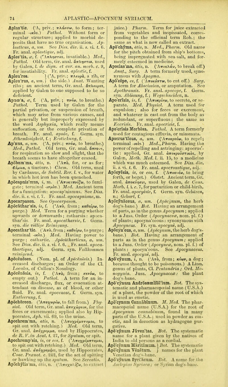 Aplas'tic. ('A, priv.; TrKdaaca, to form ; ter- minal -iKhs.) Pathol. Withont form or regular structure; applied to morbid de- posits that have no true organisation. Ap- lastXcus, a, um. See Diss. div. ii. s. vi. t. C. Fr. anal, aplastique, adj. Aples'tia, cb, f. (■'A7rAi7(TTos, insatiable.) Med., Pathol. Old term, Gr. anal. &ir\-qa-TLa, used by Galen, I. de dign. et cur. an. morh. c. 9, for insatiability. Fr. anal, aplestie, f. Apleu'ros. 1 ('A, priv.; irAevpa, a. rib, or Apleu'rus, a, tim. ] the side.) Anat. Wanting rilis ; an ancient term, Gr. anal. &iT\evpo!, applied by Galen to one supposed to be so deficient. Apace'a, ce, f. ('A, priv. ; ttvcoi, to breathe.) Pathol. Term used by Galen for the partial privation, or suspension of breath, ■which may arise from various causes, and is generally but impropei'ly expressed by tlie word Asphyxia, which really means sufloeation, or the complete privation of breath. Fr. anal, apnee, f. Germ. syn. Athemloaigkeit, f.; Erstickiuig, f. Ap'nus, a, um. ('A, priv.; irye'to, to breathe.) Med., Pathol. Old term, Gr. anal. &Trvoj^, for respiration so slow and slight, that the breath seems to have altogether ceased. Apobam'ma, iitis, n. ('ATrb, for, or as for; Sdij.ua, a tincture.) Cliem. Old term, used by Cardanus, de Subtil. Rer. I. v., for water in wliich hot iron lias been quenched. Apocapnis'mus, i, m. CPL-noK3.irvi^ai, to fumi- g;ite; terminal-itr/iby.) Med. Ancient term JFor a fumigation: apocap'nismus. See Diss. div. ii. s. vi. t. 7. Fr. anal, apocapnisvie, m. Apocarpason. See Opocarpason. Apocathar'sis, is, f. ('Airii, from ; KaBaipai, to purge.) 31ed. Term for a purging whetlier upwards or downwards ; catharsis : apoca- thar'sis. Fr. anal, apocatliarsie, f. Germ, syn. die viillige Rc.inigung. Apocathar'tic. ('Awb, from ; Kadaipw, to purge; terminal -iKhs.) Med. Having power to purge; cathartic. Apocatharticus, a, wn. See Diss. div. ii. s. vi. t. 6. Fr. anal, apoca- thartique, adj. Germ. syn. Vollkoinmeri reinigend. ApSeenoses. (Nom. pi. of Apocendsis.) In- creased discharges; an Order of the Cl. Jyocales, of Cullen's Nosology. Apocenosis, is, f. ('Avrb, from; Kfv6ci), to empty out.) Pathol. A term for an in- creased discharge, flux, or evacuation at- tendant on disease, as of blood, or other fluid. Fr. anal, apocenose, i. Germ. syn. Enth'crung, f. Apochoreon. ('ATroxa'peca, to fall from.) Phy- siol. Old term, Gr. anal. aTrox^peui', for tlia feces or excrements; applied also by Hip- pocrates, Aph. vii. 69, to the urine. Apochrem'ma, atis, n. ('.WoxpfATTo^iai, to spit out with retelling.) Med. Old tonn, Gr. annl. aTrcixpe^/ia, used by Hippocrates, de n. ]\in Acut. t. 27, for Sputum, or spit. Apochremp'sis, is, or eos, f. {'AvoxpffJ-rrTofiai, to spit out with retching.) Med. Old term, Gr. anal. aTri^xpfM'l^) used by Hippocrates, Coac. Pranot. c. 2-L2, for the act of spitting or hawking up tlic sputum. Sec Screalio. Apochylis'raa, ('itis,n. ('Awuxv^'i^u, to extinct juice.) Pharm. Term for juice extracted from vegetables and inspissated, corres- ponding to the officinal term Eob.; the same as what is now called an extract. Apo'ehyma, afi's, n. Med., Pharm. Old name for the pitch obtained from ship's bottoms, being impregnated with sea-salt, and for- merly esteemed in medicine. Apoelas'ma, atis, n. {'AiroKXd'j>, to break off.) Anat., Surg. A term formerly used, syno- nymous with Apagma. Ap5'cope, es, f. ('AiroictiTrTeu, to cut off.) Surg, A term for Abscission, or amputation. See Apothrausis. Fr. anal, apocope, f- Germ, syn. Abliisung, f.; Wegschneiden, n. Apo'crisis, is, f. {'AiroKpivai, to secrete, or se • parate. Med. Physiol. A term used for expulsion; also for feces or excrement, and whatever is cast out from the body as redundant, or superfluous ; the same as Eccrisis. Fr. anal, apocrisie, f. Apo'crisis Morbosa. Pathol. A term formerly used for contagious eliimia, or miasmata. Apocrus'tieus, a, um. ('AiroKpouoi, to repel; terminal-iKos.) Med.,Pharm. Having tiie power of repelling and astringing: apocrus'- tic : apjilied, Gr. anal. airoKpovaTiKos, by Galin, Meth. Med. I. ii. 15, to a mechcine which was much esteemed. See Diss. div. ii. s. vi. t. 6. Fr. anal, apocroustique, adj. Apocyesis, is, or eos, f. {'AiroKveai, to biiiig forth, or beget.) Ohstet. Ancient term, Gr. anal. aivoKvria-is, used by Galen, de Caus. Morh. I. i. c. 7, for parturition or child-birth. Fr. anal, apocijesie, f. Germ. syn. Gebdrcn, n.; Gcburt, f. Apocynaceus, a, um. {Apdcjjnum, the herb dog's-bane.) Bot. Having an arrangement of parts, as in the genus Apocynum ; applied to a Juss. Order (ApocynacecB, nom. pi. f.) of plants; apooyna'ceous : synonymous Avith Aimryneus. Fr. syn. apncyne, adj. Apocyn'eus, a, um. {Apocynum, the herb dog's- bane.) Bot. Having an an-angement of parts as in the genus .4j)oc!/witTO; applied to a Juss. Order {Apocynece, nom. pi. f.) of plants : apocyn'eous. See Apocynaceus. Fr. anal, apocyne, adj. Apo'cynum, i, n. ('Arb, from; kvuv, a dog; because thought to be poisonous.) A Linn, genus of plants, Cl. Pentandria ; Ord. Mo- nogynia. Juss. Apocynacece: the plant dog's-bane. Apo'cynum Androsaemifol'ium. Bot. The sys- tematic and phanuacopaial name (U.S.A.) of a plant, the powder of the root of which is used as emetic. Apo'cynum Cannabinum. M. Bled. The phar- raaeopccial name (U.S.A.) for the root of Apocynum cannabinum, found in many parts of the U.S.A.; used in powder as em- etic, and in decoction as hydi'agogue pur- gative. Apo'cynum Jiiven'tas. Bot. The systematic name for a plant given by the natives of India \,o old persons as a cordial. Apo'cynum Marltimiun. 1 Bot. The systenialic Apo'cynum Venetum. J names for the plant Venetian dog's-bane. Apo'cynum Syri'acum. Bot. A name for the Asvlepias Syriiira ; or Syrian dog's-baiic.