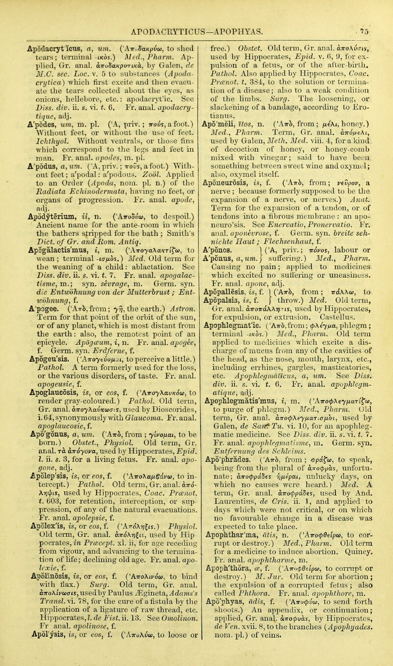 ArODACEYTICUS—ArOPHYAS. •5-5 Apodacryt 1C118, a, urn. {'Air,.SaKp6w, to shed tears; terminal-ikos.) Hied., Pharm. Ap- plied, Gr. anal. dTroSo/cpuTiKcb, by Galen, de M.C. sec. Loc. v. .0 to substances {Apodu- crytica) which first excite and then evacu- ate the tears collected about the eyes, as onions, hellebore, etc.: apodacryt'ic. See Diss. div. ii. s. vi. t. 6. Fr. anal, apodacry- tique, adj. A'podes, um, m. pi. ('A, priv.; ttous,afoot.) Without feet, or without the use of feet. Ichthyol. Without veutrals, or those fins which correspond to the legs and feet in man. Fr. anal, apodes, m. pi. A'podus, a, MOT. ('A,priv.; TTous, afoot.) With- out feet; a'podal: a'podnus. Zodl. Applied to an Order {Apoda, noni. pi. n.) of the Hadiata Echinoderviata, having no feet, or organs of progression. Fr. anal, apode, adj. Apodyterium, ii, n. ('Airooua), to despoil.) Ancient name for the ante-room in which the bathers stripped for the bath ; Smith's Diet, of Gr. and Rom. Antiq. Apogalactis'mus, i, m. ('A7ro7aAafcTif'c<), to wean; terminal-Juntos.) 3Ied. Old term fur the weaning of a child: ablactation. See Diss. div. ii. s. vi. t. 7. Fr. anal, apogalac- tisme,m.; syn. sevrage, m. Germ. syn. die Enticdhnung von der Mutterhrust; Ent- mohnung, f. A'pogee. ('A-rrh, from; 7-/J, the earth.) Astron. Term for that point of the orbit of the sun, or of any planet, which is most distant from the earth: also, the remotest point of an epicycle. Apdgceum, i, n. Fr. anal, apogee, f. Germ. syn. Erdferne, f. Apogeu'sis. ('Airoytvufiai, to perceive a little.) Pathol. A term formerly used for the loss, or the various disorders, of taste. Fr. anal. apogeusie, f. Apoglaucosis, is, or eos, f. {'Avoy\avK6w, to render gray-coloured.) Pathol. Old term, Gr. anal. a.Troy\avKa>ais, used by Dioscorides, i. 64, synonymously with Glaucoma. Fr. anal. apoglaiicosie, f. Apo'gonus, a, um. CAiro, from ; y'tvofiai, to be born.) Obstet., Physiol. Old term, Gr. anal, ra airoyova, used by Hippocrates, Epid. I. ii. s. 3, for a living fetus. Fr. anal, apo- gotie, adj. Apolep'sis, is, or eos, f. {'A-noXaiJ.Sdvo), to in- tercept.) Pathol. Old term, Gr. anal. oittJ- Atji^is, used by Hippocrates, Coac. Prceaot. t. 003, for retention, interception, or sup- pression, of any of the natural evacuations. Fr. anal, apolepsie, f. Apolex'is, is, or eos, f. ('Ar<i\rifis.) Physiol. Old term, Gr. anal. d?rdA7)fis, used by Hip pocrates, in Prcecept. xl. ii, for atje receding from ^^gour, and advancing to the termina- tion of life; declining old age. Fr. anal, apo- Icxie, f. ApolinSsis, is, or eos, f. {'AnoMvoai, to bind with fiax.) Surg. Old term, Gr. anal. oTroAiVwo-tSjUsedby Paulus Mgineia,, Adams's Transl.yi. 78, for the om'e of a fistula by the application of a ligature of raw thread, etc. Hi)ipocrates, I. de Fist. ii. 13. See OmoUnon. Fr anal, apolinose, f. Apol'ysis, is, or cos, f. {'AiruXvw, to loose or free.) Obstet. Old term, Gr. anal. d7ro\uiTis, used by Hippocrates, Epid. v. (i, 9, for ex- pulsion of a fetus, or of the atter-birth. Pathol. Also apphed by Hippocrates, Coac. Pr(cnot. t. 384, to the solution or termina- tion of a disease; also to a weak condition of the limbs. Surg. The loosening, or slackening of a bandage, according to Ero- tianus. Apo'meli, fios, n. ('Airb, from; ;U6Ai, honey.) Med., Pharm. Term, Gr. anal. a-K6ije\i, used by Galen, Meth. Bled. viii. 4, for a kind of decoction of honey, or honey-comb mixed with vinegar; said to have been something between sweet wine andoxymel; also, oxymel itself. Aponeurosis, is, f. {'Airh, from; pevpov, a nerve ; because formerly supposed to be the expansion of a nerve, or nerves.) Aiiat. Tenn for the expansion of a tendon, or of tendons into a fibrous membrane : an apo- neiu'o'sis. See Enervatio, Pronervatio. Fr. anal, aponevrose, f. Gerai. syn. hreite seh- nichte Haut ; Flechsenhaut, f. A'ponos. \ ('A, priv.; ir6vos, labour or A'pcnus, a, ttm. j suffering.) Bled., Pharm. Causing no pain; applied to medicines which excited no sutfering or uneasiness. Fr. anal, apone, adj. Apopallesis, is, f. 1 ('Airb, from ; vAwoi, to Apopalsis, is, f. [ throw.) Bled. Old term, Gr. anal, airoirdwri-^ts, used by Hippocrates, for expulsion, or extrusion. Castellus. Apophlegmat'ie. ('A7r6,from; ^K^yna, phlegm; termuial -i/cos.) Med., Pharm. Old term applied to medicines which excite a dis- charge of mucus from any of the cavities of the head, as the nose, mouth, larynx, etc., including errhines, gargles, masticatories, etc. Apophlegmailcus, a, um. See Diss, div. ii. s. vi. t. 6. Fr. anal, apophlcgm- atique, adj. Apophlegmatis'mus, i, m. {'Airo<p\ey/j.aTl^a>, to purge of phlegm.) Bled., Pharm. Old term, Gr. anal. ano(pXeynaTi<Tfios, used by Galen, de Sanf^ Tu. vi. 10, for an apophleg- matic medicine. See Diss. div. ii. s. \i. t. 7. Fr. anal, apophlegmatisme, m. Germ. sja. Entfi'rnuiig des Schlcims. Apo'piirades. ('Airh, from; (tpafw, to speak, being from the plural of ajrocppay, unfortu- nate; aiT0(ppd5es Tj/x^pat, imlucky days, on which no causes were heard.) Med. A term, Gr. anal. airo^pdSes, used by And. Lauren tins, de Oris. ii. 1, and applied to days which were not critical, or on which no favourable change in a disease was expected to take place. Apophthar'ma, ruis, n. ('Avo<p6dpai, to cor- rupt or destroy.) Bled., Pharm. Old term for a medicine to induce abortion. Quincy. Fr. anal, apophtharme, m. Apoph'thora, <re, f. {'Airii(p0(ipa>, to corrupt or destroy.) BI. Jur. Old term for abortion; the expulsion of a corrupted fetus ; also called Phthora. Fr. anal, apophthore, m. Apo'phyas, itdis, f. {'A-nutpvoi, to send forth shoots.) An appendix, or continuation; applied, Gr. anal, a-nocfivas, by Hippocrates, de Veil. xvii. 8, to the branches {Apophyades. nom. pi.) of veins.