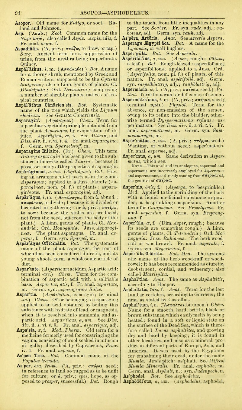 Asopor. Old name for Fuligo, or soot. Eu- land and Johnson. Asp. ('Acrjris.) Zodl. Common name for the Naja haje; also called Aspic. Aspis, idis, f. Fr. anal, aspic, f. Aspadialis. ('A, priv.; airafcB, to draw, or tap.) Surg. Ancient term for a suppression of urine, from the urethra being imperforate. (iuincy. Asparathus, i, m. ('A(riraAa0os.) Bot. A name for a thorny shrab, mentioned by Greek and Roman writers, supposed to be the Cytisus lanigcrus ; also a Linn, genus of plants, CI. Diadelphia ; Ord. Decandria ; comprising a number of shrubby plants, natives of tro- pical countries. Aspal'athus Canarien'sis. Bot. Systematic name of the tree which yields the Lijnxun rhodium. See Genista Canariensis. Asparagin'. (Aspili-dgus.) Chem. Term for a peculiar vegetable principle obtained from the plant Asparagus, by evaporation of its juice. AspiirCufina, cb, f. See Althein, and Diss. div. ii. s. vi. t. 4. Fr. anal, asparagine, f. Germ. syn. Spa.rfielstoff, m. Asparagine Biiiaire. (Fr.) Chem. This term Biliary asparagin has been given to the sub- stance otherwise called Tauriii; because it possesses many of the properties of asparagin. Asparagineus, a, ?m. (Aspv-dgus) Bot. Hav- ing an arrangement of parts as in the genus Asparagus ; applied to a .Juss. Family {As- paraginea, nom. pi. f.) of plants: aspara- gin'eous. Fr. anal, asparagine, adj. Aspar'agus, i, m. {'ATirdpayos, from a, abund.; o-trapd^crco, to divide ; because it is divided or lacerated in gathering ; or d, priv.; (nrupoi, to sow; because the stalks are produced, not from the seed, but from the body of the plant.) A Linn, genus of plants, CI. Hex- andria; Ord. Monogynia. Juss. Asparagi- nece. The plant asparagus. Fr. anal, as- perge, f. Germ. syn. Spar gel, m. Aspar'agus Officinalis. Bot. The systematic name of the plant asparagus, the root of which has been considered diuretic, and its young shoots form a wholesome article of diet. Aspar'tate. (Asparncum acidum, Aspartic acid; terminal -ate.) Chem. Term for the com- bination of aspartic acid with a salifiable base. Aspar'tas, dtis, f. Fr. anal, aspartate, m. Germ. syn. asparagsaure Salze. Aspar'tic. {Aspnrngina, asparagin ; terminal -ic.) Chem. Of or belonging to asparagin ; applied to an acid obtained by boiling this substance with hydrate of lead, or magnesia, when it is resolved into ammonia, and as- partic acid. Aspar'tlcus, a, um. See Diss, div. ii. s. vi. t. fi. Fr. anal, a'ipartique, adj. Aspa'sia, «, f. Med.,Pharm. Old term for a medicine formerly used for constringing the vagina, consisting of wool soaked in infusion of galls; described by Capivaccius, Frax. iv. 4. Fr. anal, aspasie, f. As'pen Tree. Bot. Common name of the Populus trcmula. As'per, era, crum. ('A, priv.; a-ir6pos, seed ; in reference to land so rugged as to be unfit for culture; or d, priv.; sjyes, hope, as op- posed to prosper, successful.) Bot. Rough to the touch, from little inequalities in any part. See Scaber. Fr. syn. rude, adj.; ra- boteux, adj. Germ. syn. rauh, adj. As'pera, Arteria. Anat. See Arteria Aspera. Asperago .ffigypti'aca. Bot. A name for the Lycopsis, or wall-bugloss. Asper'giila. Bot. See Asperula. Asperifol'ius, a, um. [Asper, rough ; folium, a leaf.) Bot. Rough-leaved : asiDeriforiate, or asperifol'ious; applied to a Juss. Ord. (Aspieri/oliee, nom. pi. f.) of plants, of this nature. Fr. anal, asperifolie, adj. Germ, syn. raspelbldttrig, adj.; rauhbldltrig, adj. Aspermasia, <E, f. ('A, priv.; (TTrepua. seed.) Pa- thol. Term for a want or deiicleucy of semen. Aspermatis'mus, i, m. ('A, priv.; o-Tre'p/io, seed; terminal laixos.) Physiol. Term for the absence, or non-emission of the semen, owing to its reflux into the bladder, other- wise termed Dyspermatismus rejiaus : as- per'matism. • See Diss. div. ii. s. vi. t. 7. Fr. anal, aspermatisme, m. Germ. syn. Sam- menmarigel, m. Asper'matus, a, um. ('A, priv.; airipiia, seed.) Wanting, or -without seed: asper'matous. Fr. anal, aspcrme, adj. Asper'mus, a, um. Same derivation as Asper- viiitus, which see. Note.—This word and its analogues, aspermal and aspermous, are incorrectly employed for Aspe.rmatiiis and aspermatons.as directly coming from Jf^p/iaros, the genitive of arirepfta. Asper'sio, fmis, f. (Aspergo, to besprinkle.) Bled. Applied to the sprinkling of the body with a liquid medicinal substance or pow- der ; a besprinkling: asper'sion. Another term for Catapasma. See Prosclysma. Fr. anal, aspersion, f. Germ. syn. Bespreng- ung, f. Asper'iila, es, f. (Dim. Aspei; rough ; because its seeds are somewhat rougli.) A Linn, genus of plants, CI. Tetrandria; Ord. Mo- nogynia. Juss. Rubiacecs. The herb wood- ruff or wood-rowel. Fi% anal, asperule, f. Germ. sjti. Megcrkraut, f. Asper'iila Odorata. Bot., Med. The system- atic name of the herb wood ruflf or wood- rowel ; it has been recommended as diuretic, deobstrnent, cordial, and vulnerary; also called Matrisylva. Asphal'tias. Anat. The same as Asphaltitis, according to Hooper. Asphaltitis, idis, f. Anat. Term for the last lumbar vertebra, according to Gorrifius; the first, as stated by Castellus. Asphal'tum, 1, n. ('A<r<f)o\Tos,bitumen.) Chem. Name for a smootli, hard, brittle, black or brown substance, which easily melts by being heated; found in a soft or liquid state on the surface of the Dead Sea, which is there- fore called Lacus asphaltites, and growing dry and hard by keeping; it is found in other localities, and also as a mineral pro- duct in different parts of Europe, Asia, and America. It was used by the Egyptians for embalming their dead, under tlie name Mumia. Jew's pitch : as'phalt. Sec Blifres, Mumia Mineralis. Fr. anal. asphaUe, m. Germ. anal. Asphalt, n.; 9.\n. Judcnpcch,n. As'phodel. Bot. See Asphodelus. Asphodel'eus, a, um. {Aspliodi'lus, aspliodel,