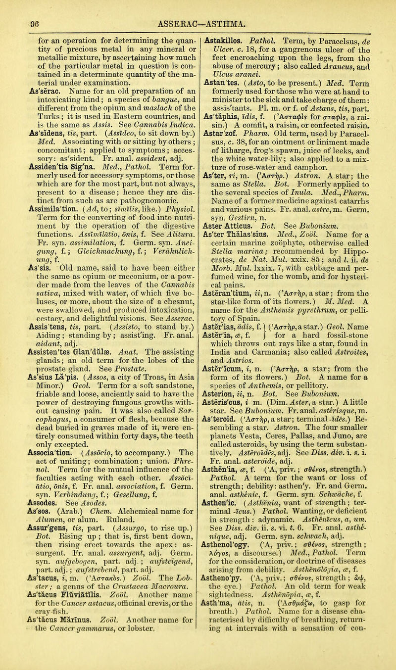 for an operation for determining the quan- tity of precious metal in any mineral or metallic mixture, by ascertaining how much of the particular metal in question is con- tained in a determinate quantity of the ma- terial under examination. As'serac. Name for an old preparation of an intoxicating land; a species of bangue, and different from the opium and maslach of the Turks ; it is used in Eastern countries, and is the same as Assis. See Cannabis Indica. As'sidens, tis, part. {Assldeo, to sit down by.) Med. Associating with or sitting by others ; concomitant; applied to symptoms ; acces- sory: as'sident. Fr. anal, assident, adj. Assiden'tia Sig'na. Med., Pathol. Term for- merly used for accessory symptoms, or those which are for the most part, but not always, present to a disease; hence they are dis- tinct from such as ai'e pathognomonic. Assimila'tion. {Ad, to; simtlis, like.) Physiol. Term for the converting of food into nutri- ment by the operation of the digestive functions. AssimiUitio, onis, f. See Alitura. Fr. syn. assimilation, f. Germ. syn. Anei- gung, f.; Gleichmachung, f.; Verdhnlich- ung, f. As'sis, Old name, said to have been either the same as opium or meconium, or a pow- der made from the leaves of the Cannabis sativa, mixed with water, of which five bo- luses, or more, about the size of a chesnut, were swallowed, and produced intoxication, ecstacy, and delightful visions. See Asserac. Assis'tens, tis, pai-t. {Assisto, to stand by.) Aiding ; standing by; assist'ing. Fr. anal. aidant, adj. Assisten'tes Glan'diilaB. Anat. The assisting glands; an old term for the lobes of the prostate gland. See Prostate. As'sius La'pis. {Assos, a city of Troas, in Asia Minor.) Geol. Term for a soft sandstone, friable and loose, anciently said to have the power of destroying fungous growths with- out causing pain. It was also called Sar- cophagus, a consumer of flesh, because the dead buried in graves made of it, were en- tirely consumed within forty days, the teeth only excepted. Associa'tiou. (y4ss6cio, to accompany.) The act of uniting; combination; union. Phre- nol. Term for the mutual influence of the faculties acting with each other. Assdcl- atio, onis, f. Fr. anal, association, f. Germ. fijn. Verbindun;), {.; Gesellung,f. Assodes. See Asodes. As'sos. (Arab.) Chem. Alchemical name for A lumen, or alum. Euland. Assur'gens, tis, part. {Assurgo, to rise up.) Bot. Eising up ; that is, first bent down, then rising erect towards the apex: as- surgent. Fr. anal, assurgcnt, adj. Germ, syn. aufgebogen, part. adj.; au/steigend, part. adj.; aufstrebend, part. adj. As'tacus, i, m. {'KataKhs.) Zodl. The Lob- ster; a genus of the Crustacea Macroura. As'tacus Fliiviatilis. Zoiil. Another name for the Cancer a.siaCMS,officinal crevis,orthe Cray-fisli. As'tacus Marinus. Zo'ol. Another name for the Cancer gainmams, or lobster^ Astakillos. Pathol. Term, by Paracelsus, de Ulcer, c. 18, for a gangrenous ulcer of the feet encroaching upon the legs, from the abuse of mercury; also called Araneus, and Ulcus aranei. Astan'tes. (Asto, to be present.) Med. Term formerly used for those who were at hand to minister to the sick and take charge of them: assis'tants. PI. m. or f. of Astans, tis, part. As'taphis, idis, f. ('A<Tra((>h for crTa(pls, a rai- sin.) A comfit, a raisin, or confected raisin. Astar'zof. Pharm. Old term, used by Paracel- sus, c. 38, for an ointment or liniment made of litharge, frog's spawn, juice of leeks, and the white water-lily; also applied to a mix- ture of rose-water and camphor. As'ter, rz, ra. ('AcrT^jp.) Astron. A star; the same as Stella. Bot. Formerly applied to the several species of Inula. Med., Pharm. Name of a former medicine against catarrhs and various pains. Fr. anal, astre, m. Germ, syn. Gestirn, n. Aster Atticus. Bot. See Bubonlum. As'ter Thalas'sius. Med., Zodl. Name for a certain marine zoophyte, otherwise called Stella marina; recommended by Hippo- crates, de Nat. Mul. xxix. 85 ; and I. ii. de Morb. Mul. Ixxix. 7, with cabbage and per- fumed wine, for the womb, and for hysteri- cal pains. Asteran'tium, it, n. ('AuT'Jjp, a star; from the star-like form of its flowers.) 31. Med. A name for the Anthemis pyrethrum, or pelU- tory of Spain. Aster'ias, adts, f. 1 ('A(rT^)p,astar.) Geol. Name Aster'ia,f. j for a hard fossil-stone which throws out rays like a star, found in India and Carmania; also called Astroites, and Astrios. Aster'icum, i, n. ('AjtV, a star; from the form of its flowers.) Bot. A name for a species of Anthemis, or pellitory. Asterion, ii, n. Bot. See Bubonium. Asteris'cus, i m. (Dim. Aster, & st&x.) A little star. See Bubonium. Fr. anal, asterisque, m. As'teroid. ('Ao-Tiip, a star; terminal-rd!es.) Ee- sembhng a star. Astron. The four smaller planets Vesta, Ceres, Pallas, and Juno, are called asteroids, by using the term substan- tively. Asteroldes,a,d}. See Diss. div. i. s. i. Fr. anal, asterdide, adj. Asthenia, ce, f. ('A, priv.; adefos, strength.) Pathol. A term for the want or loss of strength; debility: asthen'y. Fr. and Germ, anal, asthenic, f. Germ. syn. Schicache, f. Asthenic. {Asthenia, v/axit of strength; ter- minal-?c«s.) Pathol. Wanting, or deficient in strength : adjTiamic. Asthenicus, a, xim. See Diss. div. ii. s. vi. t. 6. Fr. anal, asthe- nique, adj. Germ. syn. schwach, adj. Asthenol'ogy. ('A, priv.; (rdivos, strength ; }^6yos, a discourse.) Med., Pathol. Tenn for tlie consideration, or doctrine of diseases arising from debihty. AsthenOlojia, (C, f. Astheno'py. ('A, priv.; adivos, strength ; ftij/, the eye.) Pathol. An old term for weak sightedness. Asthenopia, a, f. Asth'ma, ntis, n. KaBfid^ai, to gasp for brenth.) Pathol. Name for a disease cha- i-acterised by difficulty of breathing, return- ing at intervals with a sensation of cou-