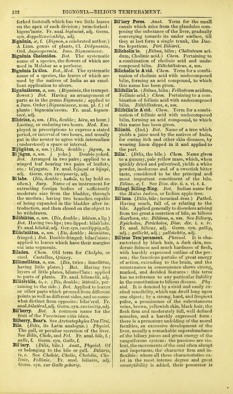 1S2 BIGNONIA—BILIOUS TEMPERAMENT. forked footst alk whioli has two little leaves on the apex of each division ; twin-forked: bigem'inate. Fr. anal. 6i.9emiMe, adj. GeiTn. syn. doppeltziveizcihlig, adj. Bignonia, a, f. (Bignon,a celebrated author.) A Linn, genus of plants, CI. Didynamia, Ord. Anrjinspermia. Juss. Bii/noniacece. Bignonia Chelonides. Bot. The systematic name of a species, the fiowers of which are used in Malabar as a perfume. Bignonia In'dica. Bot., Med. The systematic name of a species, the leaves of which are used by the natives of India as an emol- lient application to ulcers. Biguoniaceus, a, urn. (ififynoma, the trumpet- flower.) Bot. Having an an-angement of parts as in the genus Bignonia ; applied to a Juss. Order {Bignoniacea, nom. pi. f.) of plants : bignonia'ceous. Fr. anal, bignon- iace, adj. Eihorius, a, um. (Bis, double; Mr a, an hour.) Lasting, or enduring two hours. Med. Em- ployed in prescriptions to express a stated period, or interval of two hom-s, and usually put in the neuter to agree with intervallum (understood) a space or interval. Bijugatus, a, um. ] {Bis, double ; jugum, a Bi'jugus, a, um. ) yoke.) Double-yoked. Bot. Arranged in two pairs; applied to a ■winged leaf bearing two pairs of leaflet*, etc.: bi'jugate. Fr. anal, hijuyue or hijuge, adj. Germ. syn. zweipaarig, adj. Bi'labe. (Bis, double ; Aageic, to lay hold on often.) Surg. Name of an instrument for extracting foreign bodies of sufficiently moderate size from the bladder, through the urethra; having two branches capable • of being expanded in the bladder after in- troduction, and then closed on the object to be withdrawn. Bilabiatus, a, um. (Bis, double ; Uihium, a lip.) Bot. Having two lips; two-lipped: bilab'iute. Fr. anal.btZafci'e,adj. Ger.syn.ziveili2>pig,A(\i. Ellacmiatus, a, MOT. (JBis, double ; lacinidtus, fringed.) Bot. Donble-fiinged: bilaci'niate; applied to leaves which have their margins cut into segments. Biladen. Chem. Old tei-m for Chalijbs, or steel. Castellus, Qnincy. Eilamellatus, a, um. (Bis, twice ; lamelUitus, having little plates.) Bot. Having two layers of little plates, bilamel'late: applied to parts of plants. Fr. anal, hilamelle, adj. Bilateralis, is, e. (Bis, double; Intendis, per- ■ taining to the side.) Bot. Applied to leaves or other parts which proceed from different points as well as different sides, and so some- what distinct from ojiposite: bilat'eral. Fr. AX\2L\.hilateral,&Ay Germ.syn.zweiseitig,a.A]. Bil'berry. Bot. A common name for the fruit of the Vaecinium vitis idaa. Bilberry, Bear's. See Arctostaphylos Uva Ursi. Bile. (B'llis, its Latin analogue.) Plujsiol. The gall, or peculiar secretion of the liver. See Bilis, Chole, and Fel. Fr. anal, bile, f.; galle, f. Germ. syn. Galle, f. Bil'iary. (BUis, bile.) Anat., Physiol. Of or belonging to the bile or gall. Btlidris, is, e. See Choleic, Cholic, Chololic, Cho- linic, Fcllinic. Fr. anal, biliaire, adj. Germ. syn. eur Galle gehiirig. Bil'iary Pores. Anat. Term for the small canals which arise from the glandules com- posing the substance of the Uver, gradually converging towards its under surface, till they at last form a single trunk, the i)«c- tus hepaticus. Pari Blliurii. Bilicbolin'ic. (B'dina, bilin; Ch/iVimeum aci- dum, Cholinic acid.) Chem. Pertaining to a combination of cholinic acid and unde- composed bilin. Blticholinlcus, a, um. BUieholin'ic A'cid. Chem. Term for a combi- nation of cholinic acid with undecomposed bilin, forming an acid compound, to which this name has been given. Bilifellin'ic. (Bilina,h\\m; Felliiiicumaclinm, Fellinic acid.) Chem. Pertaining to a com- bination of fellinic acid with undecomposed bilin. Bilifcllvnicus, a, um. Bilifellin'ic A'cid. Chem. Term for a combi- nation of fellinic acid with undecomposed bilin, forming an acid compound, to which this name has been given. BUimbi. (Ind.) Bot. Name of a tree which yields a juice used by the natives of India, for curing itch and other skin diseases, by wearing linen dipped in it and applied to the part. Bilin'. (Bilis, the bile.) Chem. Name given to a gummy, pale yellow mass, which, when quickly dried and pulverised, yields a white powder, inodorous and of a sweetish bitter taste, considered to be the principal and most important constituent of the bile. Blllnn, a, f. See Diss. div. ii. s. vi. t. 4. BUiiigi Billing-Bing. Bot. Indian name for the Blalus Indica, or Indian apple-tree. Bil'ious. (£iZts,bLle; terminal-osits.) Pathol. Having much, full of, or relating to the bile. Applied generally to disorders arising from too great a secretion of bile, as bilious diai'rhoea, etc. BiliOsus, a, um. SeeBilianj, Epicholos, Pericholos, Diss. div. i. s. iv. Fr. anal, bilieux, adj. Germ. syn. gallig, adj.; galUcht, adj.; gallsuchtig, adj. Bil'ious Tem'perament. Phrenol. It is cha- racterized by black hair, a dark skin, mo- derate fulness and much hardness of Hesh, with harshly expressed outline of the per- son ; the functions partake of great energy of action, extending to the brain, and the countenance iu consequence shows strong, marked, and decided features : this term has no reference to any particular liability in the constitution to bilious disease. Phg- siol. It is denoted by a vivid and easily ex- cited sensibility, which can dwell long ujion one object; by a strong, hard, and frequent pulse, a prominence of the subcutaneous veins, brown, yellowish sldn, black hair, the flesh hrm and moderately full, well defined muscles, and a harshly expressed form : there is a premature unfolding of the moral faculties, an excessive development of tho liver, usually a remarkable superabundance of the biliary juices and great energy of the sanguiferous system : the passions are vio- lent, the movements of the soul often abrupt and impetuous, the character firm and in- flexible : wliere all these characteristics ex- ist in the most intense degree and great susceptibilily is added, their possessor is