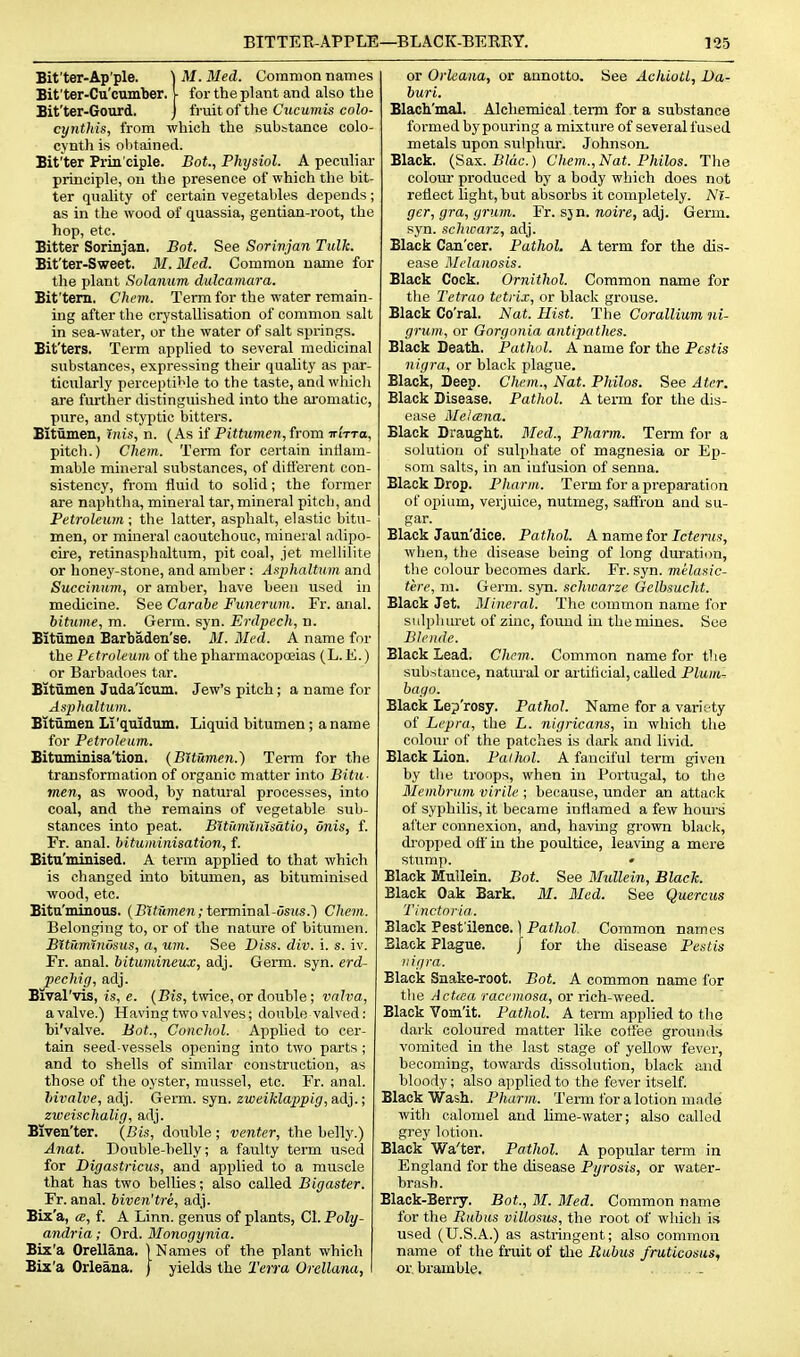 Bit'ter-Ap'ple. ) M. Bled. Common names Bit'ter-Cu'cumber. • for the plant and also the Bit'ter-Gourd. j irmt otthe Cucumis colo- cynthis, from which the sub&tance colo- cynth is olitained. Bit'ter Prin ciple. Bot., Physiol. A peculiar principle, on the presence of which the bit- ter quality of certain vegetables depends ; as in the wood of quassia, gentian-root, the hop, etc. Bitter Sorinjan, Bot. See Sorinjan Tulk. Bit'ter-Sweet. M. Med. Common name for the plant Solanum dulcamara. Bit'tem. Chem. Term for the water remain- ing after the crystallisation of common salt in sea-water, or the water of salt springs. Bit'ters. Term applied to several medicinal substances, expressing their quality as par- ticularly perceptible to the taste, and which are further distinguished into the ai-omatic, pure, and styptic bitters. Bitumen, 'mis, n. (As if PitfM7ne7?,from'7rrTTa, pitch.) Chem. Term for certain indam- mable mineral substances, of different con- sistency, from fluid to solid; the former are naphtha, mineral tar, mineral pitch, and Petroleum ; the latter, asphalt, elastic bitu- men, or mineral caoutchouc, mineral adipo- cire, retinasphaltum, pit coal, jet melHlite or honey-stone, and amber: Asphaltum and Succinum, or amber, have been used in medicine. See Carahe Funerum. Fr. anal. hitume, m. Germ. syn. Erdpech, n. Bitiiinen Barbaden'se. M. Med. A name for the Petroleum of the pharmacopoeias (L.E.) or Barbadoes tar. Bitumen Juda'icum. Jew's pitch; a name for Asphaltum. Bitilmen Li'quidum. Liquid bitumen ; a name for Petroleum. Bituminisa'tion. {Bitumen.) Term for the transformation of organic matter into Bitu- men, as wood, by natural processes, into coal, and the remains of vegetable sub- stances into peat. BitUminXsatio, onis, f. Fr. anal, hituminisation, f. Bitu'minised. A term applied to that which is changed into bitumen, as bituminised wood, etc. Bitu'minous. (Bitumen; termmal-usus.) Chem. Belonging to, or of the nature of bitumen. BXtummvsus, a, um. See Diss. div. i. s. iv. Fr. anal, bitumineux, adj. Germ. syn. erd- pechig, adj. Bival'vis, is, e. {Bis, twice, or double; valva, a valve.) Having two valves; double valved: bi'valve. Bot., Conchol. Applied to cer- tain seed-vessels opening into two parts; and to shells of similar construction, as those of the oyster, mussel, etc. Fr. anal. liivalve, adj. Germ. syn. zweiklappig, adj.; zweischalig, adj. Biven'ter. {Bis, double ; venter, the belly.) Anat. Double-helly; a faulty term used for Digastricus, and apjilied to a muscle that has two bellies; also called Bigaster. Fr. anal, biven'tre, adj. Bix'a, a, f. A Linn, genus of plants, CI. Poly- andria; Ord. Monogynia. Bix'a Orellana. ] Names of the plant which Bix'a Orleana. ) yields the Terra Orellana, I or Orleana, or annotto. See Achioll, Da- buri. Blach'mal. Alclifimical term for a substance formed by pouring a mixture of several fused metals upon sulpliur. Johnson. Black. (Sax. Blue.) Chem., Nat. Philos. The colour produced by a body which does not reflect light, but absorbs it completely. Ni- ger, gra, grum. Fr. syn. noire, adj. Germ, syn. schicarz, adj. Black Can'cer. Pathol. A term for the dis- ease Melanosis. Black Cock. Ornithol. Common name for the Tetrao tetrix, or black grouse. Black Co'ral. Nat. Hist. The Corallium ni- grum, or Gorgonia antipathes. Black Death. Pathol. A name for the Pestis nigra, or black plague. Black, Deep. Chem., Nat. Philos. See Atcr. Black Disease. Pathol. A term for the dis- ease Melana. Black Draught. Med., Pharm. Term for a solution of sulphate of magnesia or Ep- som salts, in an infusion of senna. Black Drop. Pharm. Term for a preparation of opium, verjuice, nutmeg, saffron and su- gar. Black Jaun'dice. Pathol. A name for Icterus, when, the disease being of long duration, tlie colour becomes dark. Fr. syn. melaitic- tire, m. Germ. syn. schwarze Gelbsucht. Black Jet. Mineral. The common name for sulphuret of zinc, found in the mines. See Blende. Black Lead, Chem.. Common name for the substance, natural or artificial, called Plum, bago. Black Lep'rosy. Pathol. Name for a variety of Lepra, the L. nigricans, in wliich the colour of the patches is dark and livid. Black Lion. Palhol. A fanciful term given by the troops, when in Portugal, to the Memhrum virile ; because, under an attack of syphilis, it became inflamed a few hours after connexion, and, having grown black, di-opped oft' in the poultice, leaving a mere stump. • Black Mullein. Bot. See Mullein, Black. Black Oak Bark. M. Med. See Quercus Tinctorin. Black Pest ilence. 1 Pathol. Common names Black Plague. J for the disease Pestis nigra. Black Snake-root. Bot. A common name for the AcUca racemosa, or rich-weed. Black Vomit. Pathol. A term applied to the dark coloured matter like coffee grounds vomited in the last stage of yeUow fever, becoming, towards dissolution, black and bloody; also applied to the fever itself. Black Wash. Pharm. Term for a lotion made with calomel and lime-water; also called grey lotion. Black Wa'ter. Pathol. A popular term in England for the disease Pyrosis, or water- brash. Black-Berry. Bot., M. Med. Common name for the Ruhus villosus, the root of wliich is used (U.S.A.) as astringent; also common name of the fruit of the Rubus fruticosus, or. bramble.