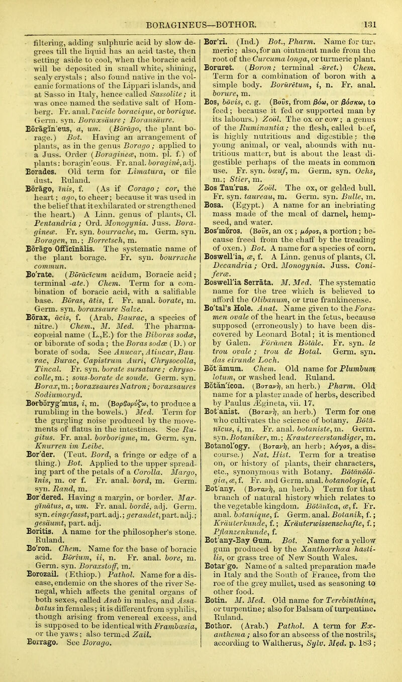 filtering, adding sulphuric acid by slow de- grees till the liquid has an acid taste, then setting aside to cool, when the boracic acid will be deposited in small white, shining, scaly crystals ; also found native in the vol- canic formations of the Lippari islands, and at Sasso in Italy, hence called Sassolite; it was once named the sedative salt of Hom- berg. Fr. anal. I'acide horacique, or borique. Germ. syn. Boraxadure ; Boraiisaiire. Eoragin'eus, a, um. {BOrfigo, the plant bo- rage.) But. Having an arrangement of plants, as in the genus Bora/jo ; applied to a Juss. Order {Boraginece, nom. pi. f.) of plants: boragin'eous. Fr. anal, horagini, adj. Borades. Old term for Limatura, or file dust. Kuland. Borago, uiis, f. (As if Corago; cor, the heai-t; ago, to cheer; because it was used in the behef that itexhilarated or strengthened the heart.) A Linn, genus of plants, CI. Pentandria ; Ord. Monogynia. Juss. Bora- ginece. Fr. syn. boitrrache, m. Germ. syn. Boragcn, m.; Borretsch, m. Borago Officinalis. The systematic name of the plant borage. Fr. syn. bourrache commun. Bo'rate, (Bdrdcicum acidam, Boracic acid; terminal -ate.) Chem. Term for a com- bination of boracic acid, with a salifiable base. Boras, atis, f. Fr. anal, borate, m. Germ. syn. boraxsaure Salze. Boraz, acis, f. (Arab. Baurac, a species of nitre.) Chem., M. Med. The pharma- copieial name (L.,E.) for the Biboras soda, or biborate of soda; the Boras sodce (D.) or borate of soda. See Anucar,Atiiicar,Bati- rac, Burac, Capistrum Auri, ChrysocoUa, Tincal. Fr. syn. borate siirsature; cliryso- colle,TO..; sous-borate de sonde. Germ. syn. Borax,m.; boraxsauresNatron; boraxsaures Sodiumoxyd. Borboryg'mus, i, m. {BopSopi^co, to produce a rumbling in the bowels.) Med. Tenn for the gurgling noise produced by the move- ments of flatus in the intestines. See Ra- gitus. Fr. anal, borborigme, m. Germ. syn. Knurren im Leibe. Bor'der. (Teut. Bord, a fringe or edge of a thing.) Bat. Applied to the upper spread- ing part of the petals of a Corolla. Margo, inis, m. or f. Fr. anal, bord, m. Germ, syn. Rand, m. Bor'dered. Having a margin, or border. Mar- ginatus, a, um. Fr. anal, borde, adj. Germ, syn. eingefasst,Y>avt adj.; geraiidet,pa.rt. adj.; gesdumt, pai't. adj. Boritis. A name for the philosopher's stone. Ruland. Bo'ron. Chem. Name for the base of boracic acid. Bi/rium, ii, n. Fr. anal, bore, m. Germ. syn. Boraxstoff, m. Borozail. (Ethiop.) Pathol. Name for a dis- ease, endemic on the shores of the river Se- negal, which affects the genital organs of both sexes, called Asab in males, and Assa- batus in females; it is different from syphilis, though arising from venereal excess, and is supposed to be identical with i^'ram&cesi'a, or the yaws; also termc;d Zail. Borrago. See Borago. Bor'ri. (Ind.) Bot., Pharm. Name for tur- meric; also, for an ointment made from the root of the Curcuma longa, or turmeric plant. Boruret. {Boron; terminal -uret.) Chem. Term for a combination of boron with a simple body. Boruretum, i, n. Fr. anal. borure, m. Bos, bovis, c. g. (BuCs, from ^6a, or $6irKo}, to feed; because it fed or sup)ported man by its labom's.) Zoiil. The ox or cow; a genus of the Ruminantia; the flesh, called b. ef, is highly nutritious and digestible: tlie young animal, or veal, abounds with nu- tritious matter, but is about the least di- gestible perhaps of the meats in common use. Fr. syn. bauf, m. Germ. syn. Ochs, m.; Stier, m. Bos Tau'rus, Zoiil. The ox, or gelded buU. Fr. syn. taureau, m. Germ. syn. Bulle, m. Bosa. (Egypt.) A name for an inebriating mass made of the meal of darnel, hemp- seed, and water. Bos'moros. (BoDs, an ox; n6pos, a portion ; be- cause freed from the chatf by the treading of oxen.) Bot. A name for a species of corn. Boswell'ia, <b, f. A Linn, genus of plants, CI. Decandria; Ord. Monogynia. Juss. Coni- fers. Boswell'ia Serrata. M.Med. The systematic name for the tree which is believed to aiford the Olibanum, or true frankincense. Bo'tal's Hole. Anat. Name given to thei'o?'a- men ovale of the heart in the fetus, because supposed (erroneously) to have been dis- covered by Leonard Botal; it is mentioned by Galen. Foramen Botale. Fr. syn. le trou ovale; trou de Botal. Germ. syn. das eirunde Loch. Bot'amum. Chem. Old name for Plumbum lotum, or washed lead. Ruland. Botan'icon. (Boravr], an herb.) Pharm. Old name for a plaster made of herbs, described by Paulus zEgineta, vii. 17. Bot anist. {Qoravri, an herb.) Term for one who cultivates the science of botany. Bota- nicus, i, m. Fr. anal, botaniste, m. Germ, syn. Boianifter, m.; Krauterverstandiger, m. Botanol'ogy. {Borav^, an lierb; \6yos, a dis- course.) Nat. Hist. Term for a treatise on, or histoiy of plants, their characters, etc., synonymous with Botany. BOtanolo- gia,ce,i. Fr. and Germ. anal. 6ota?ioZo5'ie,f, Bofany. {Borav)}, an herb.) Term for that branch of natural history which relates to the vegetable kingdom. Bdtdnica, ce, f. Fr. anal, botanique, f. Germ. anal. Botanik, f.; Krduterkunde, f.; Krduterwissenschafte, f.; Pjlanzcnkunde, f. Bot'any-Bay Crum. Bot. Name for a yellow gum pioduced by the Xanthorrhoea hasti- Us, or grass tree of New South Wales. Botar go. Name of a salted preparation made in Italy and the South of France, from the roe of the grey mullet, used as seasoning to other food. Botiu. ill. 3Ied. Old name for Terebinthina, or turpentine; also for Balsam of turpentine. Ruland. Bothor. (Arab.) Pathol. A term for Ex- anthema ; also for an abscess of the nostrils, according to Waltherus, Sylv. Med. p. Ib3 ;